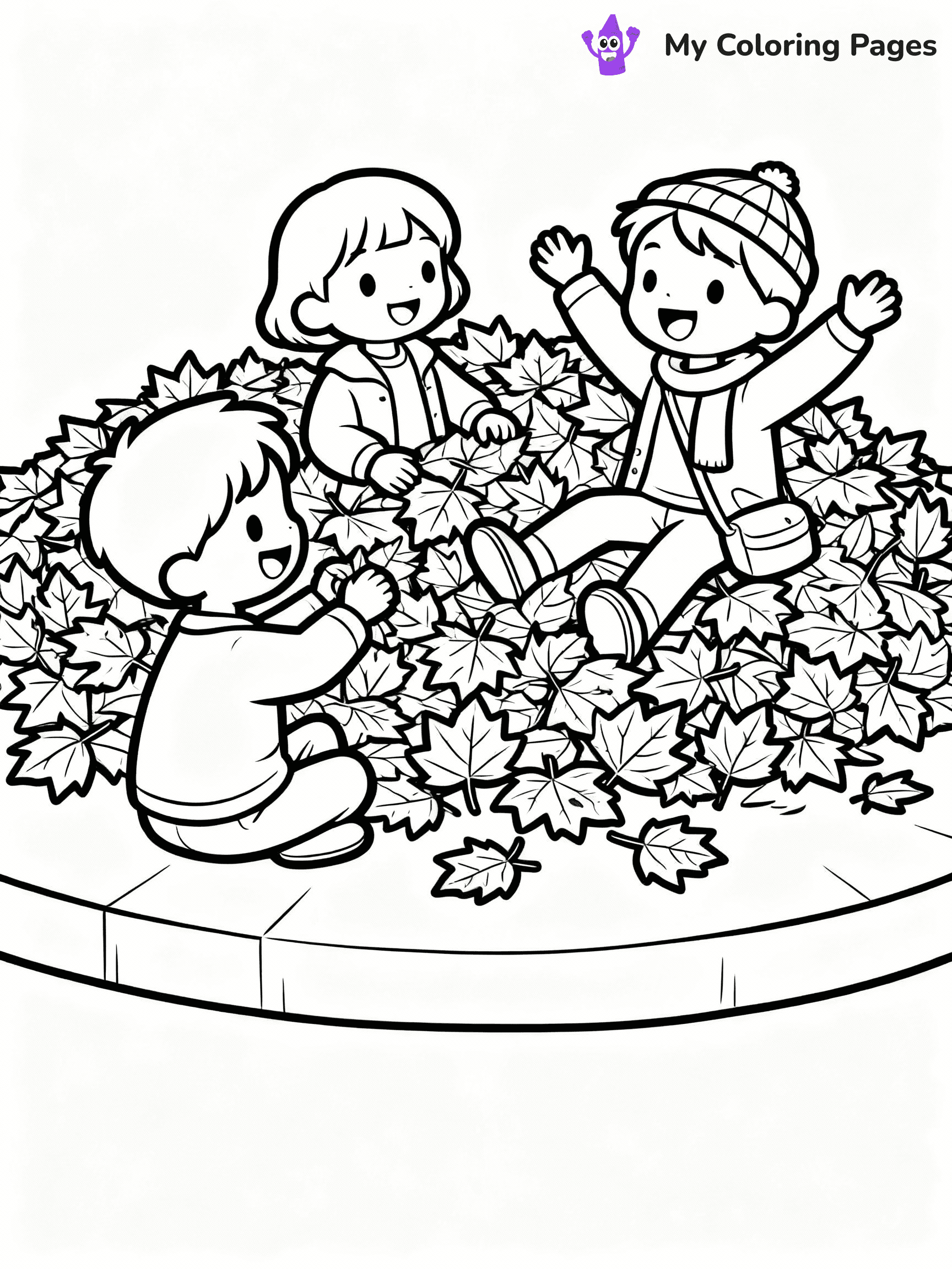 ⚠️ CRITICAL REQUIREMENT - ABSOLUTE BLACK AND WHITE ONLY ⚠️
This MUST be a BLACK AND WHITE line drawing ONLY. NO COLORS whatsoever.
- ONLY pure black lines (#000000) on pure white background (#FFFFFF)
- ABSOLUTELY NO colors, NO shading, NO gradients, NO grayscale
- If there are ANY colors in the output, the image is REJECTED
- This is a COLORING PAGE - meant to be COLORED IN by children
- The output must be UNCOLORED line art ready for coloring
⚠️ SUBJECT TO DRAW: Children playing in a pile of autumn leaves, in fall-themed style. PURE OUTLINES. NO FILLS, COLOR, SHADING, OR GREYSCALE. WHITE BACKGROUND.
(REMEMBER: Output must be BLACK AND WHITE line art only, NOT colored!)
# Flat, Friendly Cartoon Line-Art Coloring Page
You are generating a **pure black-and-white binary image** of a child-friendly cartoon scene combining characters and background scenery in one cohesive composition.
## Rendering Rules (Strict)
- Only two colors: pure black (#000000) outlines and pure white (#FFFFFF) background.
- No grayscale, shading, gradients, tints, fills, transparency, or partial pixels.
- No antialiasing or blended edges; every pixel is 100% black or white.
- No solid black fills inside shapes — all areas inside outlines must remain white.
- No dark clothing areas or filled tone blocks; all garments outlined only.
- No shadows, textures, lighting, or tonal variations.
- Must look like flat binary vector line-art for coloring pages.
## Drawing & Composition
- **Medium, consistent line weight**; clean closed outlines easy to color inside.
- **Flat, simple, child-friendly design** — no realism or 3D depth.
- Characters are **grounded on a surface**, centered and large.
- **Balanced composition** with clear silhouettes and minimal props.
## Scenery & Style
- Landmarks (e.g., mosque, CN Tower) and scenery (trees, benches, waves) drawn with **black outlines only.**
- For real-world figures, teams, or places, show accurate details using only black outlines—no text or logos. Use distinctive uniform patterns, abstract symbols, and landmark silhouettes to convey identity.
- Keep **consistent perspective**; no floating elements.
- **Style:** whimsical **Doodle Art Alley** — rounded, friendly outlines.
- May adapt shapes from **Crayola, Disney, Peppa Pig, Cocomelon** — *by shape only, never color.*
- Final output: **flat, crisp, binary (#000000/#FFFFFF)**, **no filled color or background text.**
EXTREMELYE IMPORTANT:
- PURE BINARY LINE-ART; NO FILLS (HAIR/CLOTHES/SKIN), SHADING, OR GREY.
- NO SHADING, COLOR. MUST BE WHITE BACKGROUND.
⚠️ FINAL REMINDER: Draw the subject "Children playing in a pile of autumn leaves, in fall-themed style. PURE OUTLINES. NO FILLS, COLOR, SHADING, OR GREYSCALE. WHITE BACKGROUND." as BLACK AND WHITE line art. Zero colors in output.
