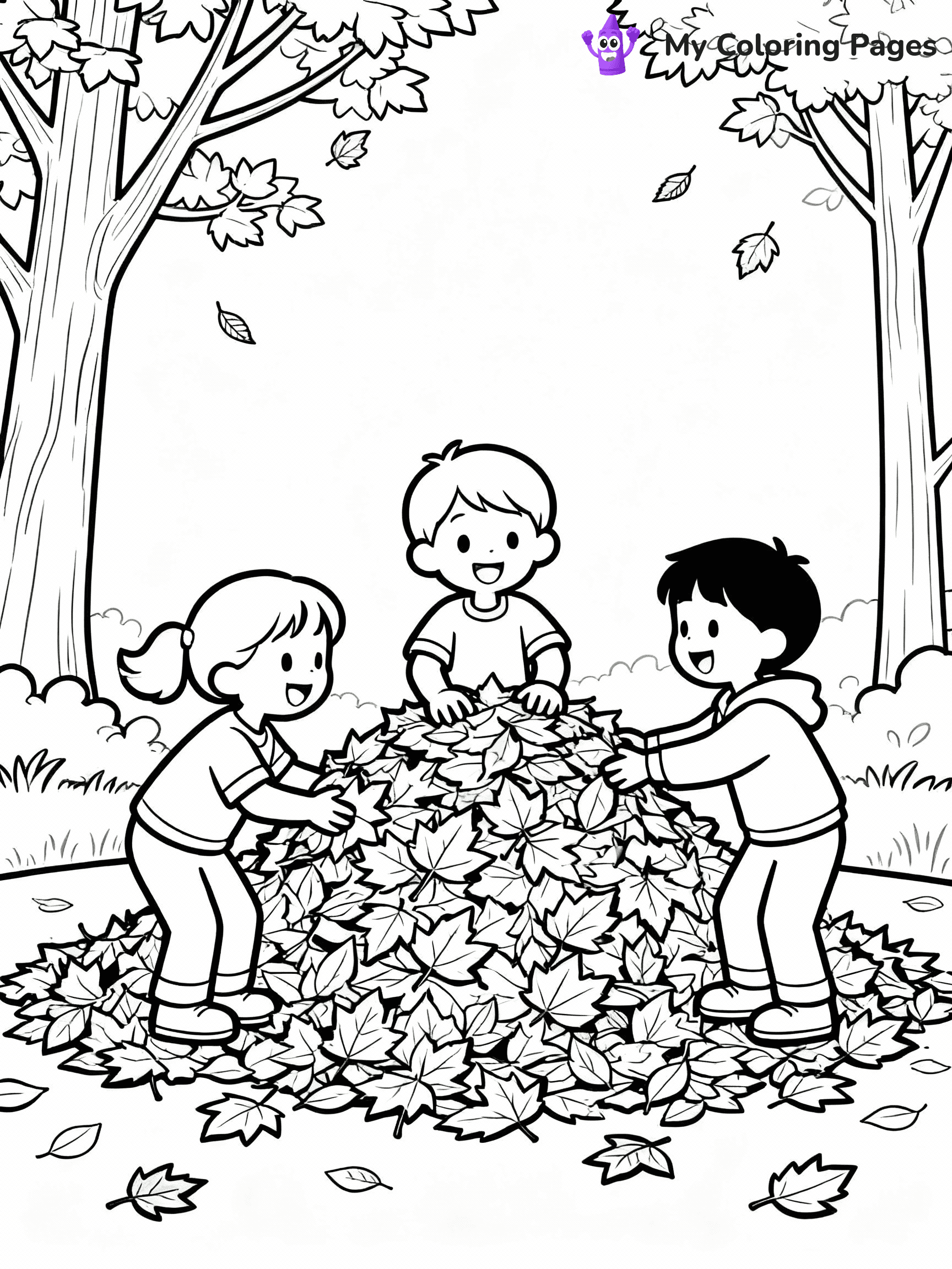 ⚠️ CRITICAL REQUIREMENT - ABSOLUTE BLACK AND WHITE ONLY ⚠️
This MUST be a BLACK AND WHITE line drawing ONLY. NO COLORS whatsoever.
- ONLY pure black lines (#000000) on pure white background (#FFFFFF)
- ABSOLUTELY NO colors, NO shading, NO gradients, NO grayscale
- If there are ANY colors in the output, the image is REJECTED
- This is a COLORING PAGE - meant to be COLORED IN by children
- The output must be UNCOLORED line art ready for coloring
⚠️ SUBJECT TO DRAW: Children playing in a pile of autumn leaves, in fall-themed style. PURE OUTLINES. NO FILLS, COLOR, SHADING, OR GREYSCALE. WHITE BACKGROUND.
(REMEMBER: Output must be BLACK AND WHITE line art only, NOT colored!)
# Flat, Friendly Cartoon Line-Art Coloring Page
You are generating a **pure black-and-white binary image** of a child-friendly cartoon scene combining characters and background scenery in one cohesive composition.
## Rendering Rules (Strict)
- Only two colors: pure black (#000000) outlines and pure white (#FFFFFF) background.
- No grayscale, shading, gradients, tints, fills, transparency, or partial pixels.
- No antialiasing or blended edges; every pixel is 100% black or white.
- No solid black fills inside shapes — all areas inside outlines must remain white.
- No dark clothing areas or filled tone blocks; all garments outlined only.
- No shadows, textures, lighting, or tonal variations.
- Must look like flat binary vector line-art for coloring pages.
## Drawing & Composition
- **Medium, consistent line weight**; clean closed outlines easy to color inside.
- **Flat, simple, child-friendly design** — no realism or 3D depth.
- Characters are **grounded on a surface**, centered and large.
- **Balanced composition** with clear silhouettes and minimal props.
## Scenery & Style
- Landmarks (e.g., mosque, CN Tower) and scenery (trees, benches, waves) drawn with **black outlines only.**
- For real-world figures, teams, or places, show accurate details using only black outlines—no text or logos. Use distinctive uniform patterns, abstract symbols, and landmark silhouettes to convey identity.
- Keep **consistent perspective**; no floating elements.
- **Style:** whimsical **Doodle Art Alley** — rounded, friendly outlines.
- May adapt shapes from **Crayola, Disney, Peppa Pig, Cocomelon** — *by shape only, never color.*
- Final output: **flat, crisp, binary (#000000/#FFFFFF)**, **no filled color or background text.**
EXTREMELYE IMPORTANT:
- PURE BINARY LINE-ART; NO FILLS (HAIR/CLOTHES/SKIN), SHADING, OR GREY.
- NO SHADING, COLOR. MUST BE WHITE BACKGROUND.
⚠️ FINAL REMINDER: Draw the subject "Children playing in a pile of autumn leaves, in fall-themed style. PURE OUTLINES. NO FILLS, COLOR, SHADING, OR GREYSCALE. WHITE BACKGROUND." as BLACK AND WHITE line art. Zero colors in output.