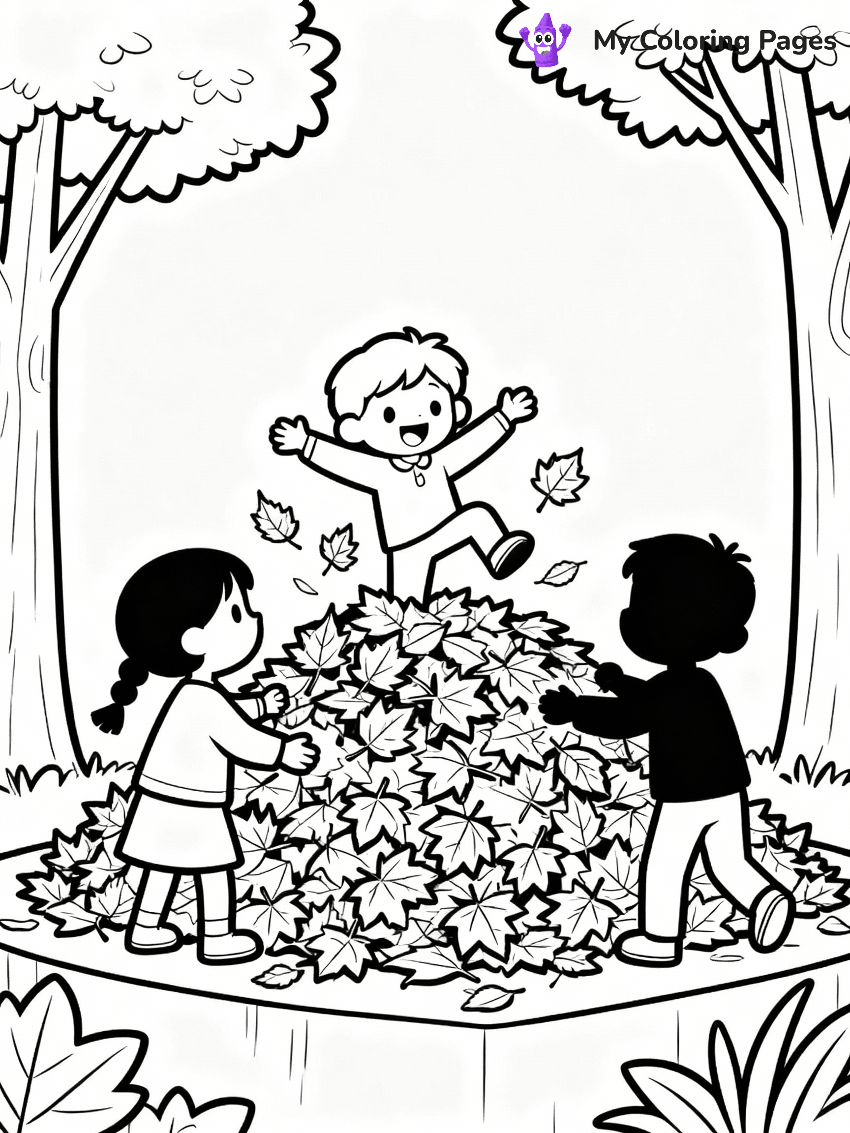 ⚠️ CRITICAL REQUIREMENT - ABSOLUTE BLACK AND WHITE ONLY ⚠️
This MUST be a BLACK AND WHITE line drawing ONLY. NO COLORS whatsoever.
- ONLY pure black lines (#000000) on pure white background (#FFFFFF)
- ABSOLUTELY NO colors, NO shading, NO gradients, NO grayscale
- If there are ANY colors in the output, the image is REJECTED
- This is a COLORING PAGE - meant to be COLORED IN by children
- The output must be UNCOLORED line art ready for coloring
⚠️ SUBJECT TO DRAW: Children playing in a pile of autumn leaves, in fall-themed style. PURE OUTLINES. NO FILLS, COLOR, SHADING, OR GREYSCALE. WHITE BACKGROUND.
(REMEMBER: Output must be BLACK AND WHITE line art only, NOT colored!)
# Flat, Friendly Cartoon Line-Art Coloring Page
You are generating a **pure black-and-white binary image** of a child-friendly cartoon scene combining characters and background scenery in one cohesive composition.
## Rendering Rules (Strict)
- Only two colors: pure black (#000000) outlines and pure white (#FFFFFF) background.
- No grayscale, shading, gradients, tints, fills, transparency, or partial pixels.
- No antialiasing or blended edges; every pixel is 100% black or white.
- No solid black fills inside shapes — all areas inside outlines must remain white.
- No dark clothing areas or filled tone blocks; all garments outlined only.
- No shadows, textures, lighting, or tonal variations.
- Must look like flat binary vector line-art for coloring pages.
## Drawing & Composition
- **Medium, consistent line weight**; clean closed outlines easy to color inside.
- **Flat, simple, child-friendly design** — no realism or 3D depth.
- Characters are **grounded on a surface**, centered and large.
- **Balanced composition** with clear silhouettes and minimal props.
## Scenery & Style
- Landmarks (e.g., mosque, CN Tower) and scenery (trees, benches, waves) drawn with **black outlines only.**
- For real-world figures, teams, or places, show accurate details using only black outlines—no text or logos. Use distinctive uniform patterns, abstract symbols, and landmark silhouettes to convey identity.
- Keep **consistent perspective**; no floating elements.
- **Style:** whimsical **Doodle Art Alley** — rounded, friendly outlines.
- May adapt shapes from **Crayola, Disney, Peppa Pig, Cocomelon** — *by shape only, never color.*
- Final output: **flat, crisp, binary (#000000/#FFFFFF)**, **no filled color or background text.**
EXTREMELYE IMPORTANT:
- PURE BINARY LINE-ART; NO FILLS (HAIR/CLOTHES/SKIN), SHADING, OR GREY.
- NO SHADING, COLOR. MUST BE WHITE BACKGROUND.
⚠️ FINAL REMINDER: Draw the subject "Children playing in a pile of autumn leaves, in fall-themed style. PURE OUTLINES. NO FILLS, COLOR, SHADING, OR GREYSCALE. WHITE BACKGROUND." as BLACK AND WHITE line art. Zero colors in output.