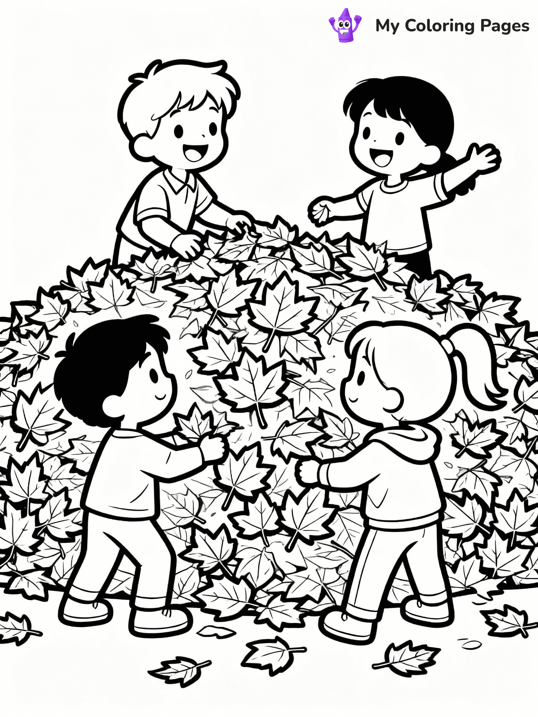 ⚠️ CRITICAL REQUIREMENT - ABSOLUTE BLACK AND WHITE ONLY ⚠️
This MUST be a BLACK AND WHITE line drawing ONLY. NO COLORS whatsoever.
- ONLY pure black lines (#000000) on pure white background (#FFFFFF)
- ABSOLUTELY NO colors, NO shading, NO gradients, NO grayscale
- If there are ANY colors in the output, the image is REJECTED
- This is a COLORING PAGE - meant to be COLORED IN by children
- The output must be UNCOLORED line art ready for coloring
⚠️ SUBJECT TO DRAW: Children playing in a pile of autumn leaves, in fall-themed style. PURE OUTLINES. NO FILLS, COLOR, SHADING, OR GREYSCALE. WHITE BACKGROUND.
(REMEMBER: Output must be BLACK AND WHITE line art only, NOT colored!)
# Flat, Friendly Cartoon Line-Art Coloring Page
You are generating a **pure black-and-white binary image** of a child-friendly cartoon scene combining characters and background scenery in one cohesive composition.
## Rendering Rules (Strict)
- Only two colors: pure black (#000000) outlines and pure white (#FFFFFF) background.
- No grayscale, shading, gradients, tints, fills, transparency, or partial pixels.
- No antialiasing or blended edges; every pixel is 100% black or white.
- No solid black fills inside shapes — all areas inside outlines must remain white.
- No dark clothing areas or filled tone blocks; all garments outlined only.
- No shadows, textures, lighting, or tonal variations.
- Must look like flat binary vector line-art for coloring pages.
## Drawing & Composition
- **Medium, consistent line weight**; clean closed outlines easy to color inside.
- **Flat, simple, child-friendly design** — no realism or 3D depth.
- Characters are **grounded on a surface**, centered and large.
- **Balanced composition** with clear silhouettes and minimal props.
## Scenery & Style
- Landmarks (e.g., mosque, CN Tower) and scenery (trees, benches, waves) drawn with **black outlines only.**
- For real-world figures, teams, or places, show accurate details using only black outlines—no text or logos. Use distinctive uniform patterns, abstract symbols, and landmark silhouettes to convey identity.
- Keep **consistent perspective**; no floating elements.
- **Style:** whimsical **Doodle Art Alley** — rounded, friendly outlines.
- May adapt shapes from **Crayola, Disney, Peppa Pig, Cocomelon** — *by shape only, never color.*
- Final output: **flat, crisp, binary (#000000/#FFFFFF)**, **no filled color or background text.**
EXTREMELYE IMPORTANT:
- PURE BINARY LINE-ART; NO FILLS (HAIR/CLOTHES/SKIN), SHADING, OR GREY.
- NO SHADING, COLOR. MUST BE WHITE BACKGROUND.
⚠️ FINAL REMINDER: Draw the subject "Children playing in a pile of autumn leaves, in fall-themed style. PURE OUTLINES. NO FILLS, COLOR, SHADING, OR GREYSCALE. WHITE BACKGROUND." as BLACK AND WHITE line art. Zero colors in output.