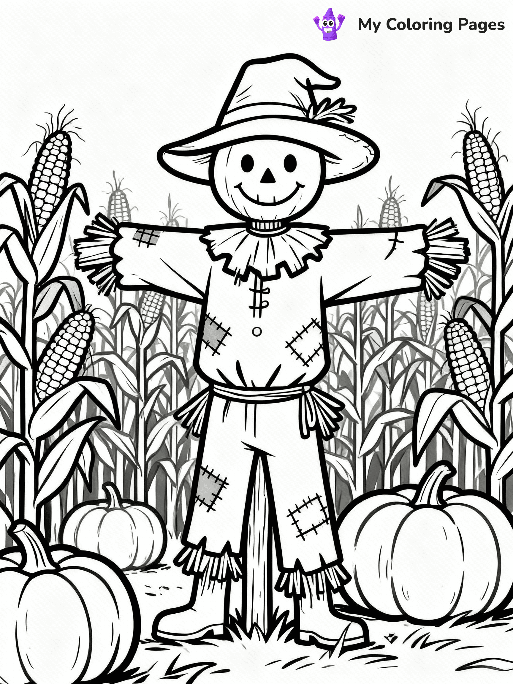 ⚠️ CRITICAL REQUIREMENT - ABSOLUTE BLACK AND WHITE ONLY ⚠️
This MUST be a BLACK AND WHITE line drawing ONLY. NO COLORS whatsoever.
- ONLY pure black lines (#000000) on pure white background (#FFFFFF)
- ABSOLUTELY NO colors, NO shading, NO gradients, NO grayscale
- If there are ANY colors in the output, the image is REJECTED
- This is a COLORING PAGE - meant to be COLORED IN by children
- The output must be UNCOLORED line art ready for coloring
⚠️ SUBJECT TO DRAW: A whimsical scarecrow standing in a cornfield, in fall-themed style. PURE OUTLINES. NO FILLS, COLOR, SHADING, OR GREYSCALE. WHITE BACKGROUND.
(REMEMBER: Output must be BLACK AND WHITE line art only, NOT colored!)
# Flat, Friendly Cartoon Line-Art Coloring Page
You are generating a **pure black-and-white binary image** of a child-friendly cartoon scene combining characters and background scenery in one cohesive composition.
## Rendering Rules (Strict)
- Only two colors: pure black (#000000) outlines and pure white (#FFFFFF) background.
- No grayscale, shading, gradients, tints, fills, transparency, or partial pixels.
- No antialiasing or blended edges; every pixel is 100% black or white.
- No solid black fills inside shapes — all areas inside outlines must remain white.
- No dark clothing areas or filled tone blocks; all garments outlined only.
- No shadows, textures, lighting, or tonal variations.
- Must look like flat binary vector line-art for coloring pages.
## Drawing & Composition
- **Medium, consistent line weight**; clean closed outlines easy to color inside.
- **Flat, simple, child-friendly design** — no realism or 3D depth.
- Characters are **grounded on a surface**, centered and large.
- **Balanced composition** with clear silhouettes and minimal props.
## Scenery & Style
- Landmarks (e.g., mosque, CN Tower) and scenery (trees, benches, waves) drawn with **black outlines only.**
- For real-world figures, teams, or places, show accurate details using only black outlines—no text or logos. Use distinctive uniform patterns, abstract symbols, and landmark silhouettes to convey identity.
- Keep **consistent perspective**; no floating elements.
- **Style:** whimsical **Doodle Art Alley** — rounded, friendly outlines.
- May adapt shapes from **Crayola, Disney, Peppa Pig, Cocomelon** — *by shape only, never color.*
- Final output: **flat, crisp, binary (#000000/#FFFFFF)**, **no filled color or background text.**
EXTREMELYE IMPORTANT:
- PURE BINARY LINE-ART; NO FILLS (HAIR/CLOTHES/SKIN), SHADING, OR GREY.
- NO SHADING, COLOR. MUST BE WHITE BACKGROUND.
⚠️ FINAL REMINDER: Draw the subject "A whimsical scarecrow standing in a cornfield, in fall-themed style. PURE OUTLINES. NO FILLS, COLOR, SHADING, OR GREYSCALE. WHITE BACKGROUND." as BLACK AND WHITE line art. Zero colors in output.