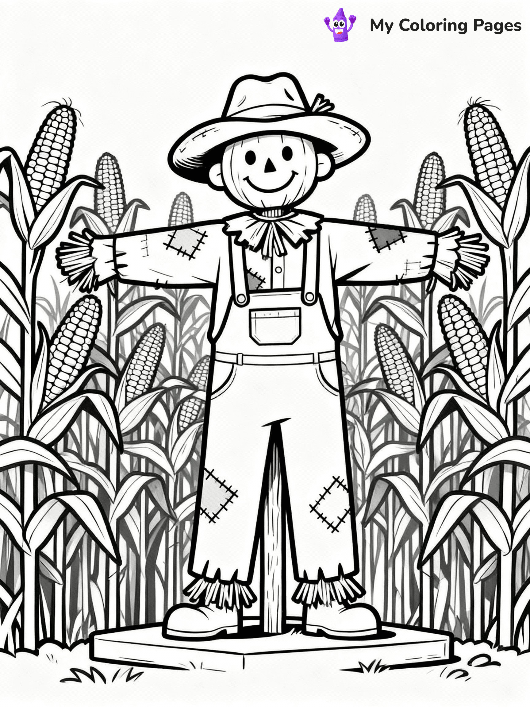 ⚠️ CRITICAL REQUIREMENT - ABSOLUTE BLACK AND WHITE ONLY ⚠️
This MUST be a BLACK AND WHITE line drawing ONLY. NO COLORS whatsoever.
- ONLY pure black lines (#000000) on pure white background (#FFFFFF)
- ABSOLUTELY NO colors, NO shading, NO gradients, NO grayscale
- If there are ANY colors in the output, the image is REJECTED
- This is a COLORING PAGE - meant to be COLORED IN by children
- The output must be UNCOLORED line art ready for coloring
⚠️ SUBJECT TO DRAW: A whimsical scarecrow standing in a cornfield, in fall-themed style. PURE OUTLINES. NO FILLS, COLOR, SHADING, OR GREYSCALE. WHITE BACKGROUND.
(REMEMBER: Output must be BLACK AND WHITE line art only, NOT colored!)
# Flat, Friendly Cartoon Line-Art Coloring Page
You are generating a **pure black-and-white binary image** of a child-friendly cartoon scene combining characters and background scenery in one cohesive composition.
## Rendering Rules (Strict)
- Only two colors: pure black (#000000) outlines and pure white (#FFFFFF) background.
- No grayscale, shading, gradients, tints, fills, transparency, or partial pixels.
- No antialiasing or blended edges; every pixel is 100% black or white.
- No solid black fills inside shapes — all areas inside outlines must remain white.
- No dark clothing areas or filled tone blocks; all garments outlined only.
- No shadows, textures, lighting, or tonal variations.
- Must look like flat binary vector line-art for coloring pages.
## Drawing & Composition
- **Medium, consistent line weight**; clean closed outlines easy to color inside.
- **Flat, simple, child-friendly design** — no realism or 3D depth.
- Characters are **grounded on a surface**, centered and large.
- **Balanced composition** with clear silhouettes and minimal props.
## Scenery & Style
- Landmarks (e.g., mosque, CN Tower) and scenery (trees, benches, waves) drawn with **black outlines only.**
- For real-world figures, teams, or places, show accurate details using only black outlines—no text or logos. Use distinctive uniform patterns, abstract symbols, and landmark silhouettes to convey identity.
- Keep **consistent perspective**; no floating elements.
- **Style:** whimsical **Doodle Art Alley** — rounded, friendly outlines.
- May adapt shapes from **Crayola, Disney, Peppa Pig, Cocomelon** — *by shape only, never color.*
- Final output: **flat, crisp, binary (#000000/#FFFFFF)**, **no filled color or background text.**
EXTREMELYE IMPORTANT:
- PURE BINARY LINE-ART; NO FILLS (HAIR/CLOTHES/SKIN), SHADING, OR GREY.
- NO SHADING, COLOR. MUST BE WHITE BACKGROUND.
⚠️ FINAL REMINDER: Draw the subject "A whimsical scarecrow standing in a cornfield, in fall-themed style. PURE OUTLINES. NO FILLS, COLOR, SHADING, OR GREYSCALE. WHITE BACKGROUND." as BLACK AND WHITE line art. Zero colors in output.