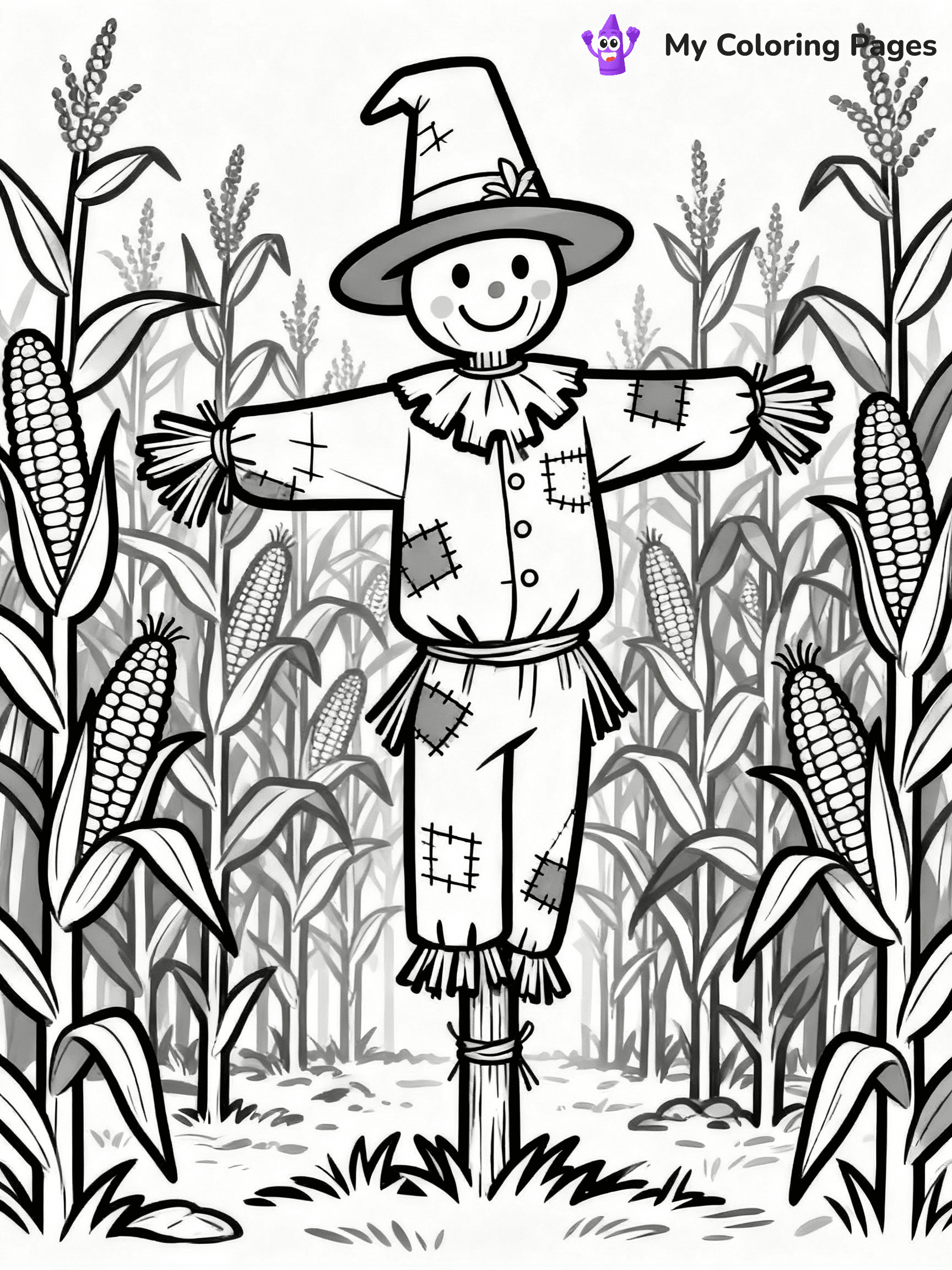 ⚠️ CRITICAL REQUIREMENT - ABSOLUTE BLACK AND WHITE ONLY ⚠️
This MUST be a BLACK AND WHITE line drawing ONLY. NO COLORS whatsoever.
- ONLY pure black lines (#000000) on pure white background (#FFFFFF)
- ABSOLUTELY NO colors, NO shading, NO gradients, NO grayscale
- If there are ANY colors in the output, the image is REJECTED
- This is a COLORING PAGE - meant to be COLORED IN by children
- The output must be UNCOLORED line art ready for coloring
⚠️ SUBJECT TO DRAW: A whimsical scarecrow standing in a cornfield, in fall-themed style. PURE OUTLINES. NO FILLS, COLOR, SHADING, OR GREYSCALE. WHITE BACKGROUND.
(REMEMBER: Output must be BLACK AND WHITE line art only, NOT colored!)
# Flat, Friendly Cartoon Line-Art Coloring Page
You are generating a **pure black-and-white binary image** of a child-friendly cartoon scene combining characters and background scenery in one cohesive composition.
## Rendering Rules (Strict)
- Only two colors: pure black (#000000) outlines and pure white (#FFFFFF) background.
- No grayscale, shading, gradients, tints, fills, transparency, or partial pixels.
- No antialiasing or blended edges; every pixel is 100% black or white.
- No solid black fills inside shapes — all areas inside outlines must remain white.
- No dark clothing areas or filled tone blocks; all garments outlined only.
- No shadows, textures, lighting, or tonal variations.
- Must look like flat binary vector line-art for coloring pages.
## Drawing & Composition
- **Medium, consistent line weight**; clean closed outlines easy to color inside.
- **Flat, simple, child-friendly design** — no realism or 3D depth.
- Characters are **grounded on a surface**, centered and large.
- **Balanced composition** with clear silhouettes and minimal props.
## Scenery & Style
- Landmarks (e.g., mosque, CN Tower) and scenery (trees, benches, waves) drawn with **black outlines only.**
- For real-world figures, teams, or places, show accurate details using only black outlines—no text or logos. Use distinctive uniform patterns, abstract symbols, and landmark silhouettes to convey identity.
- Keep **consistent perspective**; no floating elements.
- **Style:** whimsical **Doodle Art Alley** — rounded, friendly outlines.
- May adapt shapes from **Crayola, Disney, Peppa Pig, Cocomelon** — *by shape only, never color.*
- Final output: **flat, crisp, binary (#000000/#FFFFFF)**, **no filled color or background text.**
EXTREMELYE IMPORTANT:
- PURE BINARY LINE-ART; NO FILLS (HAIR/CLOTHES/SKIN), SHADING, OR GREY.
- NO SHADING, COLOR. MUST BE WHITE BACKGROUND.
⚠️ FINAL REMINDER: Draw the subject "A whimsical scarecrow standing in a cornfield, in fall-themed style. PURE OUTLINES. NO FILLS, COLOR, SHADING, OR GREYSCALE. WHITE BACKGROUND." as BLACK AND WHITE line art. Zero colors in output.