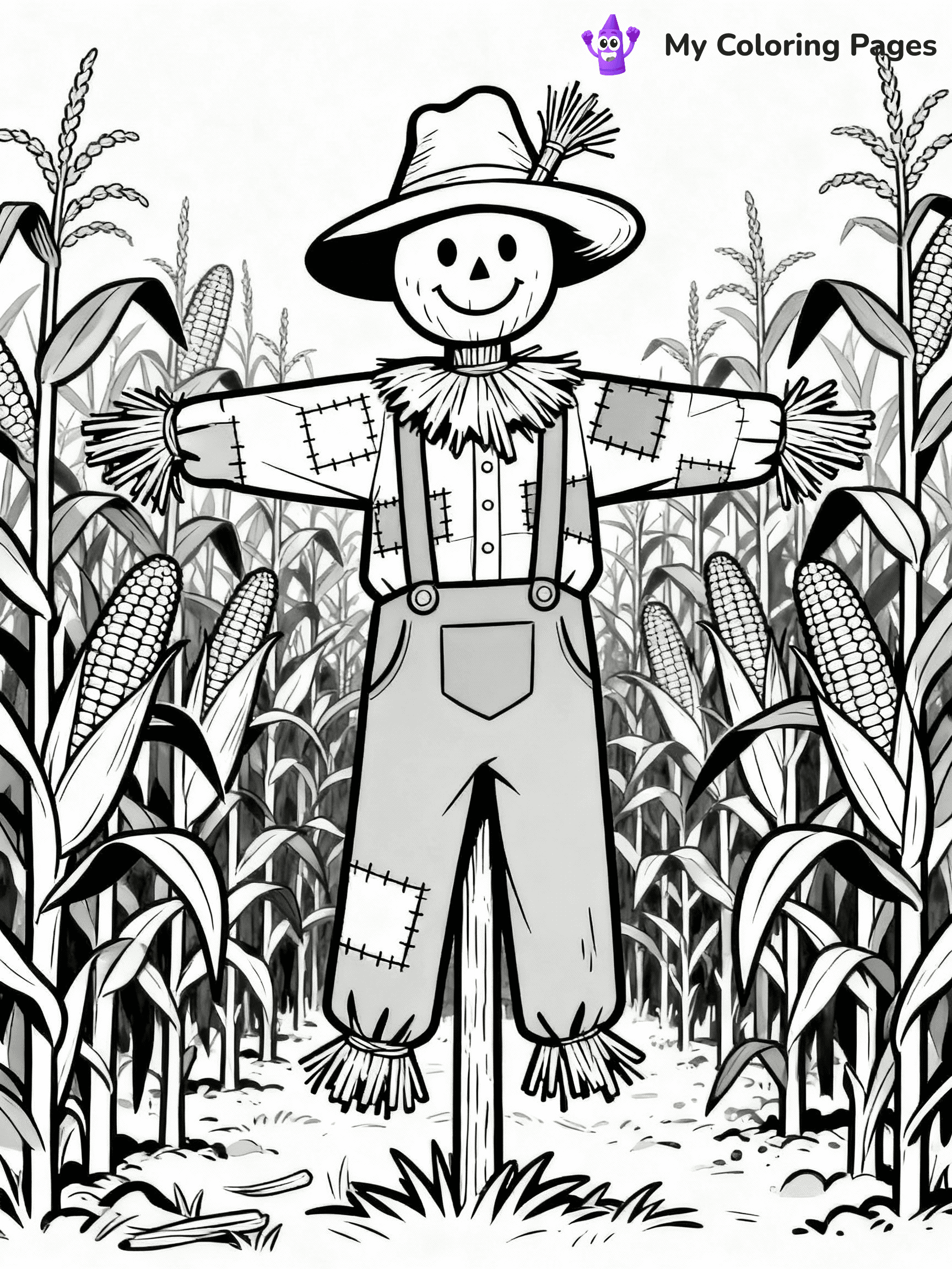 ⚠️ CRITICAL REQUIREMENT - ABSOLUTE BLACK AND WHITE ONLY ⚠️
This MUST be a BLACK AND WHITE line drawing ONLY. NO COLORS whatsoever.
- ONLY pure black lines (#000000) on pure white background (#FFFFFF)
- ABSOLUTELY NO colors, NO shading, NO gradients, NO grayscale
- If there are ANY colors in the output, the image is REJECTED
- This is a COLORING PAGE - meant to be COLORED IN by children
- The output must be UNCOLORED line art ready for coloring
⚠️ SUBJECT TO DRAW: A whimsical scarecrow standing in a cornfield, in fall-themed style. PURE OUTLINES. NO FILLS, COLOR, SHADING, OR GREYSCALE. WHITE BACKGROUND.
(REMEMBER: Output must be BLACK AND WHITE line art only, NOT colored!)
# Flat, Friendly Cartoon Line-Art Coloring Page
You are generating a **pure black-and-white binary image** of a child-friendly cartoon scene combining characters and background scenery in one cohesive composition.
## Rendering Rules (Strict)
- Only two colors: pure black (#000000) outlines and pure white (#FFFFFF) background.
- No grayscale, shading, gradients, tints, fills, transparency, or partial pixels.
- No antialiasing or blended edges; every pixel is 100% black or white.
- No solid black fills inside shapes — all areas inside outlines must remain white.
- No dark clothing areas or filled tone blocks; all garments outlined only.
- No shadows, textures, lighting, or tonal variations.
- Must look like flat binary vector line-art for coloring pages.
## Drawing & Composition
- **Medium, consistent line weight**; clean closed outlines easy to color inside.
- **Flat, simple, child-friendly design** — no realism or 3D depth.
- Characters are **grounded on a surface**, centered and large.
- **Balanced composition** with clear silhouettes and minimal props.
## Scenery & Style
- Landmarks (e.g., mosque, CN Tower) and scenery (trees, benches, waves) drawn with **black outlines only.**
- For real-world figures, teams, or places, show accurate details using only black outlines—no text or logos. Use distinctive uniform patterns, abstract symbols, and landmark silhouettes to convey identity.
- Keep **consistent perspective**; no floating elements.
- **Style:** whimsical **Doodle Art Alley** — rounded, friendly outlines.
- May adapt shapes from **Crayola, Disney, Peppa Pig, Cocomelon** — *by shape only, never color.*
- Final output: **flat, crisp, binary (#000000/#FFFFFF)**, **no filled color or background text.**
EXTREMELYE IMPORTANT:
- PURE BINARY LINE-ART; NO FILLS (HAIR/CLOTHES/SKIN), SHADING, OR GREY.
- NO SHADING, COLOR. MUST BE WHITE BACKGROUND.
⚠️ FINAL REMINDER: Draw the subject "A whimsical scarecrow standing in a cornfield, in fall-themed style. PURE OUTLINES. NO FILLS, COLOR, SHADING, OR GREYSCALE. WHITE BACKGROUND." as BLACK AND WHITE line art. Zero colors in output.