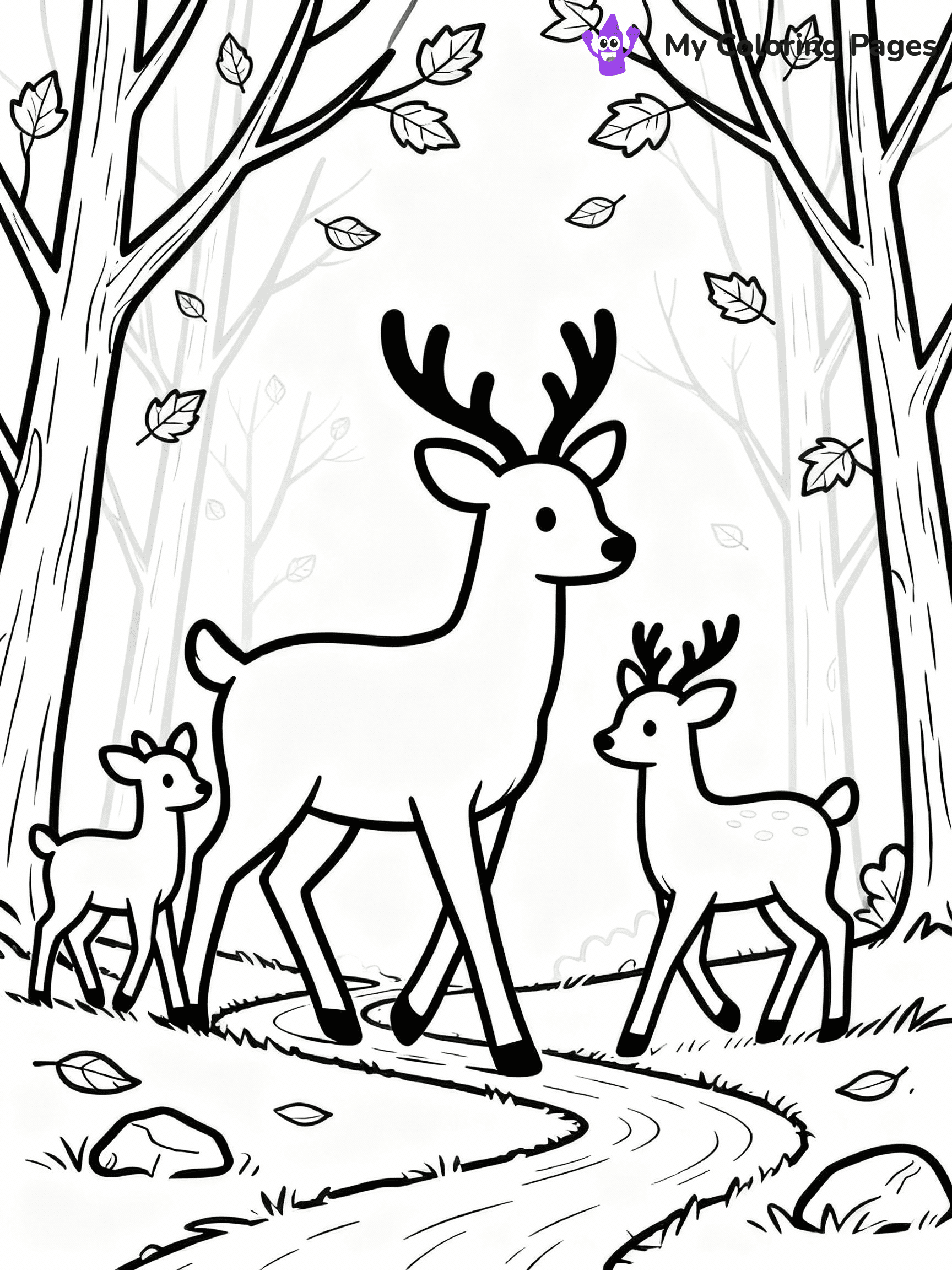 ⚠️ CRITICAL REQUIREMENT - ABSOLUTE BLACK AND WHITE ONLY ⚠️
This MUST be a BLACK AND WHITE line drawing ONLY. NO COLORS whatsoever.
- ONLY pure black lines (#000000) on pure white background (#FFFFFF)
- ABSOLUTELY NO colors, NO shading, NO gradients, NO grayscale
- If there are ANY colors in the output, the image is REJECTED
- This is a COLORING PAGE - meant to be COLORED IN by children
- The output must be UNCOLORED line art ready for coloring
⚠️ SUBJECT TO DRAW: A family of deer gracefully walking through a forest, in fall-themed style. PURE OUTLINES. NO FILLS, COLOR, SHADING, OR GREYSCALE. WHITE BACKGROUND.
(REMEMBER: Output must be BLACK AND WHITE line art only, NOT colored!)
# Flat, Friendly Cartoon Line-Art Coloring Page
You are generating a **pure black-and-white binary image** of a child-friendly cartoon scene combining characters and background scenery in one cohesive composition.
## Rendering Rules (Strict)
- Only two colors: pure black (#000000) outlines and pure white (#FFFFFF) background.
- No grayscale, shading, gradients, tints, fills, transparency, or partial pixels.
- No antialiasing or blended edges; every pixel is 100% black or white.
- No solid black fills inside shapes — all areas inside outlines must remain white.
- No dark clothing areas or filled tone blocks; all garments outlined only.
- No shadows, textures, lighting, or tonal variations.
- Must look like flat binary vector line-art for coloring pages.
## Drawing & Composition
- **Medium, consistent line weight**; clean closed outlines easy to color inside.
- **Flat, simple, child-friendly design** — no realism or 3D depth.
- Characters are **grounded on a surface**, centered and large.
- **Balanced composition** with clear silhouettes and minimal props.
## Scenery & Style
- Landmarks (e.g., mosque, CN Tower) and scenery (trees, benches, waves) drawn with **black outlines only.**
- For real-world figures, teams, or places, show accurate details using only black outlines—no text or logos. Use distinctive uniform patterns, abstract symbols, and landmark silhouettes to convey identity.
- Keep **consistent perspective**; no floating elements.
- **Style:** whimsical **Doodle Art Alley** — rounded, friendly outlines.
- May adapt shapes from **Crayola, Disney, Peppa Pig, Cocomelon** — *by shape only, never color.*
- Final output: **flat, crisp, binary (#000000/#FFFFFF)**, **no filled color or background text.**
EXTREMELYE IMPORTANT:
- PURE BINARY LINE-ART; NO FILLS (HAIR/CLOTHES/SKIN), SHADING, OR GREY.
- NO SHADING, COLOR. MUST BE WHITE BACKGROUND.
⚠️ FINAL REMINDER: Draw the subject "A family of deer gracefully walking through a forest, in fall-themed style. PURE OUTLINES. NO FILLS, COLOR, SHADING, OR GREYSCALE. WHITE BACKGROUND." as BLACK AND WHITE line art. Zero colors in output.