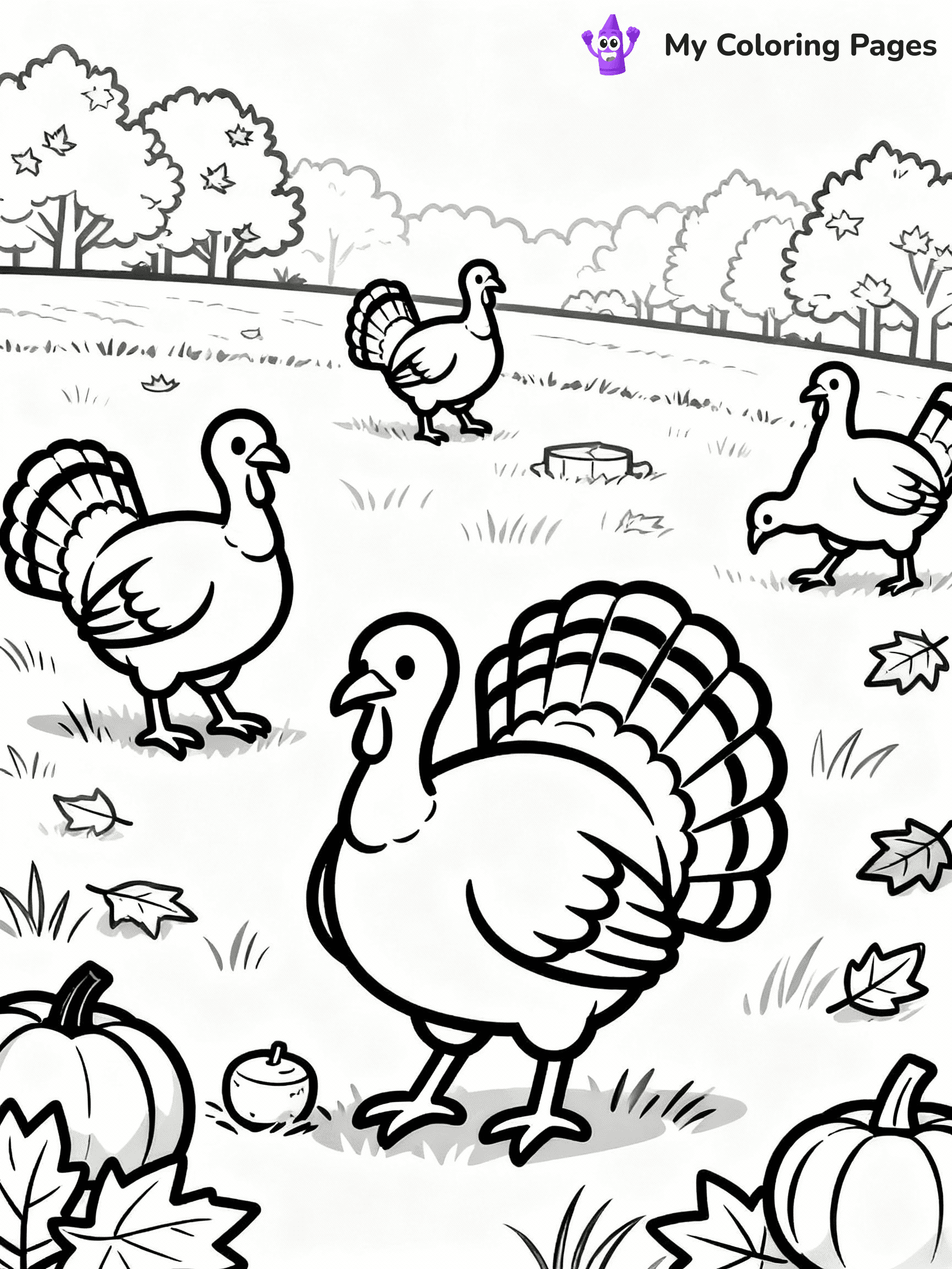 ⚠️ CRITICAL REQUIREMENT - ABSOLUTE BLACK AND WHITE ONLY ⚠️
This MUST be a BLACK AND WHITE line drawing ONLY. NO COLORS whatsoever.
- ONLY pure black lines (#000000) on pure white background (#FFFFFF)
- ABSOLUTELY NO colors, NO shading, NO gradients, NO grayscale
- If there are ANY colors in the output, the image is REJECTED
- This is a COLORING PAGE - meant to be COLORED IN by children
- The output must be UNCOLORED line art ready for coloring
⚠️ SUBJECT TO DRAW: Turkeys roaming in a field during autumn, in fall-themed style. PURE OUTLINES. NO FILLS, COLOR, SHADING, OR GREYSCALE. WHITE BACKGROUND.
(REMEMBER: Output must be BLACK AND WHITE line art only, NOT colored!)
# Flat, Friendly Cartoon Line-Art Coloring Page
You are generating a **pure black-and-white binary image** of a child-friendly cartoon scene combining characters and background scenery in one cohesive composition.
## Rendering Rules (Strict)
- Only two colors: pure black (#000000) outlines and pure white (#FFFFFF) background.
- No grayscale, shading, gradients, tints, fills, transparency, or partial pixels.
- No antialiasing or blended edges; every pixel is 100% black or white.
- No solid black fills inside shapes — all areas inside outlines must remain white.
- No dark clothing areas or filled tone blocks; all garments outlined only.
- No shadows, textures, lighting, or tonal variations.
- Must look like flat binary vector line-art for coloring pages.
## Drawing & Composition
- **Medium, consistent line weight**; clean closed outlines easy to color inside.
- **Flat, simple, child-friendly design** — no realism or 3D depth.
- Characters are **grounded on a surface**, centered and large.
- **Balanced composition** with clear silhouettes and minimal props.
## Scenery & Style
- Landmarks (e.g., mosque, CN Tower) and scenery (trees, benches, waves) drawn with **black outlines only.**
- For real-world figures, teams, or places, show accurate details using only black outlines—no text or logos. Use distinctive uniform patterns, abstract symbols, and landmark silhouettes to convey identity.
- Keep **consistent perspective**; no floating elements.
- **Style:** whimsical **Doodle Art Alley** — rounded, friendly outlines.
- May adapt shapes from **Crayola, Disney, Peppa Pig, Cocomelon** — *by shape only, never color.*
- Final output: **flat, crisp, binary (#000000/#FFFFFF)**, **no filled color or background text.**
EXTREMELYE IMPORTANT:
- PURE BINARY LINE-ART; NO FILLS (HAIR/CLOTHES/SKIN), SHADING, OR GREY.
- NO SHADING, COLOR. MUST BE WHITE BACKGROUND.
⚠️ FINAL REMINDER: Draw the subject "Turkeys roaming in a field during autumn, in fall-themed style. PURE OUTLINES. NO FILLS, COLOR, SHADING, OR GREYSCALE. WHITE BACKGROUND." as BLACK AND WHITE line art. Zero colors in output.