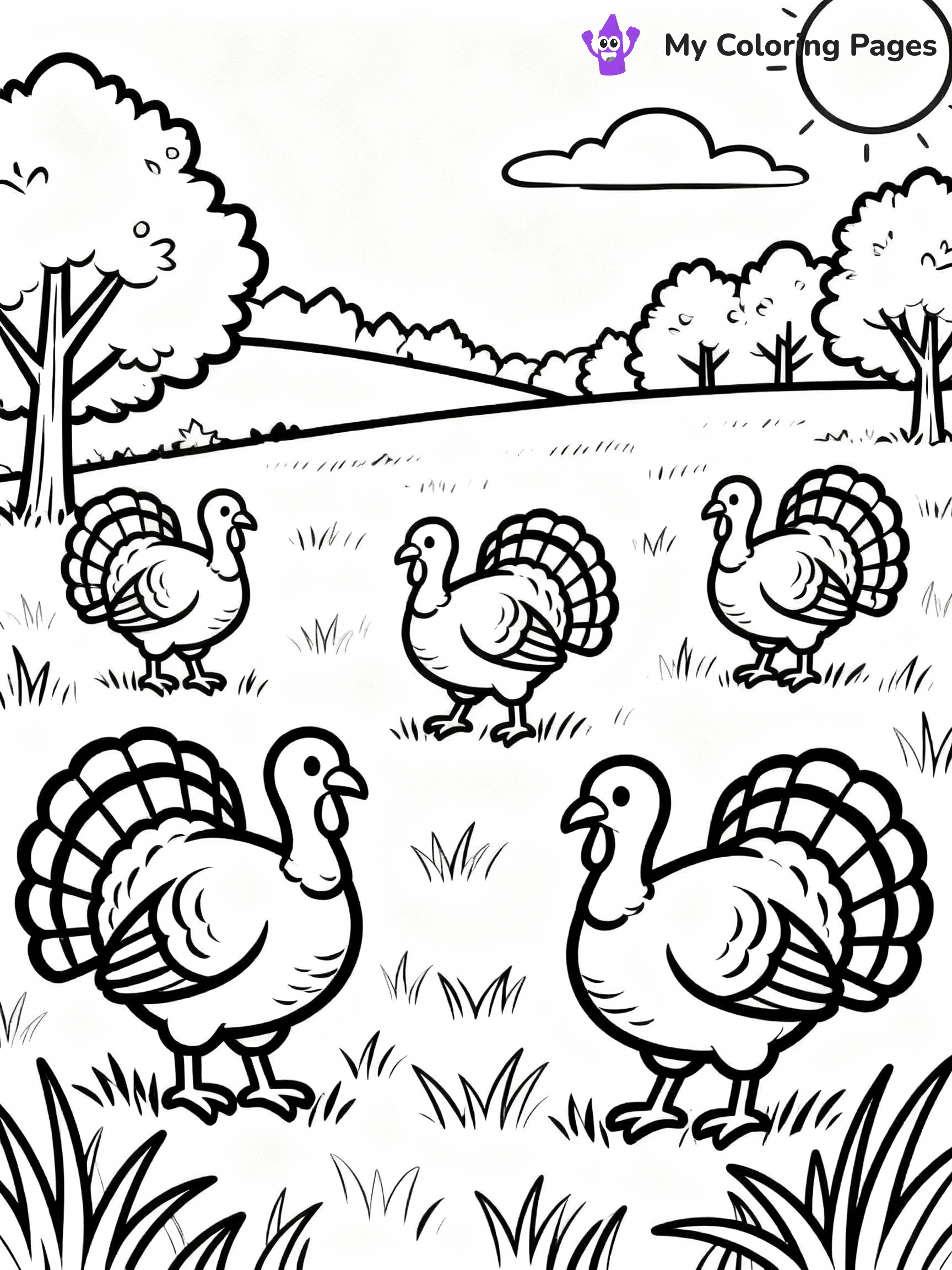 ⚠️ CRITICAL REQUIREMENT - ABSOLUTE BLACK AND WHITE ONLY ⚠️
This MUST be a BLACK AND WHITE line drawing ONLY. NO COLORS whatsoever.
- ONLY pure black lines (#000000) on pure white background (#FFFFFF)
- ABSOLUTELY NO colors, NO shading, NO gradients, NO grayscale
- If there are ANY colors in the output, the image is REJECTED
- This is a COLORING PAGE - meant to be COLORED IN by children
- The output must be UNCOLORED line art ready for coloring
⚠️ SUBJECT TO DRAW: Turkeys roaming in a field during autumn, in fall-themed style. PURE OUTLINES. NO FILLS, COLOR, SHADING, OR GREYSCALE. WHITE BACKGROUND.
(REMEMBER: Output must be BLACK AND WHITE line art only, NOT colored!)
# Flat, Friendly Cartoon Line-Art Coloring Page
You are generating a **pure black-and-white binary image** of a child-friendly cartoon scene combining characters and background scenery in one cohesive composition.
## Rendering Rules (Strict)
- Only two colors: pure black (#000000) outlines and pure white (#FFFFFF) background.
- No grayscale, shading, gradients, tints, fills, transparency, or partial pixels.
- No antialiasing or blended edges; every pixel is 100% black or white.
- No solid black fills inside shapes — all areas inside outlines must remain white.
- No dark clothing areas or filled tone blocks; all garments outlined only.
- No shadows, textures, lighting, or tonal variations.
- Must look like flat binary vector line-art for coloring pages.
## Drawing & Composition
- **Medium, consistent line weight**; clean closed outlines easy to color inside.
- **Flat, simple, child-friendly design** — no realism or 3D depth.
- Characters are **grounded on a surface**, centered and large.
- **Balanced composition** with clear silhouettes and minimal props.
## Scenery & Style
- Landmarks (e.g., mosque, CN Tower) and scenery (trees, benches, waves) drawn with **black outlines only.**
- For real-world figures, teams, or places, show accurate details using only black outlines—no text or logos. Use distinctive uniform patterns, abstract symbols, and landmark silhouettes to convey identity.
- Keep **consistent perspective**; no floating elements.
- **Style:** whimsical **Doodle Art Alley** — rounded, friendly outlines.
- May adapt shapes from **Crayola, Disney, Peppa Pig, Cocomelon** — *by shape only, never color.*
- Final output: **flat, crisp, binary (#000000/#FFFFFF)**, **no filled color or background text.**
EXTREMELYE IMPORTANT:
- PURE BINARY LINE-ART; NO FILLS (HAIR/CLOTHES/SKIN), SHADING, OR GREY.
- NO SHADING, COLOR. MUST BE WHITE BACKGROUND.
⚠️ FINAL REMINDER: Draw the subject "Turkeys roaming in a field during autumn, in fall-themed style. PURE OUTLINES. NO FILLS, COLOR, SHADING, OR GREYSCALE. WHITE BACKGROUND." as BLACK AND WHITE line art. Zero colors in output.