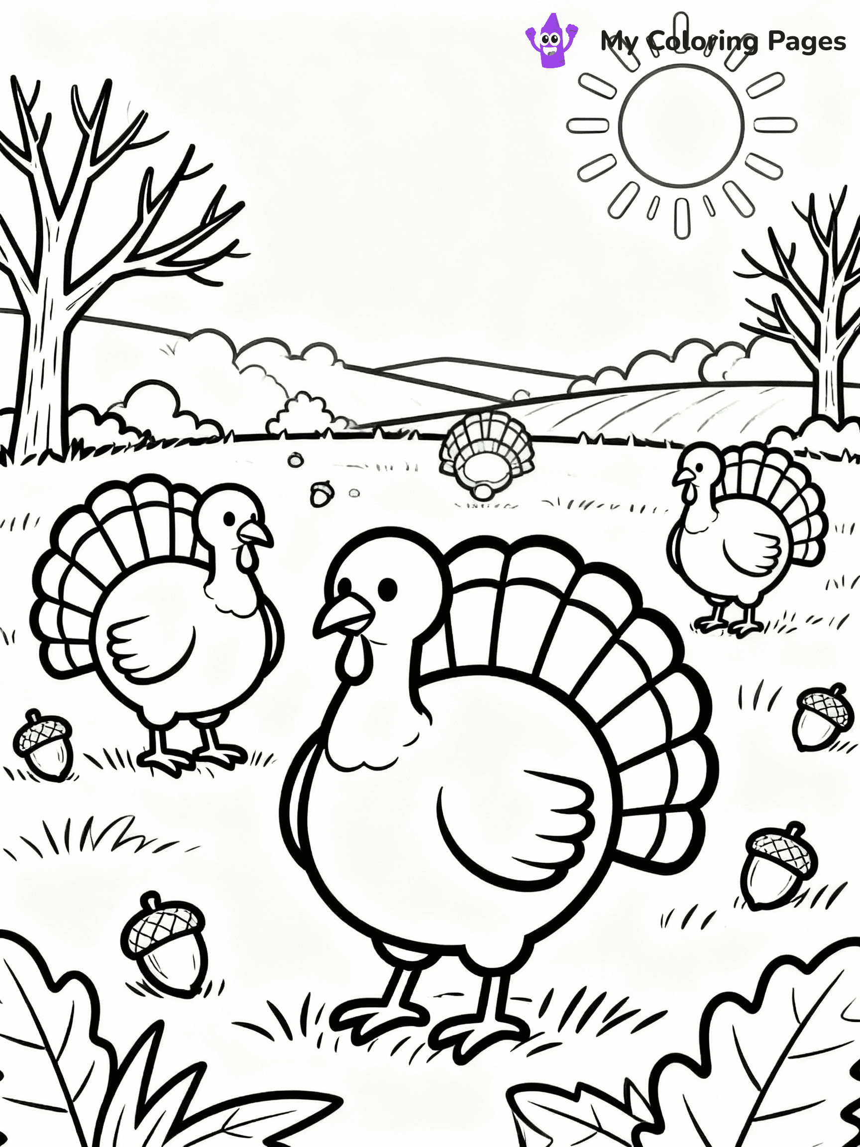 ⚠️ CRITICAL REQUIREMENT - ABSOLUTE BLACK AND WHITE ONLY ⚠️
This MUST be a BLACK AND WHITE line drawing ONLY. NO COLORS whatsoever.
- ONLY pure black lines (#000000) on pure white background (#FFFFFF)
- ABSOLUTELY NO colors, NO shading, NO gradients, NO grayscale
- If there are ANY colors in the output, the image is REJECTED
- This is a COLORING PAGE - meant to be COLORED IN by children
- The output must be UNCOLORED line art ready for coloring
⚠️ SUBJECT TO DRAW: Turkeys roaming in a field during autumn, in fall-themed style. PURE OUTLINES. NO FILLS, COLOR, SHADING, OR GREYSCALE. WHITE BACKGROUND.
(REMEMBER: Output must be BLACK AND WHITE line art only, NOT colored!)
# Flat, Friendly Cartoon Line-Art Coloring Page
You are generating a **pure black-and-white binary image** of a child-friendly cartoon scene combining characters and background scenery in one cohesive composition.
## Rendering Rules (Strict)
- Only two colors: pure black (#000000) outlines and pure white (#FFFFFF) background.
- No grayscale, shading, gradients, tints, fills, transparency, or partial pixels.
- No antialiasing or blended edges; every pixel is 100% black or white.
- No solid black fills inside shapes — all areas inside outlines must remain white.
- No dark clothing areas or filled tone blocks; all garments outlined only.
- No shadows, textures, lighting, or tonal variations.
- Must look like flat binary vector line-art for coloring pages.
## Drawing & Composition
- **Medium, consistent line weight**; clean closed outlines easy to color inside.
- **Flat, simple, child-friendly design** — no realism or 3D depth.
- Characters are **grounded on a surface**, centered and large.
- **Balanced composition** with clear silhouettes and minimal props.
## Scenery & Style
- Landmarks (e.g., mosque, CN Tower) and scenery (trees, benches, waves) drawn with **black outlines only.**
- For real-world figures, teams, or places, show accurate details using only black outlines—no text or logos. Use distinctive uniform patterns, abstract symbols, and landmark silhouettes to convey identity.
- Keep **consistent perspective**; no floating elements.
- **Style:** whimsical **Doodle Art Alley** — rounded, friendly outlines.
- May adapt shapes from **Crayola, Disney, Peppa Pig, Cocomelon** — *by shape only, never color.*
- Final output: **flat, crisp, binary (#000000/#FFFFFF)**, **no filled color or background text.**
EXTREMELYE IMPORTANT:
- PURE BINARY LINE-ART; NO FILLS (HAIR/CLOTHES/SKIN), SHADING, OR GREY.
- NO SHADING, COLOR. MUST BE WHITE BACKGROUND.
⚠️ FINAL REMINDER: Draw the subject "Turkeys roaming in a field during autumn, in fall-themed style. PURE OUTLINES. NO FILLS, COLOR, SHADING, OR GREYSCALE. WHITE BACKGROUND." as BLACK AND WHITE line art. Zero colors in output.