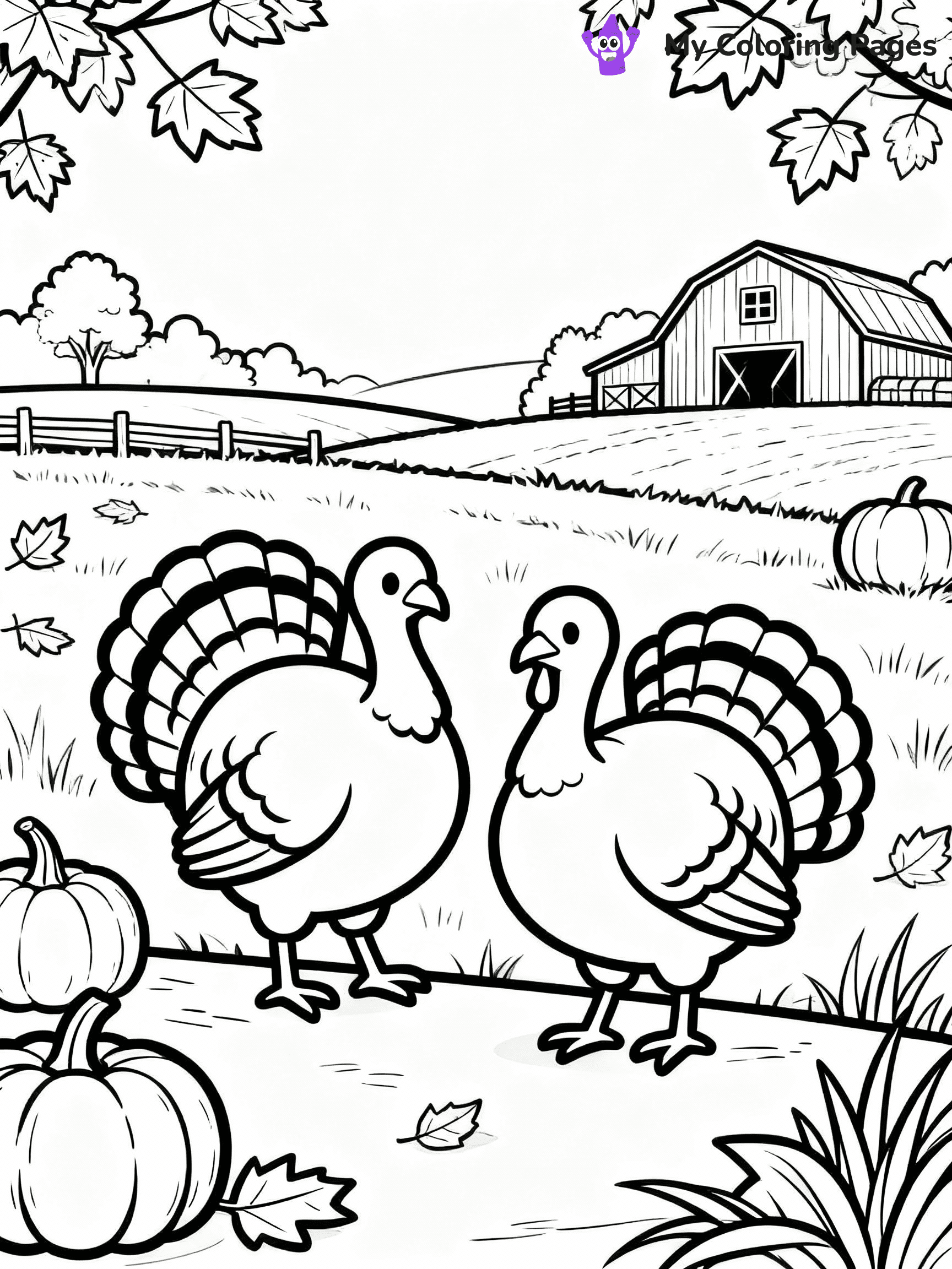 ⚠️ CRITICAL REQUIREMENT - ABSOLUTE BLACK AND WHITE ONLY ⚠️
This MUST be a BLACK AND WHITE line drawing ONLY. NO COLORS whatsoever.
- ONLY pure black lines (#000000) on pure white background (#FFFFFF)
- ABSOLUTELY NO colors, NO shading, NO gradients, NO grayscale
- If there are ANY colors in the output, the image is REJECTED
- This is a COLORING PAGE - meant to be COLORED IN by children
- The output must be UNCOLORED line art ready for coloring
⚠️ SUBJECT TO DRAW: Turkeys roaming in a field during autumn, in fall-themed style. PURE OUTLINES. NO FILLS, COLOR, SHADING, OR GREYSCALE. WHITE BACKGROUND.
(REMEMBER: Output must be BLACK AND WHITE line art only, NOT colored!)
# Flat, Friendly Cartoon Line-Art Coloring Page
You are generating a **pure black-and-white binary image** of a child-friendly cartoon scene combining characters and background scenery in one cohesive composition.
## Rendering Rules (Strict)
- Only two colors: pure black (#000000) outlines and pure white (#FFFFFF) background.
- No grayscale, shading, gradients, tints, fills, transparency, or partial pixels.
- No antialiasing or blended edges; every pixel is 100% black or white.
- No solid black fills inside shapes — all areas inside outlines must remain white.
- No dark clothing areas or filled tone blocks; all garments outlined only.
- No shadows, textures, lighting, or tonal variations.
- Must look like flat binary vector line-art for coloring pages.
## Drawing & Composition
- **Medium, consistent line weight**; clean closed outlines easy to color inside.
- **Flat, simple, child-friendly design** — no realism or 3D depth.
- Characters are **grounded on a surface**, centered and large.
- **Balanced composition** with clear silhouettes and minimal props.
## Scenery & Style
- Landmarks (e.g., mosque, CN Tower) and scenery (trees, benches, waves) drawn with **black outlines only.**
- For real-world figures, teams, or places, show accurate details using only black outlines—no text or logos. Use distinctive uniform patterns, abstract symbols, and landmark silhouettes to convey identity.
- Keep **consistent perspective**; no floating elements.
- **Style:** whimsical **Doodle Art Alley** — rounded, friendly outlines.
- May adapt shapes from **Crayola, Disney, Peppa Pig, Cocomelon** — *by shape only, never color.*
- Final output: **flat, crisp, binary (#000000/#FFFFFF)**, **no filled color or background text.**
EXTREMELYE IMPORTANT:
- PURE BINARY LINE-ART; NO FILLS (HAIR/CLOTHES/SKIN), SHADING, OR GREY.
- NO SHADING, COLOR. MUST BE WHITE BACKGROUND.
⚠️ FINAL REMINDER: Draw the subject "Turkeys roaming in a field during autumn, in fall-themed style. PURE OUTLINES. NO FILLS, COLOR, SHADING, OR GREYSCALE. WHITE BACKGROUND." as BLACK AND WHITE line art. Zero colors in output.