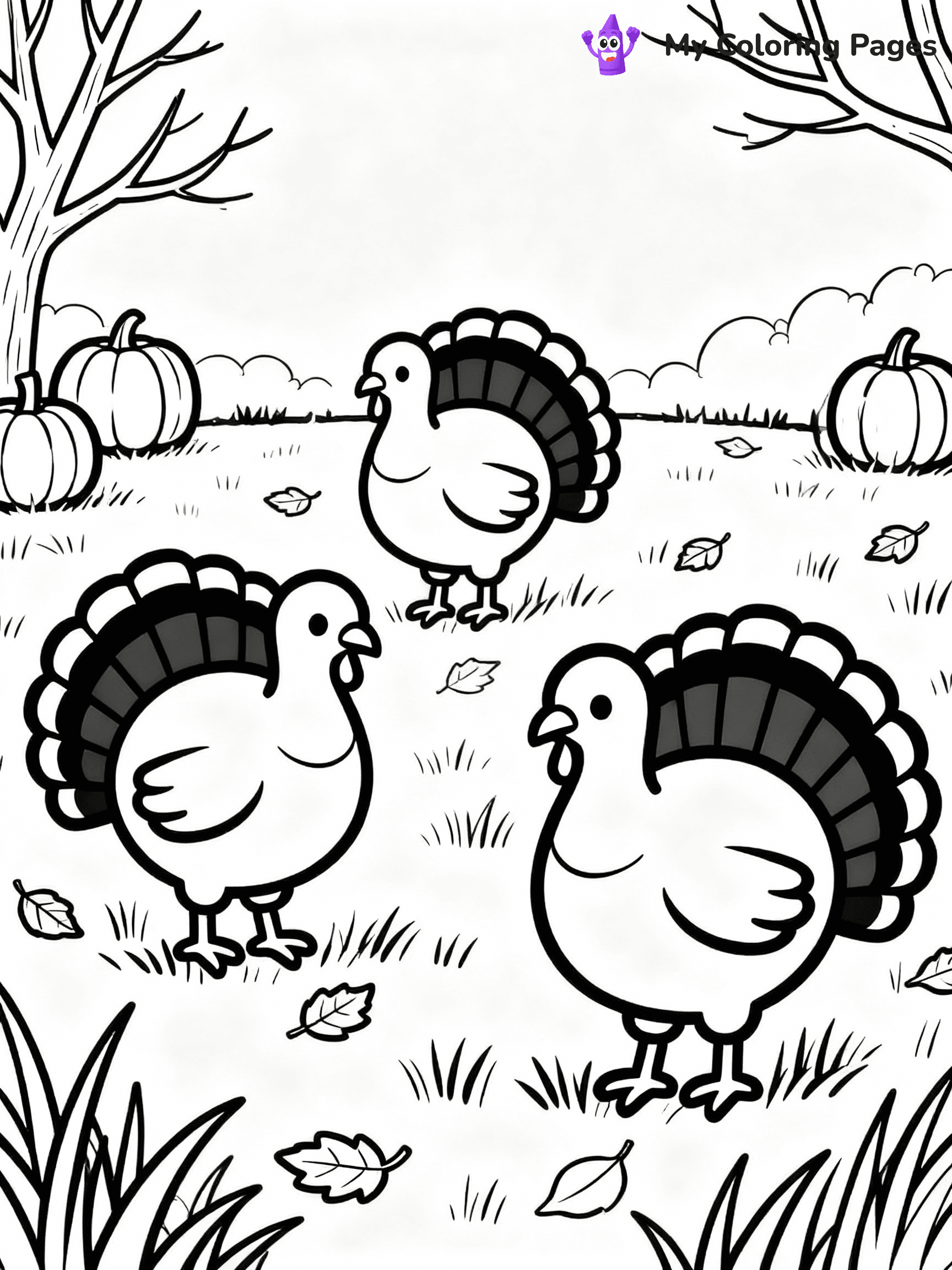 ⚠️ CRITICAL REQUIREMENT - ABSOLUTE BLACK AND WHITE ONLY ⚠️
This MUST be a BLACK AND WHITE line drawing ONLY. NO COLORS whatsoever.
- ONLY pure black lines (#000000) on pure white background (#FFFFFF)
- ABSOLUTELY NO colors, NO shading, NO gradients, NO grayscale
- If there are ANY colors in the output, the image is REJECTED
- This is a COLORING PAGE - meant to be COLORED IN by children
- The output must be UNCOLORED line art ready for coloring
⚠️ SUBJECT TO DRAW: Turkeys roaming in a field during autumn, in fall-themed style. PURE OUTLINES. NO FILLS, COLOR, SHADING, OR GREYSCALE. WHITE BACKGROUND.
(REMEMBER: Output must be BLACK AND WHITE line art only, NOT colored!)
# Flat, Friendly Cartoon Line-Art Coloring Page
You are generating a **pure black-and-white binary image** of a child-friendly cartoon scene combining characters and background scenery in one cohesive composition.
## Rendering Rules (Strict)
- Only two colors: pure black (#000000) outlines and pure white (#FFFFFF) background.
- No grayscale, shading, gradients, tints, fills, transparency, or partial pixels.
- No antialiasing or blended edges; every pixel is 100% black or white.
- No solid black fills inside shapes — all areas inside outlines must remain white.
- No dark clothing areas or filled tone blocks; all garments outlined only.
- No shadows, textures, lighting, or tonal variations.
- Must look like flat binary vector line-art for coloring pages.
## Drawing & Composition
- **Medium, consistent line weight**; clean closed outlines easy to color inside.
- **Flat, simple, child-friendly design** — no realism or 3D depth.
- Characters are **grounded on a surface**, centered and large.
- **Balanced composition** with clear silhouettes and minimal props.
## Scenery & Style
- Landmarks (e.g., mosque, CN Tower) and scenery (trees, benches, waves) drawn with **black outlines only.**
- For real-world figures, teams, or places, show accurate details using only black outlines—no text or logos. Use distinctive uniform patterns, abstract symbols, and landmark silhouettes to convey identity.
- Keep **consistent perspective**; no floating elements.
- **Style:** whimsical **Doodle Art Alley** — rounded, friendly outlines.
- May adapt shapes from **Crayola, Disney, Peppa Pig, Cocomelon** — *by shape only, never color.*
- Final output: **flat, crisp, binary (#000000/#FFFFFF)**, **no filled color or background text.**
EXTREMELYE IMPORTANT:
- PURE BINARY LINE-ART; NO FILLS (HAIR/CLOTHES/SKIN), SHADING, OR GREY.
- NO SHADING, COLOR. MUST BE WHITE BACKGROUND.
⚠️ FINAL REMINDER: Draw the subject "Turkeys roaming in a field during autumn, in fall-themed style. PURE OUTLINES. NO FILLS, COLOR, SHADING, OR GREYSCALE. WHITE BACKGROUND." as BLACK AND WHITE line art. Zero colors in output.