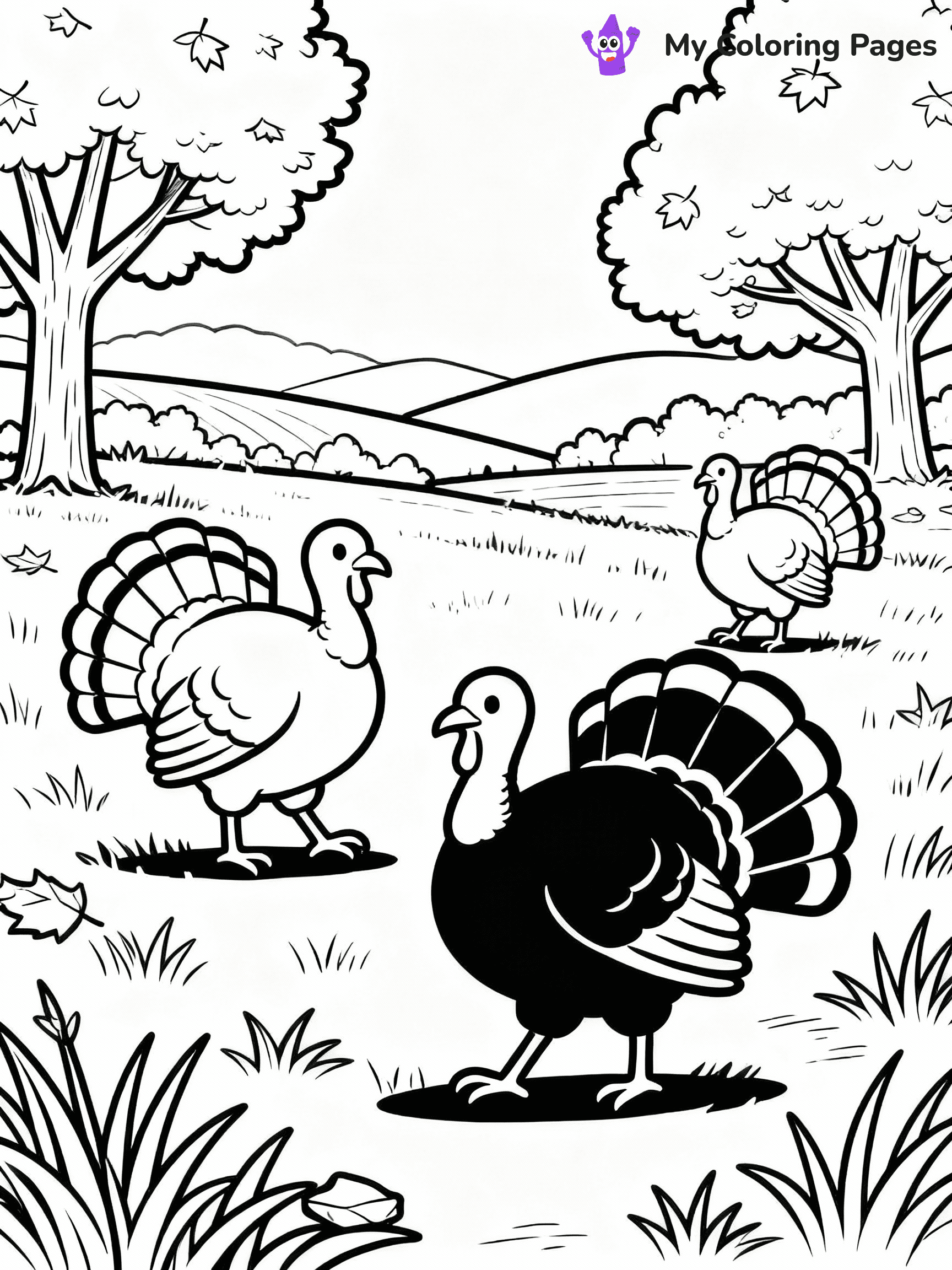 ⚠️ CRITICAL REQUIREMENT - ABSOLUTE BLACK AND WHITE ONLY ⚠️
This MUST be a BLACK AND WHITE line drawing ONLY. NO COLORS whatsoever.
- ONLY pure black lines (#000000) on pure white background (#FFFFFF)
- ABSOLUTELY NO colors, NO shading, NO gradients, NO grayscale
- If there are ANY colors in the output, the image is REJECTED
- This is a COLORING PAGE - meant to be COLORED IN by children
- The output must be UNCOLORED line art ready for coloring
⚠️ SUBJECT TO DRAW: Turkeys roaming in a field during autumn, in fall-themed style. PURE OUTLINES. NO FILLS, COLOR, SHADING, OR GREYSCALE. WHITE BACKGROUND.
(REMEMBER: Output must be BLACK AND WHITE line art only, NOT colored!)
# Flat, Friendly Cartoon Line-Art Coloring Page
You are generating a **pure black-and-white binary image** of a child-friendly cartoon scene combining characters and background scenery in one cohesive composition.
## Rendering Rules (Strict)
- Only two colors: pure black (#000000) outlines and pure white (#FFFFFF) background.
- No grayscale, shading, gradients, tints, fills, transparency, or partial pixels.
- No antialiasing or blended edges; every pixel is 100% black or white.
- No solid black fills inside shapes — all areas inside outlines must remain white.
- No dark clothing areas or filled tone blocks; all garments outlined only.
- No shadows, textures, lighting, or tonal variations.
- Must look like flat binary vector line-art for coloring pages.
## Drawing & Composition
- **Medium, consistent line weight**; clean closed outlines easy to color inside.
- **Flat, simple, child-friendly design** — no realism or 3D depth.
- Characters are **grounded on a surface**, centered and large.
- **Balanced composition** with clear silhouettes and minimal props.
## Scenery & Style
- Landmarks (e.g., mosque, CN Tower) and scenery (trees, benches, waves) drawn with **black outlines only.**
- For real-world figures, teams, or places, show accurate details using only black outlines—no text or logos. Use distinctive uniform patterns, abstract symbols, and landmark silhouettes to convey identity.
- Keep **consistent perspective**; no floating elements.
- **Style:** whimsical **Doodle Art Alley** — rounded, friendly outlines.
- May adapt shapes from **Crayola, Disney, Peppa Pig, Cocomelon** — *by shape only, never color.*
- Final output: **flat, crisp, binary (#000000/#FFFFFF)**, **no filled color or background text.**
EXTREMELYE IMPORTANT:
- PURE BINARY LINE-ART; NO FILLS (HAIR/CLOTHES/SKIN), SHADING, OR GREY.
- NO SHADING, COLOR. MUST BE WHITE BACKGROUND.
⚠️ FINAL REMINDER: Draw the subject "Turkeys roaming in a field during autumn, in fall-themed style. PURE OUTLINES. NO FILLS, COLOR, SHADING, OR GREYSCALE. WHITE BACKGROUND." as BLACK AND WHITE line art. Zero colors in output.