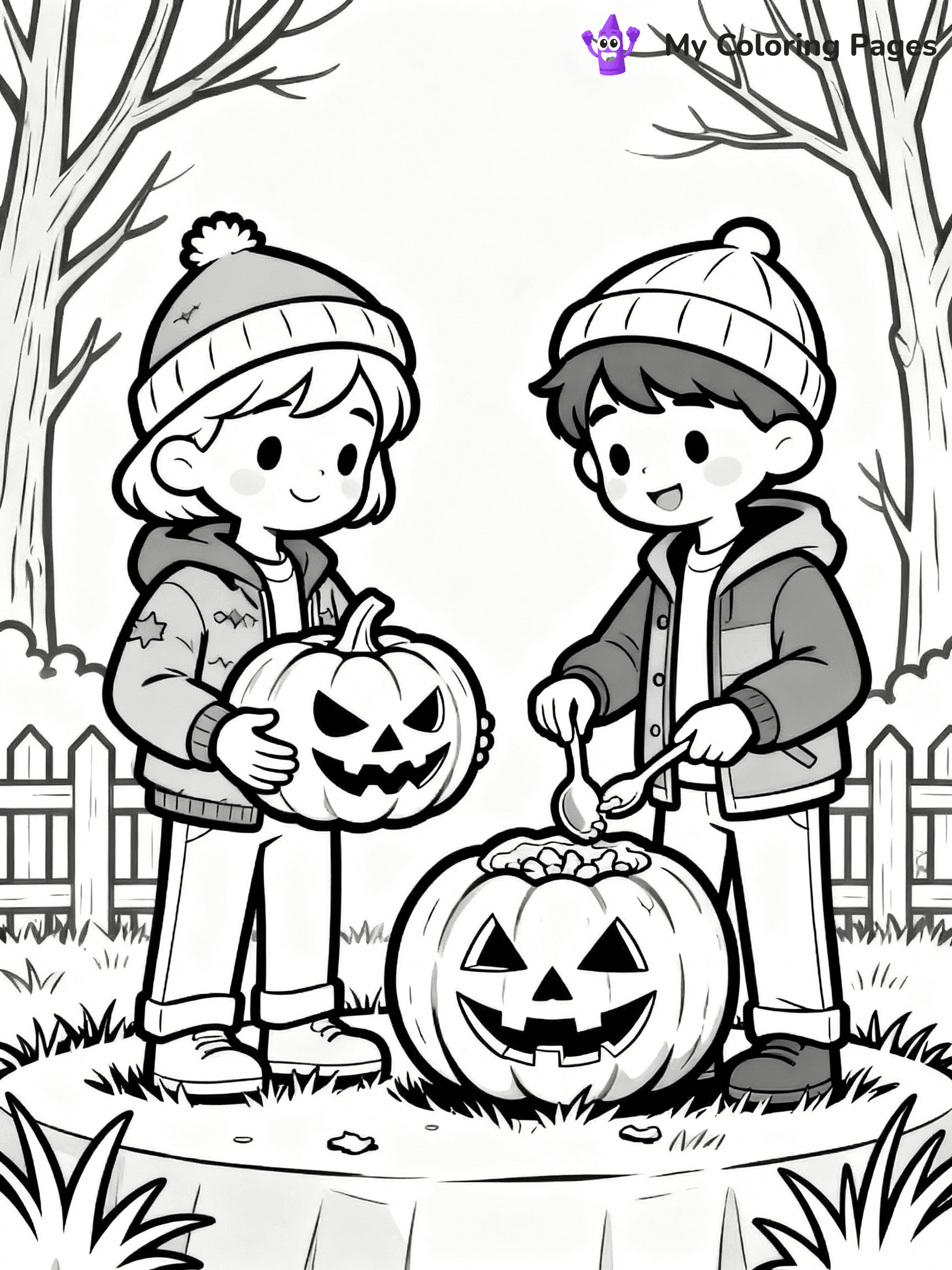 ⚠️ CRITICAL REQUIREMENT - ABSOLUTE BLACK AND WHITE ONLY ⚠️
This MUST be a BLACK AND WHITE line drawing ONLY. NO COLORS whatsoever.
- ONLY pure black lines (#000000) on pure white background (#FFFFFF)
- ABSOLUTELY NO colors, NO shading, NO gradients, NO grayscale
- If there are ANY colors in the output, the image is REJECTED
- This is a COLORING PAGE - meant to be COLORED IN by children
- The output must be UNCOLORED line art ready for coloring
⚠️ SUBJECT TO DRAW: Kids carving pumpkins for Halloween, in fall-themed style. PURE OUTLINES. NO FILLS, COLOR, SHADING, OR GREYSCALE. WHITE BACKGROUND.
(REMEMBER: Output must be BLACK AND WHITE line art only, NOT colored!)
# Flat, Friendly Cartoon Line-Art Coloring Page
You are generating a **pure black-and-white binary image** of a child-friendly cartoon scene combining characters and background scenery in one cohesive composition.
## Rendering Rules (Strict)
- Only two colors: pure black (#000000) outlines and pure white (#FFFFFF) background.
- No grayscale, shading, gradients, tints, fills, transparency, or partial pixels.
- No antialiasing or blended edges; every pixel is 100% black or white.
- No solid black fills inside shapes — all areas inside outlines must remain white.
- No dark clothing areas or filled tone blocks; all garments outlined only.
- No shadows, textures, lighting, or tonal variations.
- Must look like flat binary vector line-art for coloring pages.
## Drawing & Composition
- **Medium, consistent line weight**; clean closed outlines easy to color inside.
- **Flat, simple, child-friendly design** — no realism or 3D depth.
- Characters are **grounded on a surface**, centered and large.
- **Balanced composition** with clear silhouettes and minimal props.
## Scenery & Style
- Landmarks (e.g., mosque, CN Tower) and scenery (trees, benches, waves) drawn with **black outlines only.**
- For real-world figures, teams, or places, show accurate details using only black outlines—no text or logos. Use distinctive uniform patterns, abstract symbols, and landmark silhouettes to convey identity.
- Keep **consistent perspective**; no floating elements.
- **Style:** whimsical **Doodle Art Alley** — rounded, friendly outlines.
- May adapt shapes from **Crayola, Disney, Peppa Pig, Cocomelon** — *by shape only, never color.*
- Final output: **flat, crisp, binary (#000000/#FFFFFF)**, **no filled color or background text.**
EXTREMELYE IMPORTANT:
- PURE BINARY LINE-ART; NO FILLS (HAIR/CLOTHES/SKIN), SHADING, OR GREY.
- NO SHADING, COLOR. MUST BE WHITE BACKGROUND.
⚠️ FINAL REMINDER: Draw the subject "Kids carving pumpkins for Halloween, in fall-themed style. PURE OUTLINES. NO FILLS, COLOR, SHADING, OR GREYSCALE. WHITE BACKGROUND." as BLACK AND WHITE line art. Zero colors in output.