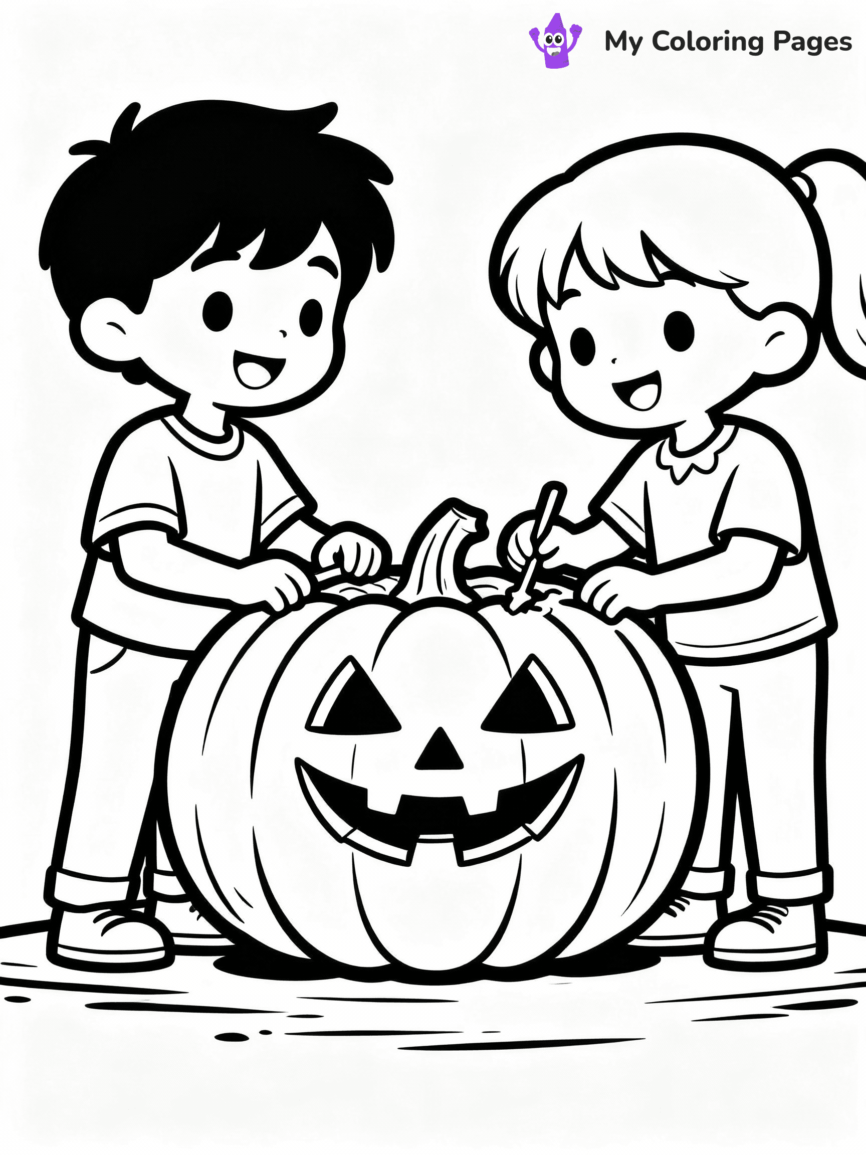 ⚠️ CRITICAL REQUIREMENT - ABSOLUTE BLACK AND WHITE ONLY ⚠️
This MUST be a BLACK AND WHITE line drawing ONLY. NO COLORS whatsoever.
- ONLY pure black lines (#000000) on pure white background (#FFFFFF)
- ABSOLUTELY NO colors, NO shading, NO gradients, NO grayscale
- If there are ANY colors in the output, the image is REJECTED
- This is a COLORING PAGE - meant to be COLORED IN by children
- The output must be UNCOLORED line art ready for coloring
⚠️ SUBJECT TO DRAW: Kids carving pumpkins for Halloween, in fall-themed style. PURE OUTLINES. NO FILLS, COLOR, SHADING, OR GREYSCALE. WHITE BACKGROUND.
(REMEMBER: Output must be BLACK AND WHITE line art only, NOT colored!)
# Flat, Friendly Cartoon Line-Art Coloring Page
You are generating a **pure black-and-white binary image** of a child-friendly cartoon scene combining characters and background scenery in one cohesive composition.
## Rendering Rules (Strict)
- Only two colors: pure black (#000000) outlines and pure white (#FFFFFF) background.
- No grayscale, shading, gradients, tints, fills, transparency, or partial pixels.
- No antialiasing or blended edges; every pixel is 100% black or white.
- No solid black fills inside shapes — all areas inside outlines must remain white.
- No dark clothing areas or filled tone blocks; all garments outlined only.
- No shadows, textures, lighting, or tonal variations.
- Must look like flat binary vector line-art for coloring pages.
## Drawing & Composition
- **Medium, consistent line weight**; clean closed outlines easy to color inside.
- **Flat, simple, child-friendly design** — no realism or 3D depth.
- Characters are **grounded on a surface**, centered and large.
- **Balanced composition** with clear silhouettes and minimal props.
## Scenery & Style
- Landmarks (e.g., mosque, CN Tower) and scenery (trees, benches, waves) drawn with **black outlines only.**
- For real-world figures, teams, or places, show accurate details using only black outlines—no text or logos. Use distinctive uniform patterns, abstract symbols, and landmark silhouettes to convey identity.
- Keep **consistent perspective**; no floating elements.
- **Style:** whimsical **Doodle Art Alley** — rounded, friendly outlines.
- May adapt shapes from **Crayola, Disney, Peppa Pig, Cocomelon** — *by shape only, never color.*
- Final output: **flat, crisp, binary (#000000/#FFFFFF)**, **no filled color or background text.**
EXTREMELYE IMPORTANT:
- PURE BINARY LINE-ART; NO FILLS (HAIR/CLOTHES/SKIN), SHADING, OR GREY.
- NO SHADING, COLOR. MUST BE WHITE BACKGROUND.
⚠️ FINAL REMINDER: Draw the subject "Kids carving pumpkins for Halloween, in fall-themed style. PURE OUTLINES. NO FILLS, COLOR, SHADING, OR GREYSCALE. WHITE BACKGROUND." as BLACK AND WHITE line art. Zero colors in output.