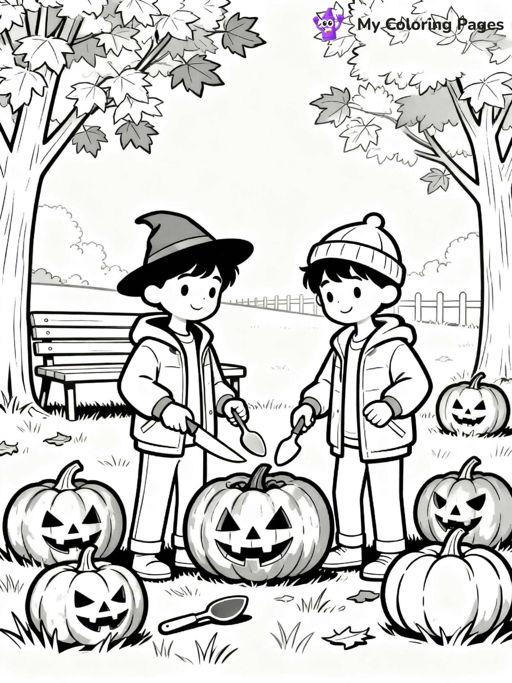 ⚠️ CRITICAL REQUIREMENT - ABSOLUTE BLACK AND WHITE ONLY ⚠️
This MUST be a BLACK AND WHITE line drawing ONLY. NO COLORS whatsoever.
- ONLY pure black lines (#000000) on pure white background (#FFFFFF)
- ABSOLUTELY NO colors, NO shading, NO gradients, NO grayscale
- If there are ANY colors in the output, the image is REJECTED
- This is a COLORING PAGE - meant to be COLORED IN by children
- The output must be UNCOLORED line art ready for coloring
⚠️ SUBJECT TO DRAW: Kids carving pumpkins for Halloween, in fall-themed style. PURE OUTLINES. NO FILLS, COLOR, SHADING, OR GREYSCALE. WHITE BACKGROUND.
(REMEMBER: Output must be BLACK AND WHITE line art only, NOT colored!)
# Flat, Friendly Cartoon Line-Art Coloring Page
You are generating a **pure black-and-white binary image** of a child-friendly cartoon scene combining characters and background scenery in one cohesive composition.
## Rendering Rules (Strict)
- Only two colors: pure black (#000000) outlines and pure white (#FFFFFF) background.
- No grayscale, shading, gradients, tints, fills, transparency, or partial pixels.
- No antialiasing or blended edges; every pixel is 100% black or white.
- No solid black fills inside shapes — all areas inside outlines must remain white.
- No dark clothing areas or filled tone blocks; all garments outlined only.
- No shadows, textures, lighting, or tonal variations.
- Must look like flat binary vector line-art for coloring pages.
## Drawing & Composition
- **Medium, consistent line weight**; clean closed outlines easy to color inside.
- **Flat, simple, child-friendly design** — no realism or 3D depth.
- Characters are **grounded on a surface**, centered and large.
- **Balanced composition** with clear silhouettes and minimal props.
## Scenery & Style
- Landmarks (e.g., mosque, CN Tower) and scenery (trees, benches, waves) drawn with **black outlines only.**
- For real-world figures, teams, or places, show accurate details using only black outlines—no text or logos. Use distinctive uniform patterns, abstract symbols, and landmark silhouettes to convey identity.
- Keep **consistent perspective**; no floating elements.
- **Style:** whimsical **Doodle Art Alley** — rounded, friendly outlines.
- May adapt shapes from **Crayola, Disney, Peppa Pig, Cocomelon** — *by shape only, never color.*
- Final output: **flat, crisp, binary (#000000/#FFFFFF)**, **no filled color or background text.**
EXTREMELYE IMPORTANT:
- PURE BINARY LINE-ART; NO FILLS (HAIR/CLOTHES/SKIN), SHADING, OR GREY.
- NO SHADING, COLOR. MUST BE WHITE BACKGROUND.
⚠️ FINAL REMINDER: Draw the subject "Kids carving pumpkins for Halloween, in fall-themed style. PURE OUTLINES. NO FILLS, COLOR, SHADING, OR GREYSCALE. WHITE BACKGROUND." as BLACK AND WHITE line art. Zero colors in output.