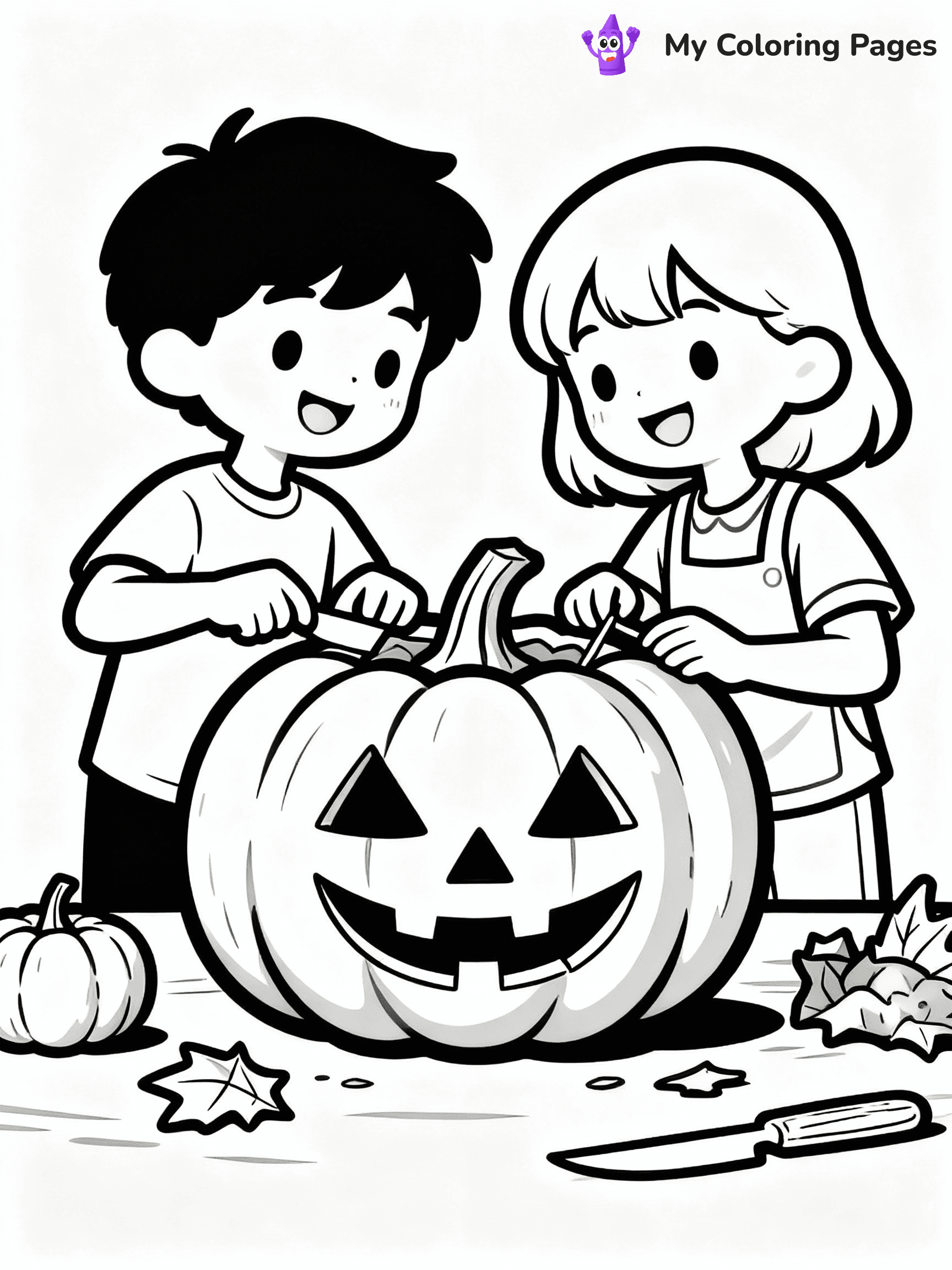 ⚠️ CRITICAL REQUIREMENT - ABSOLUTE BLACK AND WHITE ONLY ⚠️
This MUST be a BLACK AND WHITE line drawing ONLY. NO COLORS whatsoever.
- ONLY pure black lines (#000000) on pure white background (#FFFFFF)
- ABSOLUTELY NO colors, NO shading, NO gradients, NO grayscale
- If there are ANY colors in the output, the image is REJECTED
- This is a COLORING PAGE - meant to be COLORED IN by children
- The output must be UNCOLORED line art ready for coloring
⚠️ SUBJECT TO DRAW: Kids carving pumpkins for Halloween, in fall-themed style. PURE OUTLINES. NO FILLS, COLOR, SHADING, OR GREYSCALE. WHITE BACKGROUND.
(REMEMBER: Output must be BLACK AND WHITE line art only, NOT colored!)
# Flat, Friendly Cartoon Line-Art Coloring Page
You are generating a **pure black-and-white binary image** of a child-friendly cartoon scene combining characters and background scenery in one cohesive composition.
## Rendering Rules (Strict)
- Only two colors: pure black (#000000) outlines and pure white (#FFFFFF) background.
- No grayscale, shading, gradients, tints, fills, transparency, or partial pixels.
- No antialiasing or blended edges; every pixel is 100% black or white.
- No solid black fills inside shapes — all areas inside outlines must remain white.
- No dark clothing areas or filled tone blocks; all garments outlined only.
- No shadows, textures, lighting, or tonal variations.
- Must look like flat binary vector line-art for coloring pages.
## Drawing & Composition
- **Medium, consistent line weight**; clean closed outlines easy to color inside.
- **Flat, simple, child-friendly design** — no realism or 3D depth.
- Characters are **grounded on a surface**, centered and large.
- **Balanced composition** with clear silhouettes and minimal props.
## Scenery & Style
- Landmarks (e.g., mosque, CN Tower) and scenery (trees, benches, waves) drawn with **black outlines only.**
- For real-world figures, teams, or places, show accurate details using only black outlines—no text or logos. Use distinctive uniform patterns, abstract symbols, and landmark silhouettes to convey identity.
- Keep **consistent perspective**; no floating elements.
- **Style:** whimsical **Doodle Art Alley** — rounded, friendly outlines.
- May adapt shapes from **Crayola, Disney, Peppa Pig, Cocomelon** — *by shape only, never color.*
- Final output: **flat, crisp, binary (#000000/#FFFFFF)**, **no filled color or background text.**
EXTREMELYE IMPORTANT:
- PURE BINARY LINE-ART; NO FILLS (HAIR/CLOTHES/SKIN), SHADING, OR GREY.
- NO SHADING, COLOR. MUST BE WHITE BACKGROUND.
⚠️ FINAL REMINDER: Draw the subject "Kids carving pumpkins for Halloween, in fall-themed style. PURE OUTLINES. NO FILLS, COLOR, SHADING, OR GREYSCALE. WHITE BACKGROUND." as BLACK AND WHITE line art. Zero colors in output.