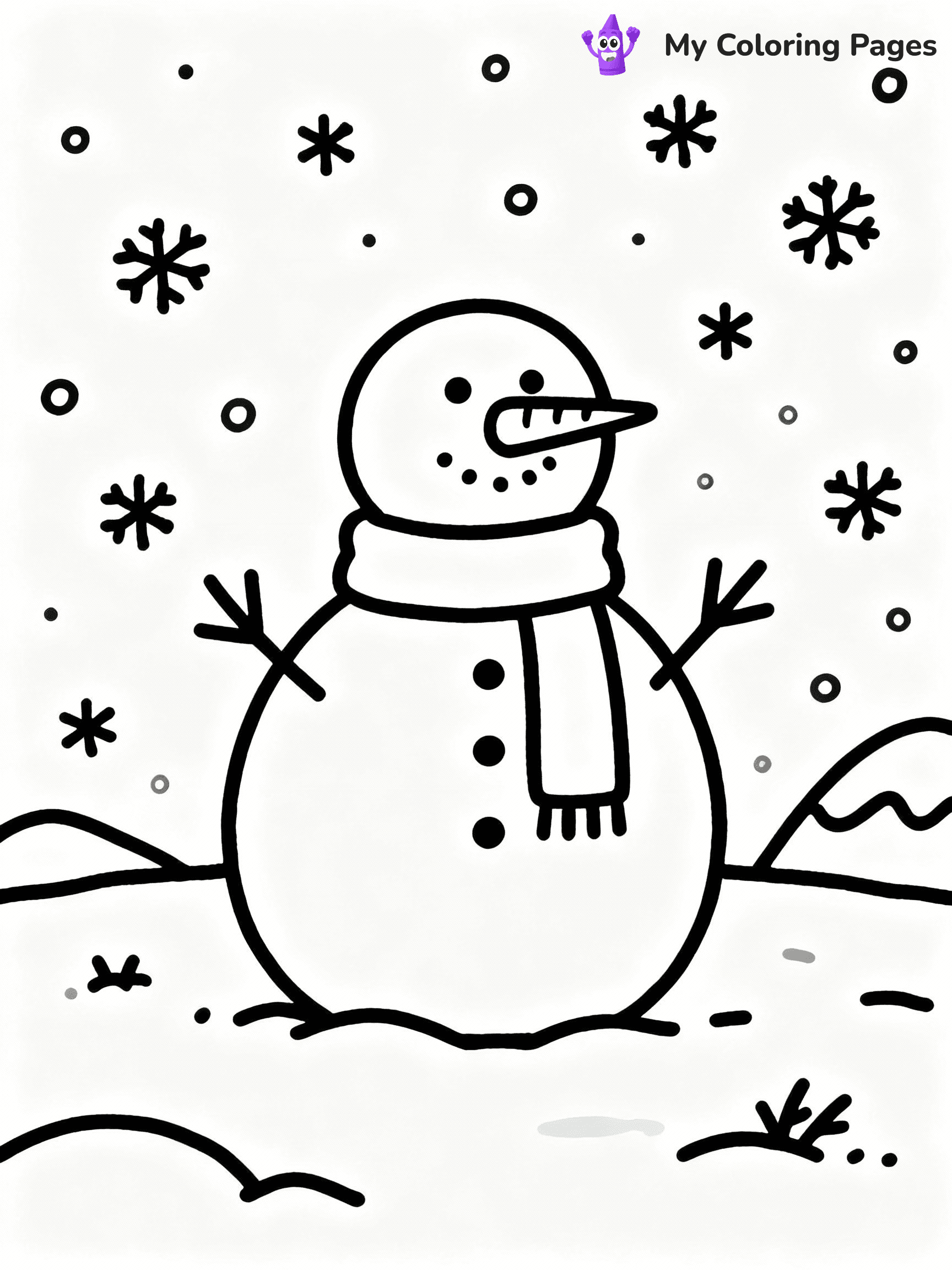 ⚠️ CRITICAL REQUIREMENT - ABSOLUTE BLACK AND WHITE ONLY ⚠️
This MUST be a BLACK AND WHITE line drawing ONLY. NO COLORS whatsoever.
- ONLY pure black lines (#000000) on pure white background (#FFFFFF)
- ABSOLUTELY NO colors, NO shading, NO gradients, NO grayscale
- If there are ANY colors in the output, the image is REJECTED
- This is a COLORING PAGE - meant to be COLORED IN by children
- The output must be UNCOLORED line art ready for coloring
⚠️ SUBJECT TO DRAW: Classic snowman with a scarf and carrot nose, standing in a snowy field, in playful outline style
(REMEMBER: Output must be BLACK AND WHITE line art only, NOT colored!)
# COLORING PAGE: BLACK OUTLINES ONLY - WHITE BACKGROUND MANDATORY
Create a **coloring book page** using EXACTLY two values: black lines, white space.
## NON-NEGOTIABLE BINARY RULES
- **ONLY #000000 (black) and #FFFFFF (white)** - NO other values exist
- **EVERY PIXEL = BLACK OR WHITE** - no gray/shading/antialiasing
- **WHITE BACKGROUND MANDATORY** - entire canvas stays white
- **ALL SHAPES HOLLOW** - everything is empty outlines waiting to be colored
- **FORBIDDEN:** fills, shading, gradients, patterns, textures, colors
- **NO SOLID REGIONS** - if it's not a thin line, it's wrong
## Universal Line Standards
- Black outlines ONLY - thin, uniform weight
- Every shape completely empty inside
- Closed contours suitable for coloring
- Simple flat illustration - zero depth/3D/realism
- **Style:** Whimsical Doodle Art Alley - rounded, friendly outlines (unless specified)
## Everything = Outline Only
- Characters/animals: hollow shapes
- Objects/clothing: empty contours
- Backgrounds/scenery: line work only
- Natural elements: outlined forms
- Dark/night areas: don't exist (use outlined symbols)
- Textures/patterns: convert to simple lines
## The Test
Can a child color EVERY white space with crayons? If any area is pre-filled/shaded/gray or colored in, it FAILS. Every shape must be waiting to receive color.
**FINAL OUTPUT**: Binary coloring page. Black lines define shapes. White spaces ready for coloring. Nothing else exists. No exceptions. Print-ready.
⚠️ FINAL REMINDER: Draw the subject "Classic snowman with a scarf and carrot nose, standing in a snowy field, in playful outline style" as BLACK AND WHITE line art. Zero colors in output.