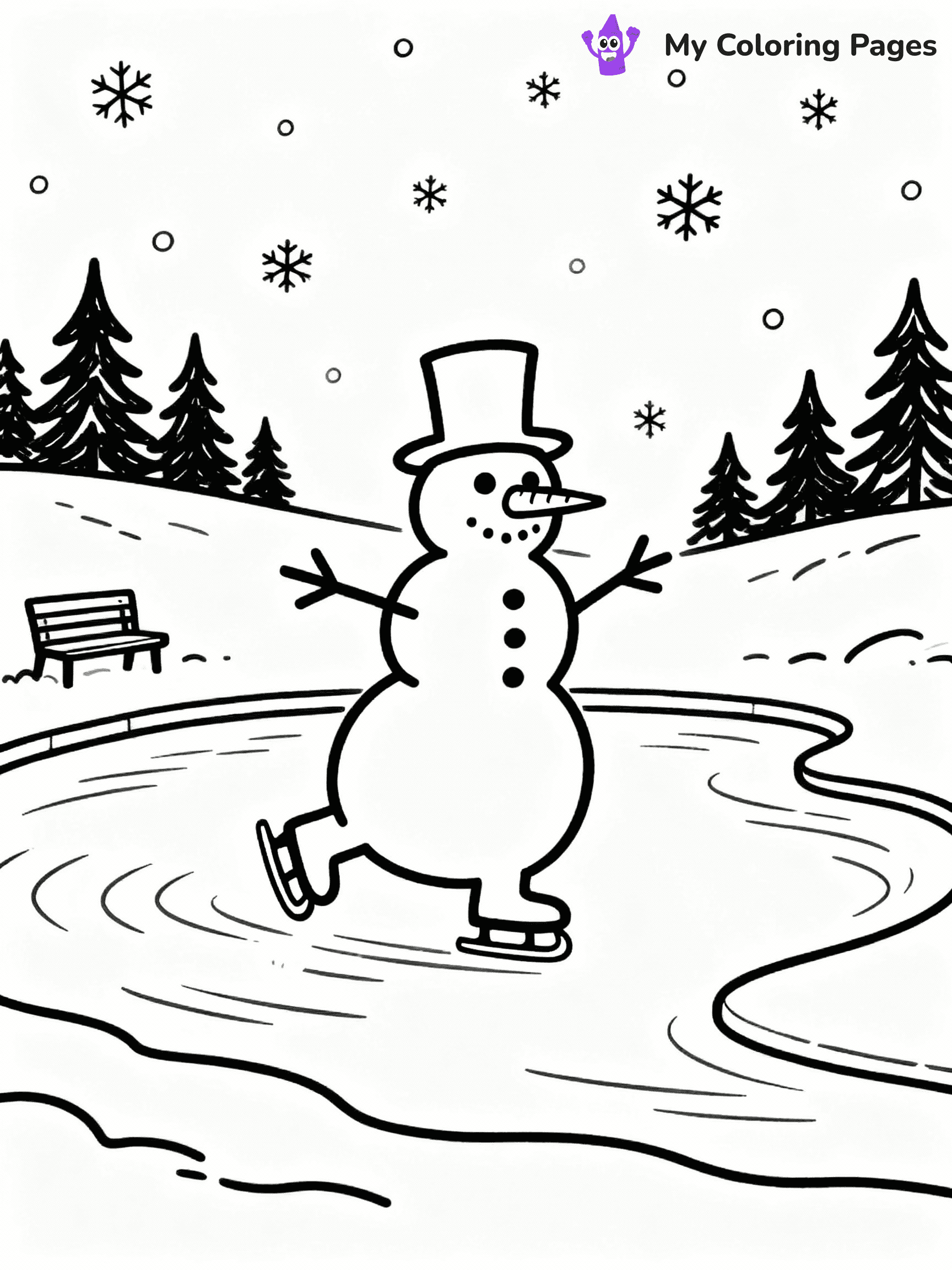 ⚠️ CRITICAL REQUIREMENT - ABSOLUTE BLACK AND WHITE ONLY ⚠️
This MUST be a BLACK AND WHITE line drawing ONLY. NO COLORS whatsoever.
- ONLY pure black lines (#000000) on pure white background (#FFFFFF)
- ABSOLUTELY NO colors, NO shading, NO gradients, NO grayscale
- If there are ANY colors in the output, the image is REJECTED
- This is a COLORING PAGE - meant to be COLORED IN by children
- The output must be UNCOLORED line art ready for coloring
⚠️ SUBJECT TO DRAW: Snowman ice skating on a frozen pond, arms outstretched, in charming winter scene style
(REMEMBER: Output must be BLACK AND WHITE line art only, NOT colored!)
# COLORING PAGE: BLACK OUTLINES ONLY - WHITE BACKGROUND MANDATORY
Create a **coloring book page** using EXACTLY two values: black lines, white space.
## NON-NEGOTIABLE BINARY RULES
- **ONLY #000000 (black) and #FFFFFF (white)** - NO other values exist
- **EVERY PIXEL = BLACK OR WHITE** - no gray/shading/antialiasing
- **WHITE BACKGROUND MANDATORY** - entire canvas stays white
- **ALL SHAPES HOLLOW** - everything is empty outlines waiting to be colored
- **FORBIDDEN:** fills, shading, gradients, patterns, textures, colors
- **NO SOLID REGIONS** - if it's not a thin line, it's wrong
## Universal Line Standards
- Black outlines ONLY - thin, uniform weight
- Every shape completely empty inside
- Closed contours suitable for coloring
- Simple flat illustration - zero depth/3D/realism
- **Style:** Whimsical Doodle Art Alley - rounded, friendly outlines (unless specified)
## Everything = Outline Only
- Characters/animals: hollow shapes
- Objects/clothing: empty contours
- Backgrounds/scenery: line work only
- Natural elements: outlined forms
- Dark/night areas: don't exist (use outlined symbols)
- Textures/patterns: convert to simple lines
## The Test
Can a child color EVERY white space with crayons? If any area is pre-filled/shaded/gray or colored in, it FAILS. Every shape must be waiting to receive color.
**FINAL OUTPUT**: Binary coloring page. Black lines define shapes. White spaces ready for coloring. Nothing else exists. No exceptions. Print-ready.
⚠️ FINAL REMINDER: Draw the subject "Snowman ice skating on a frozen pond, arms outstretched, in charming winter scene style" as BLACK AND WHITE line art. Zero colors in output.