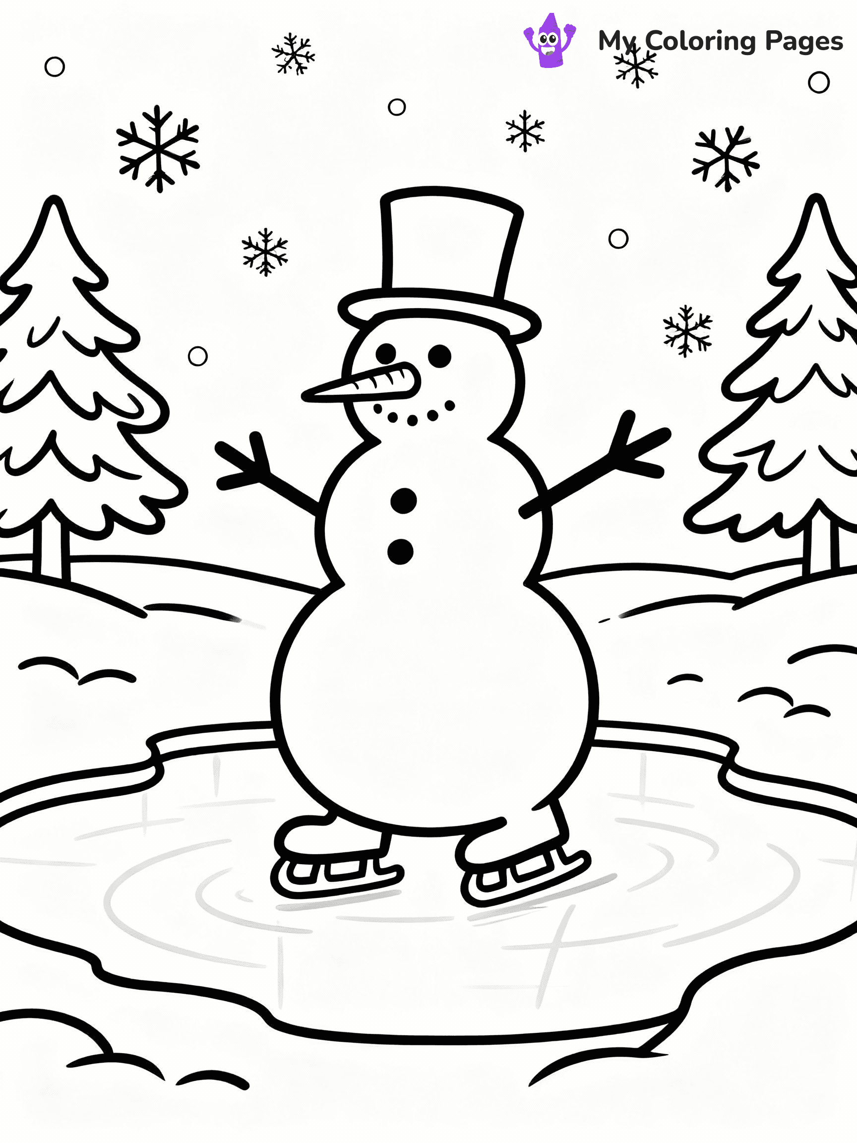 ⚠️ CRITICAL REQUIREMENT - ABSOLUTE BLACK AND WHITE ONLY ⚠️
This MUST be a BLACK AND WHITE line drawing ONLY. NO COLORS whatsoever.
- ONLY pure black lines (#000000) on pure white background (#FFFFFF)
- ABSOLUTELY NO colors, NO shading, NO gradients, NO grayscale
- If there are ANY colors in the output, the image is REJECTED
- This is a COLORING PAGE - meant to be COLORED IN by children
- The output must be UNCOLORED line art ready for coloring
⚠️ SUBJECT TO DRAW: Snowman ice skating on a frozen pond, arms outstretched, in charming winter scene style
(REMEMBER: Output must be BLACK AND WHITE line art only, NOT colored!)
# COLORING PAGE: BLACK OUTLINES ONLY - WHITE BACKGROUND MANDATORY
Create a **coloring book page** using EXACTLY two values: black lines, white space.
## NON-NEGOTIABLE BINARY RULES
- **ONLY #000000 (black) and #FFFFFF (white)** - NO other values exist
- **EVERY PIXEL = BLACK OR WHITE** - no gray/shading/antialiasing
- **WHITE BACKGROUND MANDATORY** - entire canvas stays white
- **ALL SHAPES HOLLOW** - everything is empty outlines waiting to be colored
- **FORBIDDEN:** fills, shading, gradients, patterns, textures, colors
- **NO SOLID REGIONS** - if it's not a thin line, it's wrong
## Universal Line Standards
- Black outlines ONLY - thin, uniform weight
- Every shape completely empty inside
- Closed contours suitable for coloring
- Simple flat illustration - zero depth/3D/realism
- **Style:** Whimsical Doodle Art Alley - rounded, friendly outlines (unless specified)
## Everything = Outline Only
- Characters/animals: hollow shapes
- Objects/clothing: empty contours
- Backgrounds/scenery: line work only
- Natural elements: outlined forms
- Dark/night areas: don't exist (use outlined symbols)
- Textures/patterns: convert to simple lines
## The Test
Can a child color EVERY white space with crayons? If any area is pre-filled/shaded/gray or colored in, it FAILS. Every shape must be waiting to receive color.
**FINAL OUTPUT**: Binary coloring page. Black lines define shapes. White spaces ready for coloring. Nothing else exists. No exceptions. Print-ready.
⚠️ FINAL REMINDER: Draw the subject "Snowman ice skating on a frozen pond, arms outstretched, in charming winter scene style" as BLACK AND WHITE line art. Zero colors in output.