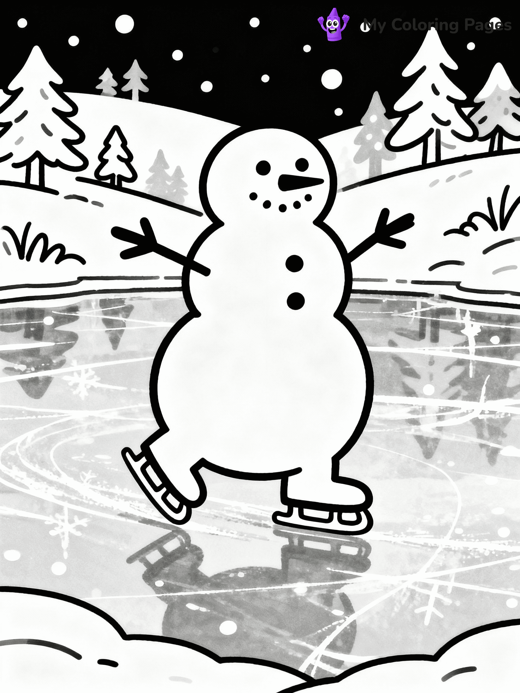 ⚠️ CRITICAL REQUIREMENT - ABSOLUTE BLACK AND WHITE ONLY ⚠️
This MUST be a BLACK AND WHITE line drawing ONLY. NO COLORS whatsoever.
- ONLY pure black lines (#000000) on pure white background (#FFFFFF)
- ABSOLUTELY NO colors, NO shading, NO gradients, NO grayscale
- If there are ANY colors in the output, the image is REJECTED
- This is a COLORING PAGE - meant to be COLORED IN by children
- The output must be UNCOLORED line art ready for coloring
⚠️ SUBJECT TO DRAW: Snowman ice skating on a frozen pond, arms outstretched, in charming winter scene style
(REMEMBER: Output must be BLACK AND WHITE line art only, NOT colored!)
# COLORING PAGE: BLACK OUTLINES ONLY - WHITE BACKGROUND MANDATORY
Create a **coloring book page** using EXACTLY two values: black lines, white space.
## NON-NEGOTIABLE BINARY RULES
- **ONLY #000000 (black) and #FFFFFF (white)** - NO other values exist
- **EVERY PIXEL = BLACK OR WHITE** - no gray/shading/antialiasing
- **WHITE BACKGROUND MANDATORY** - entire canvas stays white
- **ALL SHAPES HOLLOW** - everything is empty outlines waiting to be colored
- **FORBIDDEN:** fills, shading, gradients, patterns, textures, colors
- **NO SOLID REGIONS** - if it's not a thin line, it's wrong
## Universal Line Standards
- Black outlines ONLY - thin, uniform weight
- Every shape completely empty inside
- Closed contours suitable for coloring
- Simple flat illustration - zero depth/3D/realism
- **Style:** Whimsical Doodle Art Alley - rounded, friendly outlines (unless specified)
## Everything = Outline Only
- Characters/animals: hollow shapes
- Objects/clothing: empty contours
- Backgrounds/scenery: line work only
- Natural elements: outlined forms
- Dark/night areas: don't exist (use outlined symbols)
- Textures/patterns: convert to simple lines
## The Test
Can a child color EVERY white space with crayons? If any area is pre-filled/shaded/gray or colored in, it FAILS. Every shape must be waiting to receive color.
**FINAL OUTPUT**: Binary coloring page. Black lines define shapes. White spaces ready for coloring. Nothing else exists. No exceptions. Print-ready.
⚠️ FINAL REMINDER: Draw the subject "Snowman ice skating on a frozen pond, arms outstretched, in charming winter scene style" as BLACK AND WHITE line art. Zero colors in output.