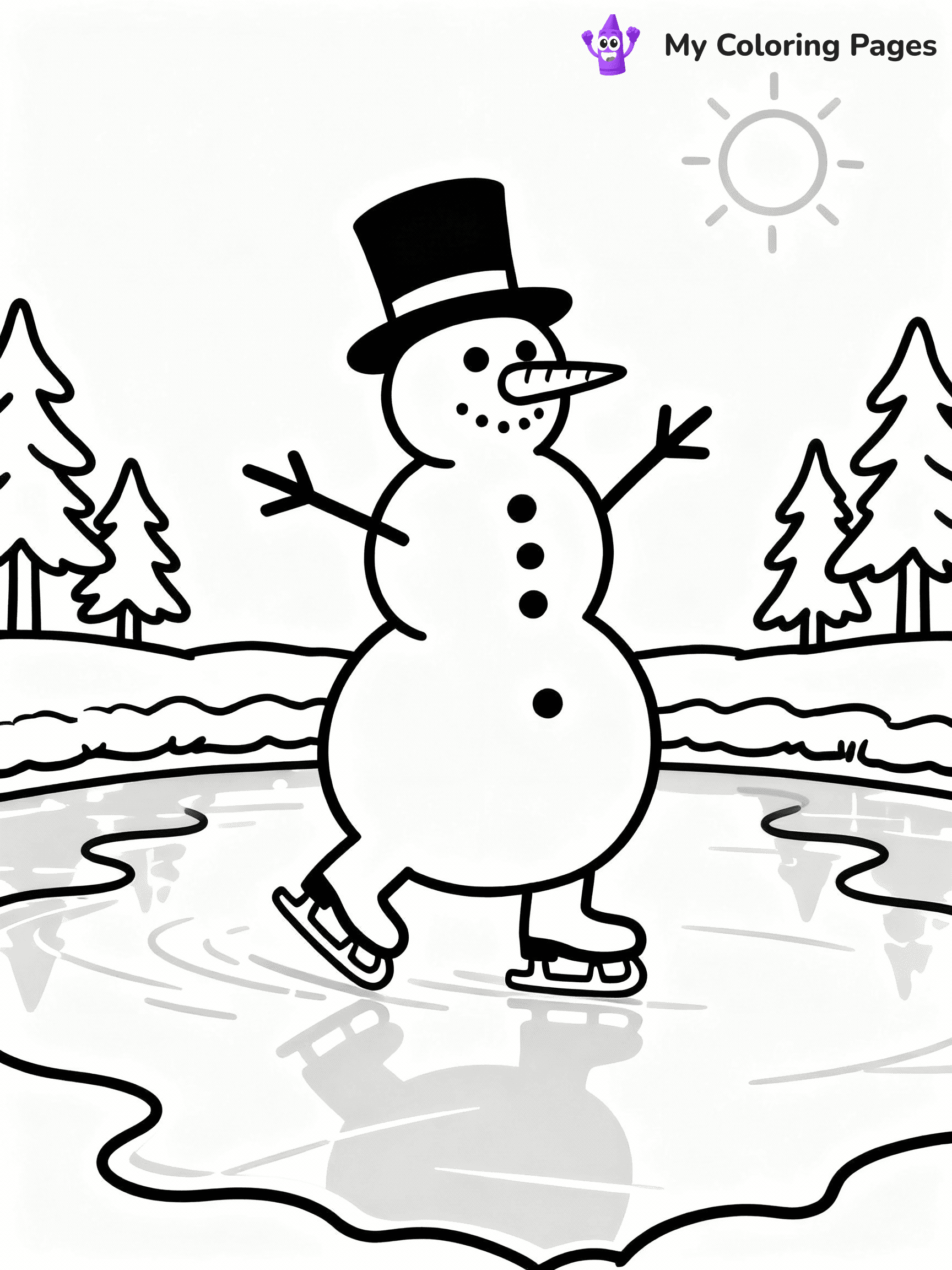 ⚠️ CRITICAL REQUIREMENT - ABSOLUTE BLACK AND WHITE ONLY ⚠️
This MUST be a BLACK AND WHITE line drawing ONLY. NO COLORS whatsoever.
- ONLY pure black lines (#000000) on pure white background (#FFFFFF)
- ABSOLUTELY NO colors, NO shading, NO gradients, NO grayscale
- If there are ANY colors in the output, the image is REJECTED
- This is a COLORING PAGE - meant to be COLORED IN by children
- The output must be UNCOLORED line art ready for coloring
⚠️ SUBJECT TO DRAW: Snowman ice skating on a frozen pond, arms outstretched, in charming winter scene style
(REMEMBER: Output must be BLACK AND WHITE line art only, NOT colored!)
# COLORING PAGE: BLACK OUTLINES ONLY - WHITE BACKGROUND MANDATORY
Create a **coloring book page** using EXACTLY two values: black lines, white space.
## NON-NEGOTIABLE BINARY RULES
- **ONLY #000000 (black) and #FFFFFF (white)** - NO other values exist
- **EVERY PIXEL = BLACK OR WHITE** - no gray/shading/antialiasing
- **WHITE BACKGROUND MANDATORY** - entire canvas stays white
- **ALL SHAPES HOLLOW** - everything is empty outlines waiting to be colored
- **FORBIDDEN:** fills, shading, gradients, patterns, textures, colors
- **NO SOLID REGIONS** - if it's not a thin line, it's wrong
## Universal Line Standards
- Black outlines ONLY - thin, uniform weight
- Every shape completely empty inside
- Closed contours suitable for coloring
- Simple flat illustration - zero depth/3D/realism
- **Style:** Whimsical Doodle Art Alley - rounded, friendly outlines (unless specified)
## Everything = Outline Only
- Characters/animals: hollow shapes
- Objects/clothing: empty contours
- Backgrounds/scenery: line work only
- Natural elements: outlined forms
- Dark/night areas: don't exist (use outlined symbols)
- Textures/patterns: convert to simple lines
## The Test
Can a child color EVERY white space with crayons? If any area is pre-filled/shaded/gray or colored in, it FAILS. Every shape must be waiting to receive color.
**FINAL OUTPUT**: Binary coloring page. Black lines define shapes. White spaces ready for coloring. Nothing else exists. No exceptions. Print-ready.
⚠️ FINAL REMINDER: Draw the subject "Snowman ice skating on a frozen pond, arms outstretched, in charming winter scene style" as BLACK AND WHITE line art. Zero colors in output.