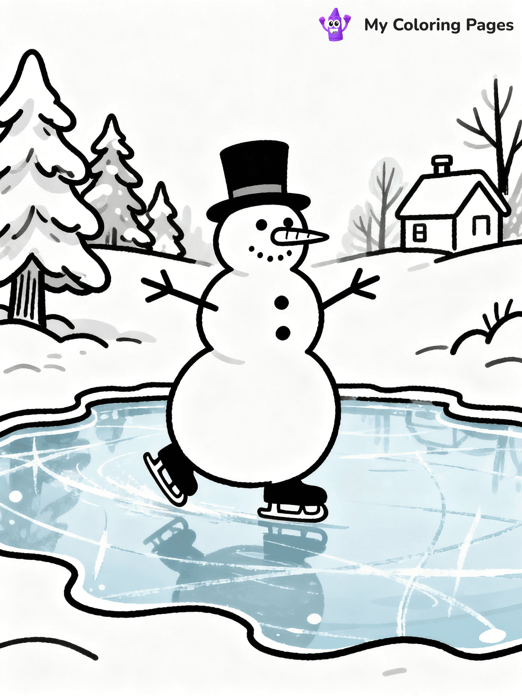 ⚠️ CRITICAL REQUIREMENT - ABSOLUTE BLACK AND WHITE ONLY ⚠️
This MUST be a BLACK AND WHITE line drawing ONLY. NO COLORS whatsoever.
- ONLY pure black lines (#000000) on pure white background (#FFFFFF)
- ABSOLUTELY NO colors, NO shading, NO gradients, NO grayscale
- If there are ANY colors in the output, the image is REJECTED
- This is a COLORING PAGE - meant to be COLORED IN by children
- The output must be UNCOLORED line art ready for coloring
⚠️ SUBJECT TO DRAW: Snowman ice skating on a frozen pond, arms outstretched, in charming winter scene style
(REMEMBER: Output must be BLACK AND WHITE line art only, NOT colored!)
# COLORING PAGE: BLACK OUTLINES ONLY - WHITE BACKGROUND MANDATORY
Create a **coloring book page** using EXACTLY two values: black lines, white space.
## NON-NEGOTIABLE BINARY RULES
- **ONLY #000000 (black) and #FFFFFF (white)** - NO other values exist
- **EVERY PIXEL = BLACK OR WHITE** - no gray/shading/antialiasing
- **WHITE BACKGROUND MANDATORY** - entire canvas stays white
- **ALL SHAPES HOLLOW** - everything is empty outlines waiting to be colored
- **FORBIDDEN:** fills, shading, gradients, patterns, textures, colors
- **NO SOLID REGIONS** - if it's not a thin line, it's wrong
## Universal Line Standards
- Black outlines ONLY - thin, uniform weight
- Every shape completely empty inside
- Closed contours suitable for coloring
- Simple flat illustration - zero depth/3D/realism
- **Style:** Whimsical Doodle Art Alley - rounded, friendly outlines (unless specified)
## Everything = Outline Only
- Characters/animals: hollow shapes
- Objects/clothing: empty contours
- Backgrounds/scenery: line work only
- Natural elements: outlined forms
- Dark/night areas: don't exist (use outlined symbols)
- Textures/patterns: convert to simple lines
## The Test
Can a child color EVERY white space with crayons? If any area is pre-filled/shaded/gray or colored in, it FAILS. Every shape must be waiting to receive color.
**FINAL OUTPUT**: Binary coloring page. Black lines define shapes. White spaces ready for coloring. Nothing else exists. No exceptions. Print-ready.
⚠️ FINAL REMINDER: Draw the subject "Snowman ice skating on a frozen pond, arms outstretched, in charming winter scene style" as BLACK AND WHITE line art. Zero colors in output.