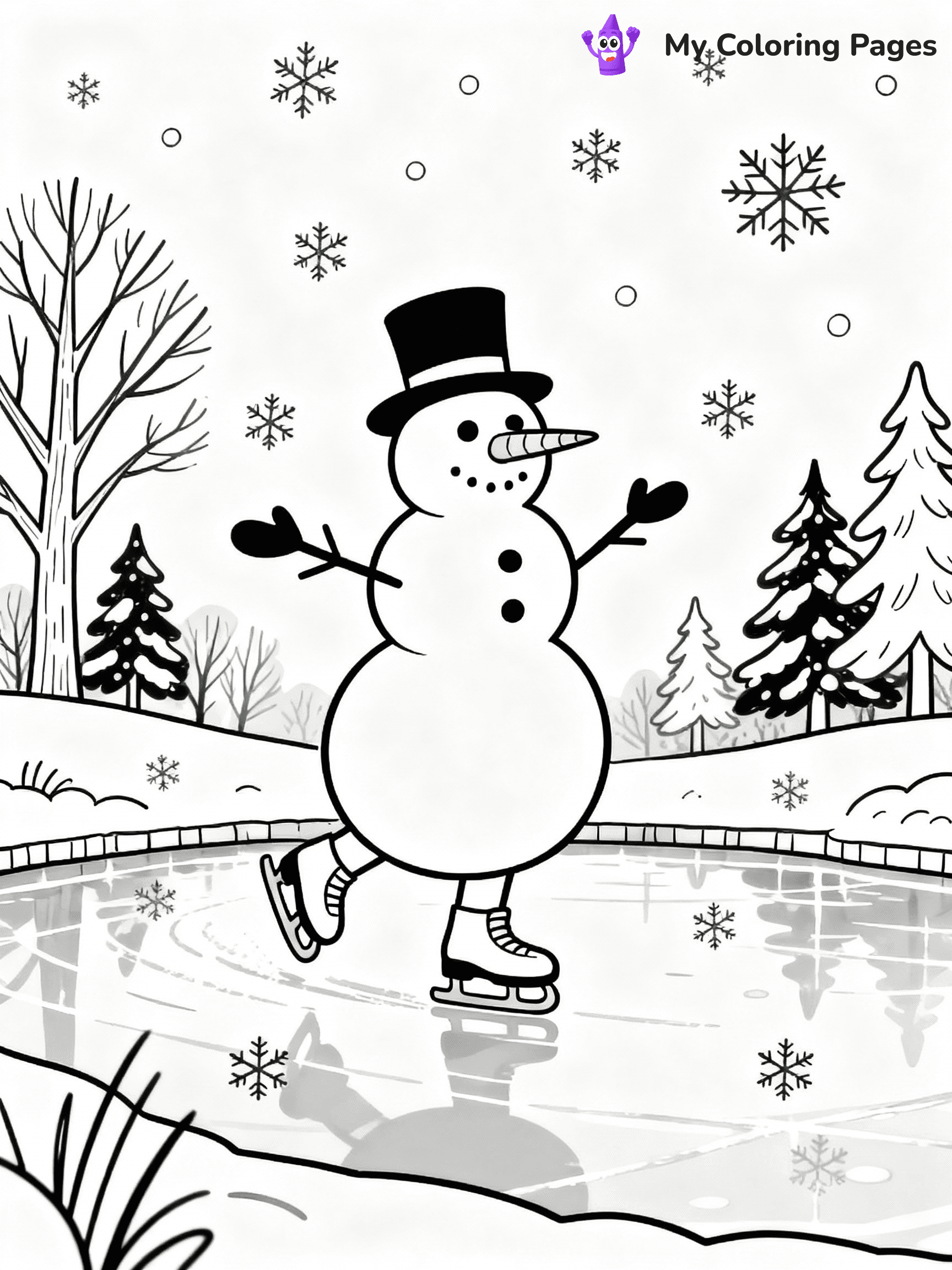 ⚠️ CRITICAL REQUIREMENT - ABSOLUTE BLACK AND WHITE ONLY ⚠️
This MUST be a BLACK AND WHITE line drawing ONLY. NO COLORS whatsoever.
- ONLY pure black lines (#000000) on pure white background (#FFFFFF)
- ABSOLUTELY NO colors, NO shading, NO gradients, NO grayscale
- If there are ANY colors in the output, the image is REJECTED
- This is a COLORING PAGE - meant to be COLORED IN by children
- The output must be UNCOLORED line art ready for coloring
⚠️ SUBJECT TO DRAW: Snowman ice skating on a frozen pond, arms outstretched, in charming winter scene style
(REMEMBER: Output must be BLACK AND WHITE line art only, NOT colored!)
# COLORING PAGE: BLACK OUTLINES ONLY - WHITE BACKGROUND MANDATORY
Create a **coloring book page** using EXACTLY two values: black lines, white space.
## NON-NEGOTIABLE BINARY RULES
- **ONLY #000000 (black) and #FFFFFF (white)** - NO other values exist
- **EVERY PIXEL = BLACK OR WHITE** - no gray/shading/antialiasing
- **WHITE BACKGROUND MANDATORY** - entire canvas stays white
- **ALL SHAPES HOLLOW** - everything is empty outlines waiting to be colored
- **FORBIDDEN:** fills, shading, gradients, patterns, textures, colors
- **NO SOLID REGIONS** - if it's not a thin line, it's wrong
## Universal Line Standards
- Black outlines ONLY - thin, uniform weight
- Every shape completely empty inside
- Closed contours suitable for coloring
- Simple flat illustration - zero depth/3D/realism
- **Style:** Whimsical Doodle Art Alley - rounded, friendly outlines (unless specified)
## Everything = Outline Only
- Characters/animals: hollow shapes
- Objects/clothing: empty contours
- Backgrounds/scenery: line work only
- Natural elements: outlined forms
- Dark/night areas: don't exist (use outlined symbols)
- Textures/patterns: convert to simple lines
## The Test
Can a child color EVERY white space with crayons? If any area is pre-filled/shaded/gray or colored in, it FAILS. Every shape must be waiting to receive color.
**FINAL OUTPUT**: Binary coloring page. Black lines define shapes. White spaces ready for coloring. Nothing else exists. No exceptions. Print-ready.
⚠️ FINAL REMINDER: Draw the subject "Snowman ice skating on a frozen pond, arms outstretched, in charming winter scene style" as BLACK AND WHITE line art. Zero colors in output.