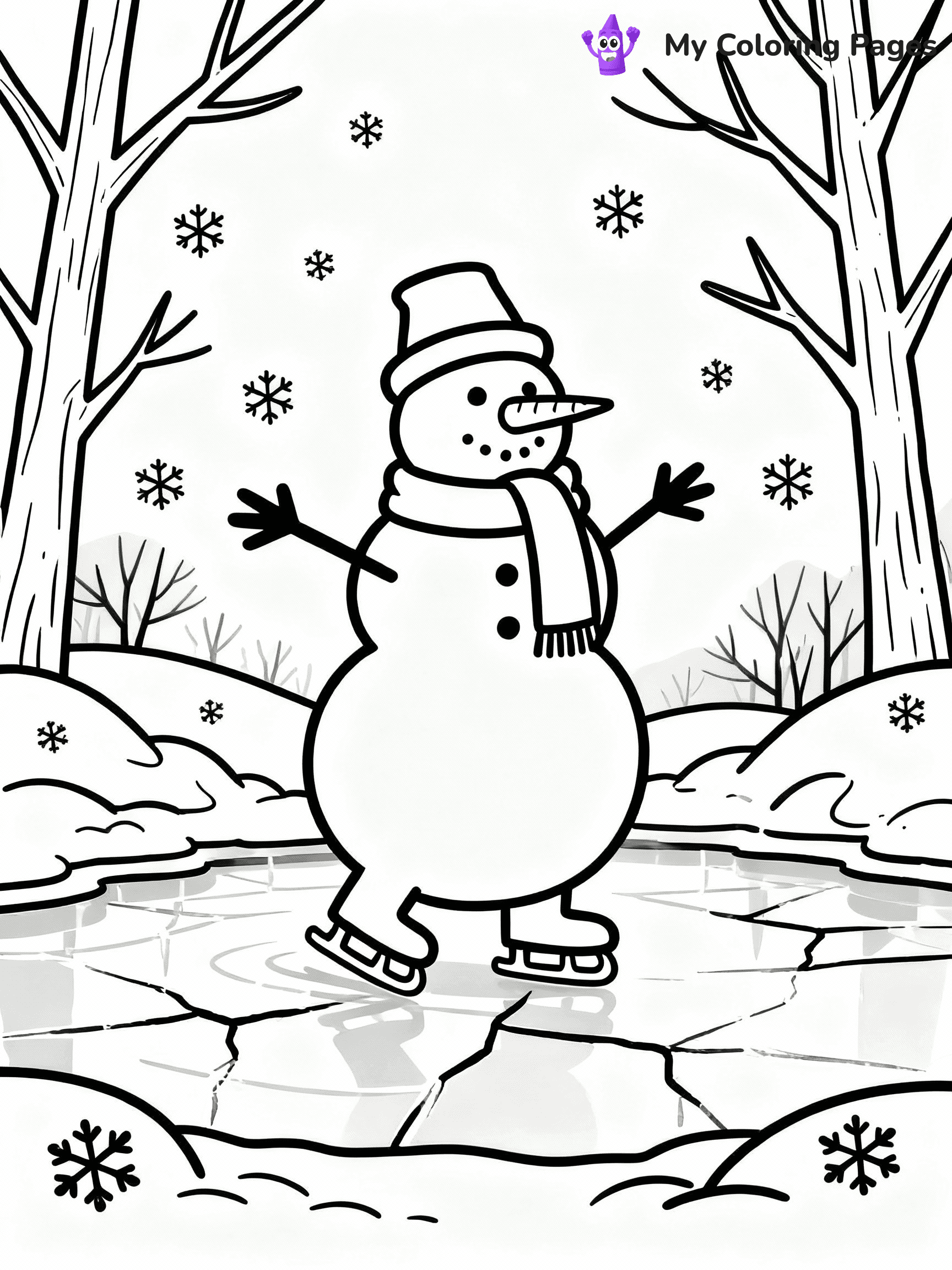 ⚠️ CRITICAL REQUIREMENT - ABSOLUTE BLACK AND WHITE ONLY ⚠️
This MUST be a BLACK AND WHITE line drawing ONLY. NO COLORS whatsoever.
- ONLY pure black lines (#000000) on pure white background (#FFFFFF)
- ABSOLUTELY NO colors, NO shading, NO gradients, NO grayscale
- If there are ANY colors in the output, the image is REJECTED
- This is a COLORING PAGE - meant to be COLORED IN by children
- The output must be UNCOLORED line art ready for coloring
⚠️ SUBJECT TO DRAW: Snowman ice skating on a frozen pond, arms outstretched, in charming winter scene style
(REMEMBER: Output must be BLACK AND WHITE line art only, NOT colored!)
# COLORING PAGE: BLACK OUTLINES ONLY - WHITE BACKGROUND MANDATORY
Create a **coloring book page** using EXACTLY two values: black lines, white space.
## NON-NEGOTIABLE BINARY RULES
- **ONLY #000000 (black) and #FFFFFF (white)** - NO other values exist
- **EVERY PIXEL = BLACK OR WHITE** - no gray/shading/antialiasing
- **WHITE BACKGROUND MANDATORY** - entire canvas stays white
- **ALL SHAPES HOLLOW** - everything is empty outlines waiting to be colored
- **FORBIDDEN:** fills, shading, gradients, patterns, textures, colors
- **NO SOLID REGIONS** - if it's not a thin line, it's wrong
## Universal Line Standards
- Black outlines ONLY - thin, uniform weight
- Every shape completely empty inside
- Closed contours suitable for coloring
- Simple flat illustration - zero depth/3D/realism
- **Style:** Whimsical Doodle Art Alley - rounded, friendly outlines (unless specified)
## Everything = Outline Only
- Characters/animals: hollow shapes
- Objects/clothing: empty contours
- Backgrounds/scenery: line work only
- Natural elements: outlined forms
- Dark/night areas: don't exist (use outlined symbols)
- Textures/patterns: convert to simple lines
## The Test
Can a child color EVERY white space with crayons? If any area is pre-filled/shaded/gray or colored in, it FAILS. Every shape must be waiting to receive color.
**FINAL OUTPUT**: Binary coloring page. Black lines define shapes. White spaces ready for coloring. Nothing else exists. No exceptions. Print-ready.
⚠️ FINAL REMINDER: Draw the subject "Snowman ice skating on a frozen pond, arms outstretched, in charming winter scene style" as BLACK AND WHITE line art. Zero colors in output.