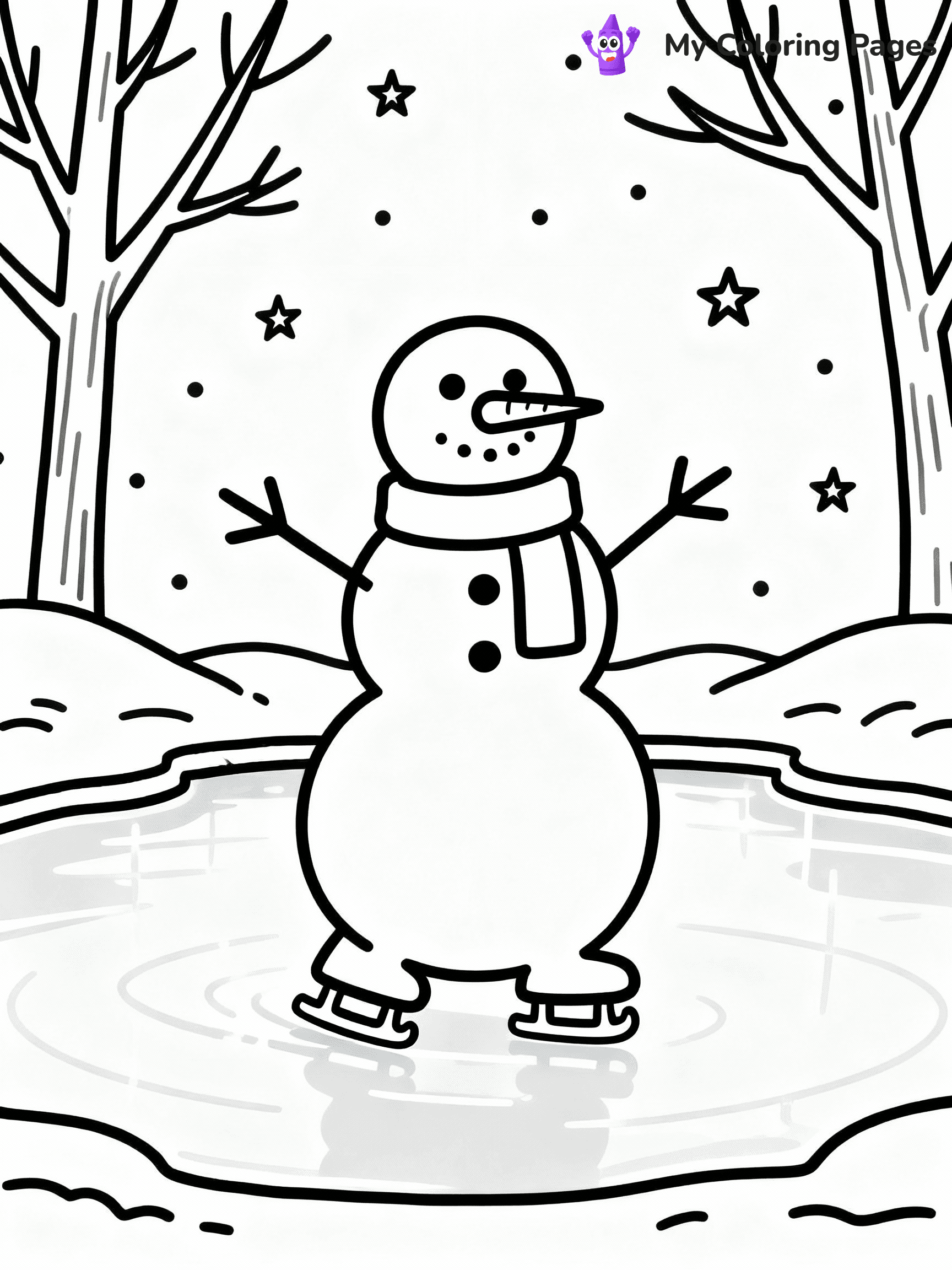 ⚠️ CRITICAL REQUIREMENT - ABSOLUTE BLACK AND WHITE ONLY ⚠️
This MUST be a BLACK AND WHITE line drawing ONLY. NO COLORS whatsoever.
- ONLY pure black lines (#000000) on pure white background (#FFFFFF)
- ABSOLUTELY NO colors, NO shading, NO gradients, NO grayscale
- If there are ANY colors in the output, the image is REJECTED
- This is a COLORING PAGE - meant to be COLORED IN by children
- The output must be UNCOLORED line art ready for coloring
⚠️ SUBJECT TO DRAW: Snowman ice skating on a frozen pond, arms outstretched, in charming winter scene style
(REMEMBER: Output must be BLACK AND WHITE line art only, NOT colored!)
# COLORING PAGE: BLACK OUTLINES ONLY - WHITE BACKGROUND MANDATORY
Create a **coloring book page** using EXACTLY two values: black lines, white space.
## NON-NEGOTIABLE BINARY RULES
- **ONLY #000000 (black) and #FFFFFF (white)** - NO other values exist
- **EVERY PIXEL = BLACK OR WHITE** - no gray/shading/antialiasing
- **WHITE BACKGROUND MANDATORY** - entire canvas stays white
- **ALL SHAPES HOLLOW** - everything is empty outlines waiting to be colored
- **FORBIDDEN:** fills, shading, gradients, patterns, textures, colors
- **NO SOLID REGIONS** - if it's not a thin line, it's wrong
## Universal Line Standards
- Black outlines ONLY - thin, uniform weight
- Every shape completely empty inside
- Closed contours suitable for coloring
- Simple flat illustration - zero depth/3D/realism
- **Style:** Whimsical Doodle Art Alley - rounded, friendly outlines (unless specified)
## Everything = Outline Only
- Characters/animals: hollow shapes
- Objects/clothing: empty contours
- Backgrounds/scenery: line work only
- Natural elements: outlined forms
- Dark/night areas: don't exist (use outlined symbols)
- Textures/patterns: convert to simple lines
## The Test
Can a child color EVERY white space with crayons? If any area is pre-filled/shaded/gray or colored in, it FAILS. Every shape must be waiting to receive color.
**FINAL OUTPUT**: Binary coloring page. Black lines define shapes. White spaces ready for coloring. Nothing else exists. No exceptions. Print-ready.
⚠️ FINAL REMINDER: Draw the subject "Snowman ice skating on a frozen pond, arms outstretched, in charming winter scene style" as BLACK AND WHITE line art. Zero colors in output.