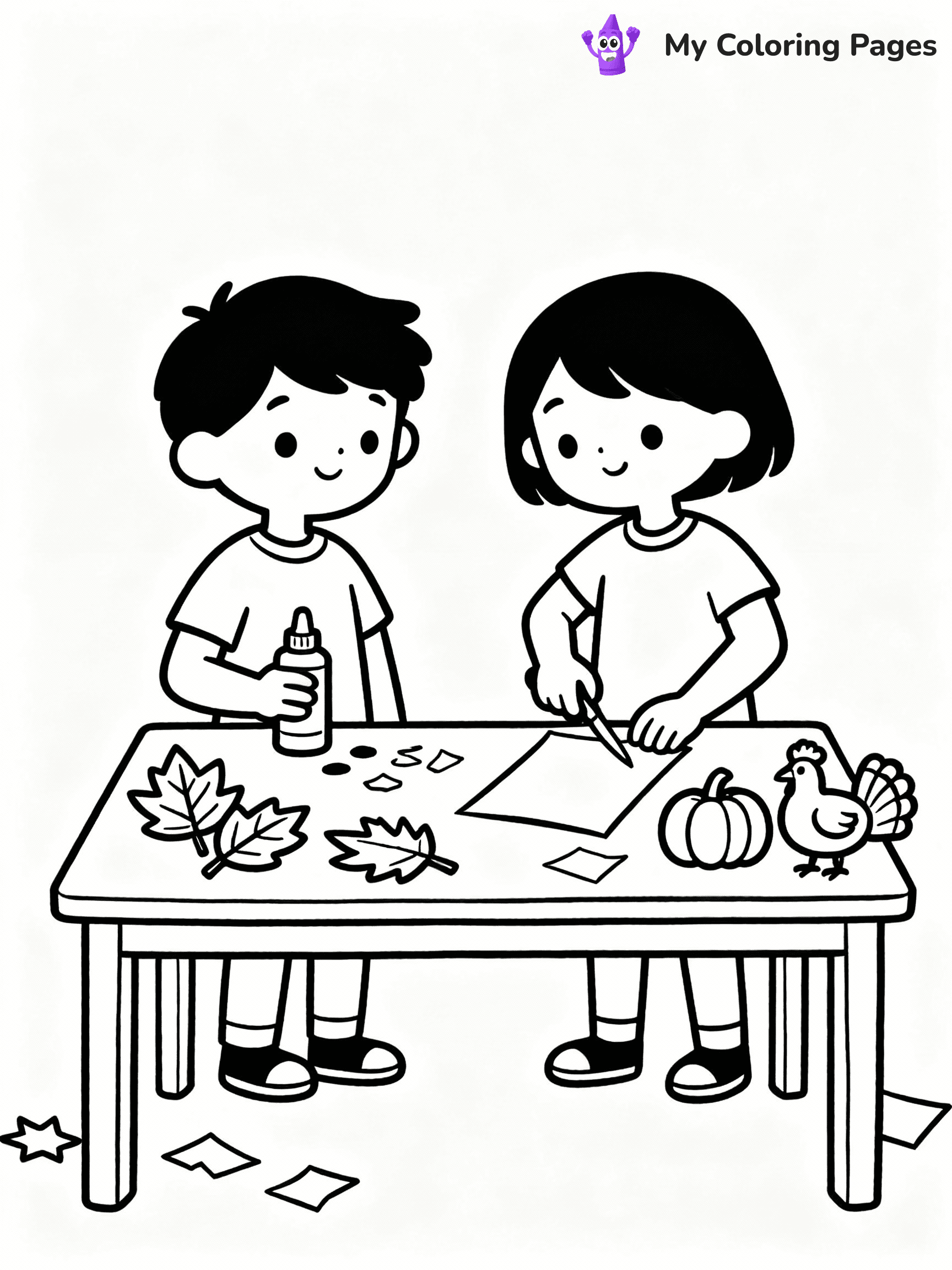 ⚠️ CRITICAL REQUIREMENT - ABSOLUTE BLACK AND WHITE ONLY ⚠️
This MUST be a BLACK AND WHITE line drawing ONLY. NO COLORS whatsoever.
- ONLY pure black lines (#000000) on pure white background (#FFFFFF)
- ABSOLUTELY NO colors, NO shading, NO gradients, NO grayscale
- If there are ANY colors in the output, the image is REJECTED
- This is a COLORING PAGE - meant to be COLORED IN by children
- The output must be UNCOLORED line art ready for coloring
⚠️ SUBJECT TO DRAW: Children making Thanksgiving decorations, glue and paper on table.
(REMEMBER: Output must be BLACK AND WHITE line art only, NOT colored!)
# COLORING PAGE: BLACK OUTLINES ONLY - WHITE BACKGROUND MANDATORY
Create a **coloring book page** using EXACTLY two values: black lines, white space.
## NON-NEGOTIABLE BINARY RULES
- **ONLY #000000 (black) and #FFFFFF (white)** - NO other values exist
- **EVERY PIXEL = BLACK OR WHITE** - no gray/shading/antialiasing
- **WHITE BACKGROUND MANDATORY** - entire canvas stays white
- **ALL SHAPES HOLLOW** - everything is empty outlines waiting to be colored
- **FORBIDDEN:** fills, shading, gradients, patterns, textures, colors
- **NO SOLID REGIONS** - if it's not a thin line, it's wrong
## Universal Line Standards
- Black outlines ONLY - thin, uniform weight
- Every shape completely empty inside
- Closed contours suitable for coloring
- Simple flat illustration - zero depth/3D/realism
- **Style:** Whimsical Doodle Art Alley - rounded, friendly outlines (unless specified)
## Everything = Outline Only
- Characters/animals: hollow shapes
- Objects/clothing: empty contours
- Backgrounds/scenery: line work only
- Natural elements: outlined forms
- Dark/night areas: don't exist (use outlined symbols)
- Textures/patterns: convert to simple lines
## The Test
Can a child color EVERY white space with crayons? If any area is pre-filled/shaded/gray, it FAILS. Every shape must be waiting to receive color.
**FINAL OUTPUT**: Binary coloring page. Black lines define shapes. White spaces ready for coloring. Nothing else exists. No exceptions. Print-ready.
⚠️ FINAL REMINDER: Draw the subject "Children making Thanksgiving decorations, glue and paper on table." as BLACK AND WHITE line art. Zero colors in output.