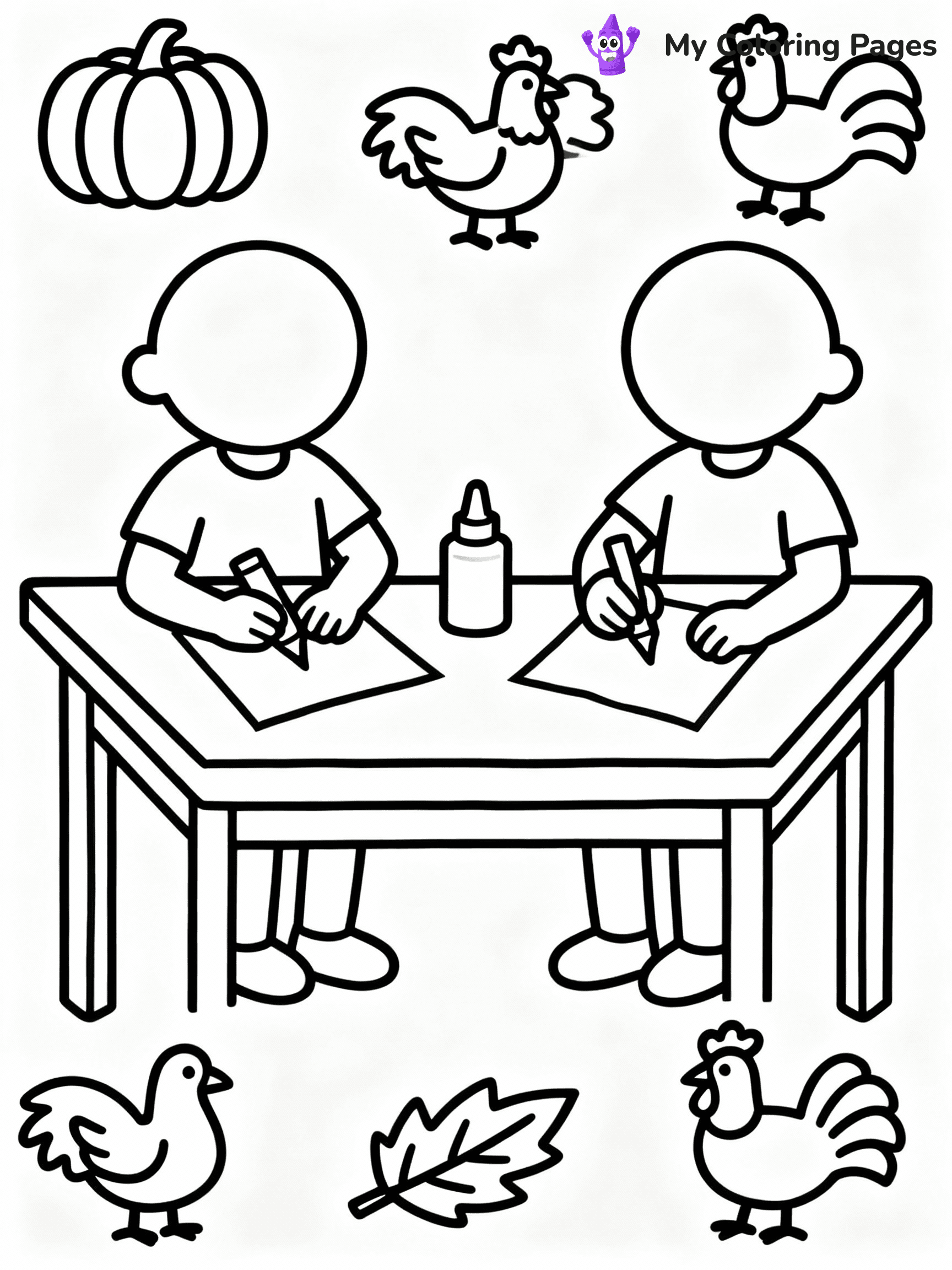 ⚠️ CRITICAL REQUIREMENT - ABSOLUTE BLACK AND WHITE ONLY ⚠️
This MUST be a BLACK AND WHITE line drawing ONLY. NO COLORS whatsoever.
- ONLY pure black lines (#000000) on pure white background (#FFFFFF)
- ABSOLUTELY NO colors, NO shading, NO gradients, NO grayscale
- If there are ANY colors in the output, the image is REJECTED
- This is a COLORING PAGE - meant to be COLORED IN by children
- The output must be UNCOLORED line art ready for coloring
⚠️ SUBJECT TO DRAW: Children making Thanksgiving decorations, glue and paper on table.
(REMEMBER: Output must be BLACK AND WHITE line art only, NOT colored!)
# COLORING PAGE: BLACK OUTLINES ONLY - WHITE BACKGROUND MANDATORY
Create a **coloring book page** using EXACTLY two values: black lines, white space.
## NON-NEGOTIABLE BINARY RULES
- **ONLY #000000 (black) and #FFFFFF (white)** - NO other values exist
- **EVERY PIXEL = BLACK OR WHITE** - no gray/shading/antialiasing
- **WHITE BACKGROUND MANDATORY** - entire canvas stays white
- **ALL SHAPES HOLLOW** - everything is empty outlines waiting to be colored
- **FORBIDDEN:** fills, shading, gradients, patterns, textures, colors
- **NO SOLID REGIONS** - if it's not a thin line, it's wrong
## Universal Line Standards
- Black outlines ONLY - thin, uniform weight
- Every shape completely empty inside
- Closed contours suitable for coloring
- Simple flat illustration - zero depth/3D/realism
- **Style:** Whimsical Doodle Art Alley - rounded, friendly outlines (unless specified)
## Everything = Outline Only
- Characters/animals: hollow shapes
- Objects/clothing: empty contours
- Backgrounds/scenery: line work only
- Natural elements: outlined forms
- Dark/night areas: don't exist (use outlined symbols)
- Textures/patterns: convert to simple lines
## The Test
Can a child color EVERY white space with crayons? If any area is pre-filled/shaded/gray, it FAILS. Every shape must be waiting to receive color.
**FINAL OUTPUT**: Binary coloring page. Black lines define shapes. White spaces ready for coloring. Nothing else exists. No exceptions. Print-ready.
⚠️ FINAL REMINDER: Draw the subject "Children making Thanksgiving decorations, glue and paper on table." as BLACK AND WHITE line art. Zero colors in output.