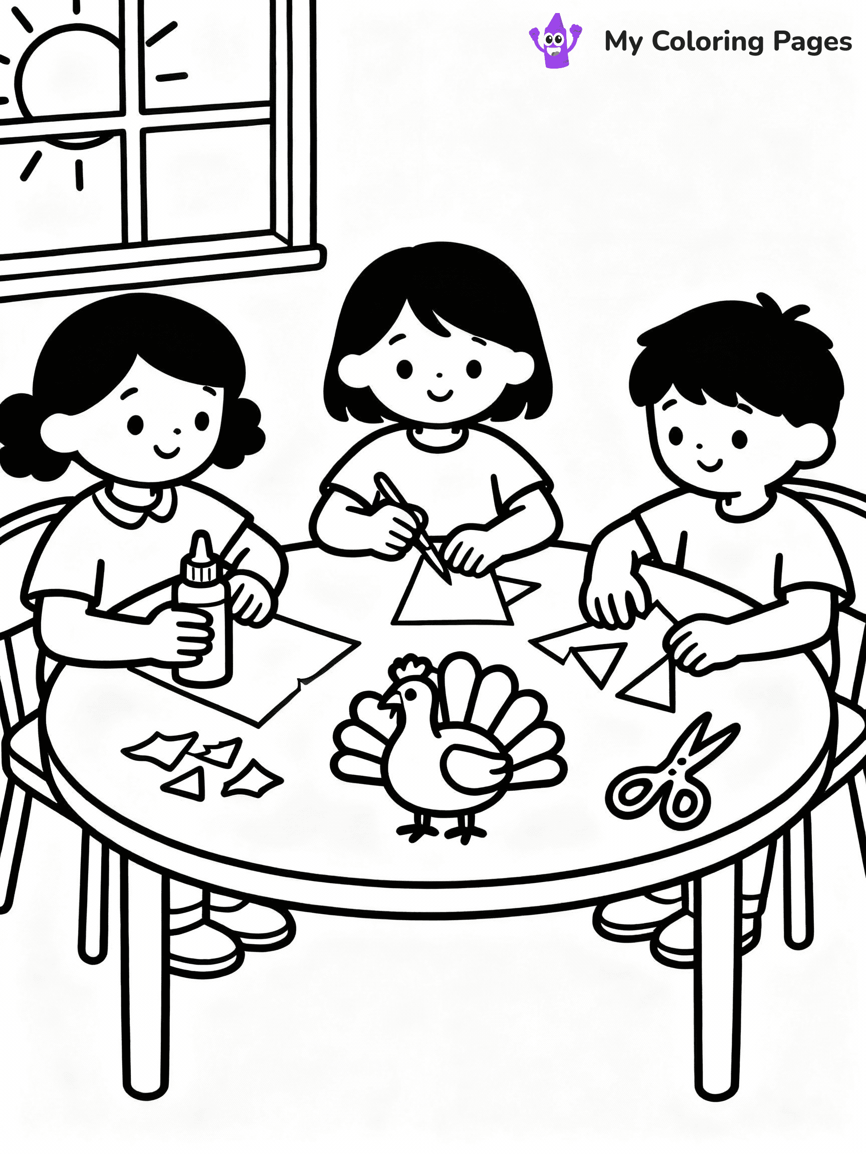 ⚠️ CRITICAL REQUIREMENT - ABSOLUTE BLACK AND WHITE ONLY ⚠️
This MUST be a BLACK AND WHITE line drawing ONLY. NO COLORS whatsoever.
- ONLY pure black lines (#000000) on pure white background (#FFFFFF)
- ABSOLUTELY NO colors, NO shading, NO gradients, NO grayscale
- If there are ANY colors in the output, the image is REJECTED
- This is a COLORING PAGE - meant to be COLORED IN by children
- The output must be UNCOLORED line art ready for coloring
⚠️ SUBJECT TO DRAW: Children making Thanksgiving decorations, glue and paper on table.
(REMEMBER: Output must be BLACK AND WHITE line art only, NOT colored!)
# COLORING PAGE: BLACK OUTLINES ONLY - WHITE BACKGROUND MANDATORY
Create a **coloring book page** using EXACTLY two values: black lines, white space.
## NON-NEGOTIABLE BINARY RULES
- **ONLY #000000 (black) and #FFFFFF (white)** - NO other values exist
- **EVERY PIXEL = BLACK OR WHITE** - no gray/shading/antialiasing
- **WHITE BACKGROUND MANDATORY** - entire canvas stays white
- **ALL SHAPES HOLLOW** - everything is empty outlines waiting to be colored
- **FORBIDDEN:** fills, shading, gradients, patterns, textures, colors
- **NO SOLID REGIONS** - if it's not a thin line, it's wrong
## Universal Line Standards
- Black outlines ONLY - thin, uniform weight
- Every shape completely empty inside
- Closed contours suitable for coloring
- Simple flat illustration - zero depth/3D/realism
- **Style:** Whimsical Doodle Art Alley - rounded, friendly outlines (unless specified)
## Everything = Outline Only
- Characters/animals: hollow shapes
- Objects/clothing: empty contours
- Backgrounds/scenery: line work only
- Natural elements: outlined forms
- Dark/night areas: don't exist (use outlined symbols)
- Textures/patterns: convert to simple lines
## The Test
Can a child color EVERY white space with crayons? If any area is pre-filled/shaded/gray, it FAILS. Every shape must be waiting to receive color.
**FINAL OUTPUT**: Binary coloring page. Black lines define shapes. White spaces ready for coloring. Nothing else exists. No exceptions. Print-ready.
⚠️ FINAL REMINDER: Draw the subject "Children making Thanksgiving decorations, glue and paper on table." as BLACK AND WHITE line art. Zero colors in output.