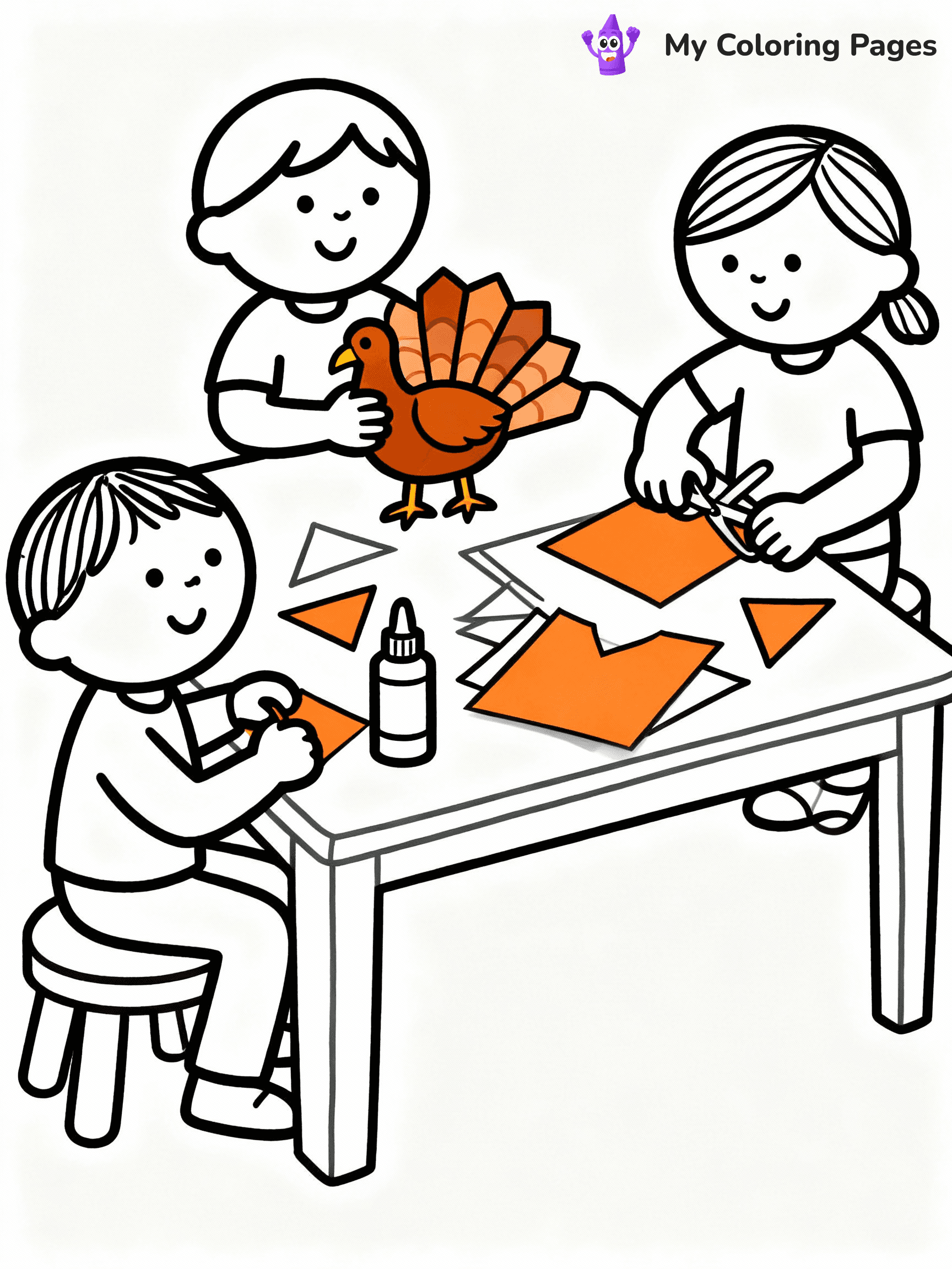 ⚠️ CRITICAL REQUIREMENT - ABSOLUTE BLACK AND WHITE ONLY ⚠️
This MUST be a BLACK AND WHITE line drawing ONLY. NO COLORS whatsoever.
- ONLY pure black lines (#000000) on pure white background (#FFFFFF)
- ABSOLUTELY NO colors, NO shading, NO gradients, NO grayscale
- If there are ANY colors in the output, the image is REJECTED
- This is a COLORING PAGE - meant to be COLORED IN by children
- The output must be UNCOLORED line art ready for coloring
⚠️ SUBJECT TO DRAW: Children making Thanksgiving decorations, glue and paper on table.
(REMEMBER: Output must be BLACK AND WHITE line art only, NOT colored!)
# COLORING PAGE: BLACK OUTLINES ONLY - WHITE BACKGROUND MANDATORY
Create a **coloring book page** using EXACTLY two values: black lines, white space.
## NON-NEGOTIABLE BINARY RULES
- **ONLY #000000 (black) and #FFFFFF (white)** - NO other values exist
- **EVERY PIXEL = BLACK OR WHITE** - no gray/shading/antialiasing
- **WHITE BACKGROUND MANDATORY** - entire canvas stays white
- **ALL SHAPES HOLLOW** - everything is empty outlines waiting to be colored
- **FORBIDDEN:** fills, shading, gradients, patterns, textures, colors
- **NO SOLID REGIONS** - if it's not a thin line, it's wrong
## Universal Line Standards
- Black outlines ONLY - thin, uniform weight
- Every shape completely empty inside
- Closed contours suitable for coloring
- Simple flat illustration - zero depth/3D/realism
- **Style:** Whimsical Doodle Art Alley - rounded, friendly outlines (unless specified)
## Everything = Outline Only
- Characters/animals: hollow shapes
- Objects/clothing: empty contours
- Backgrounds/scenery: line work only
- Natural elements: outlined forms
- Dark/night areas: don't exist (use outlined symbols)
- Textures/patterns: convert to simple lines
## The Test
Can a child color EVERY white space with crayons? If any area is pre-filled/shaded/gray, it FAILS. Every shape must be waiting to receive color.
**FINAL OUTPUT**: Binary coloring page. Black lines define shapes. White spaces ready for coloring. Nothing else exists. No exceptions. Print-ready.
⚠️ FINAL REMINDER: Draw the subject "Children making Thanksgiving decorations, glue and paper on table." as BLACK AND WHITE line art. Zero colors in output.