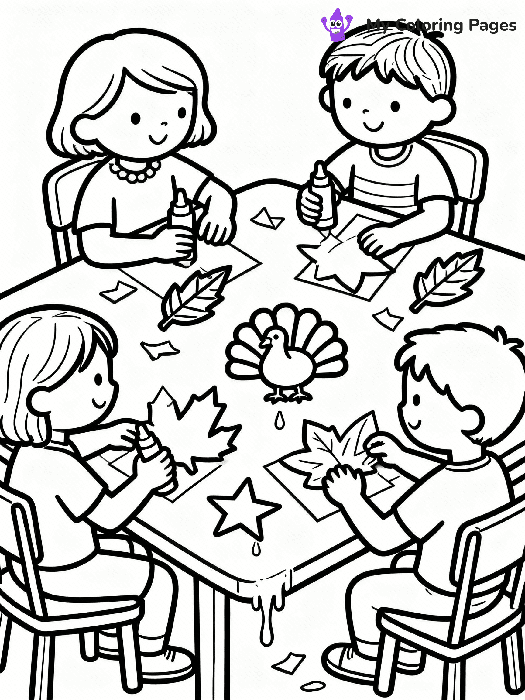 ⚠️ CRITICAL REQUIREMENT - ABSOLUTE BLACK AND WHITE ONLY ⚠️
This MUST be a BLACK AND WHITE line drawing ONLY. NO COLORS whatsoever.
- ONLY pure black lines (#000000) on pure white background (#FFFFFF)
- ABSOLUTELY NO colors, NO shading, NO gradients, NO grayscale
- If there are ANY colors in the output, the image is REJECTED
- This is a COLORING PAGE - meant to be COLORED IN by children
- The output must be UNCOLORED line art ready for coloring
⚠️ SUBJECT TO DRAW: Children making Thanksgiving decorations, glue and paper on table.
(REMEMBER: Output must be BLACK AND WHITE line art only, NOT colored!)
# COLORING PAGE: BLACK OUTLINES ONLY - WHITE BACKGROUND MANDATORY
Create a **coloring book page** using EXACTLY two values: black lines, white space.
## NON-NEGOTIABLE BINARY RULES
- **ONLY #000000 (black) and #FFFFFF (white)** - NO other values exist
- **EVERY PIXEL = BLACK OR WHITE** - no gray/shading/antialiasing
- **WHITE BACKGROUND MANDATORY** - entire canvas stays white
- **ALL SHAPES HOLLOW** - everything is empty outlines waiting to be colored
- **FORBIDDEN:** fills, shading, gradients, patterns, textures, colors
- **NO SOLID REGIONS** - if it's not a thin line, it's wrong
## Universal Line Standards
- Black outlines ONLY - thin, uniform weight
- Every shape completely empty inside
- Closed contours suitable for coloring
- Simple flat illustration - zero depth/3D/realism
- **Style:** Whimsical Doodle Art Alley - rounded, friendly outlines (unless specified)
## Everything = Outline Only
- Characters/animals: hollow shapes
- Objects/clothing: empty contours
- Backgrounds/scenery: line work only
- Natural elements: outlined forms
- Dark/night areas: don't exist (use outlined symbols)
- Textures/patterns: convert to simple lines
## The Test
Can a child color EVERY white space with crayons? If any area is pre-filled/shaded/gray, it FAILS. Every shape must be waiting to receive color.
**FINAL OUTPUT**: Binary coloring page. Black lines define shapes. White spaces ready for coloring. Nothing else exists. No exceptions. Print-ready.
⚠️ FINAL REMINDER: Draw the subject "Children making Thanksgiving decorations, glue and paper on table." as BLACK AND WHITE line art. Zero colors in output.