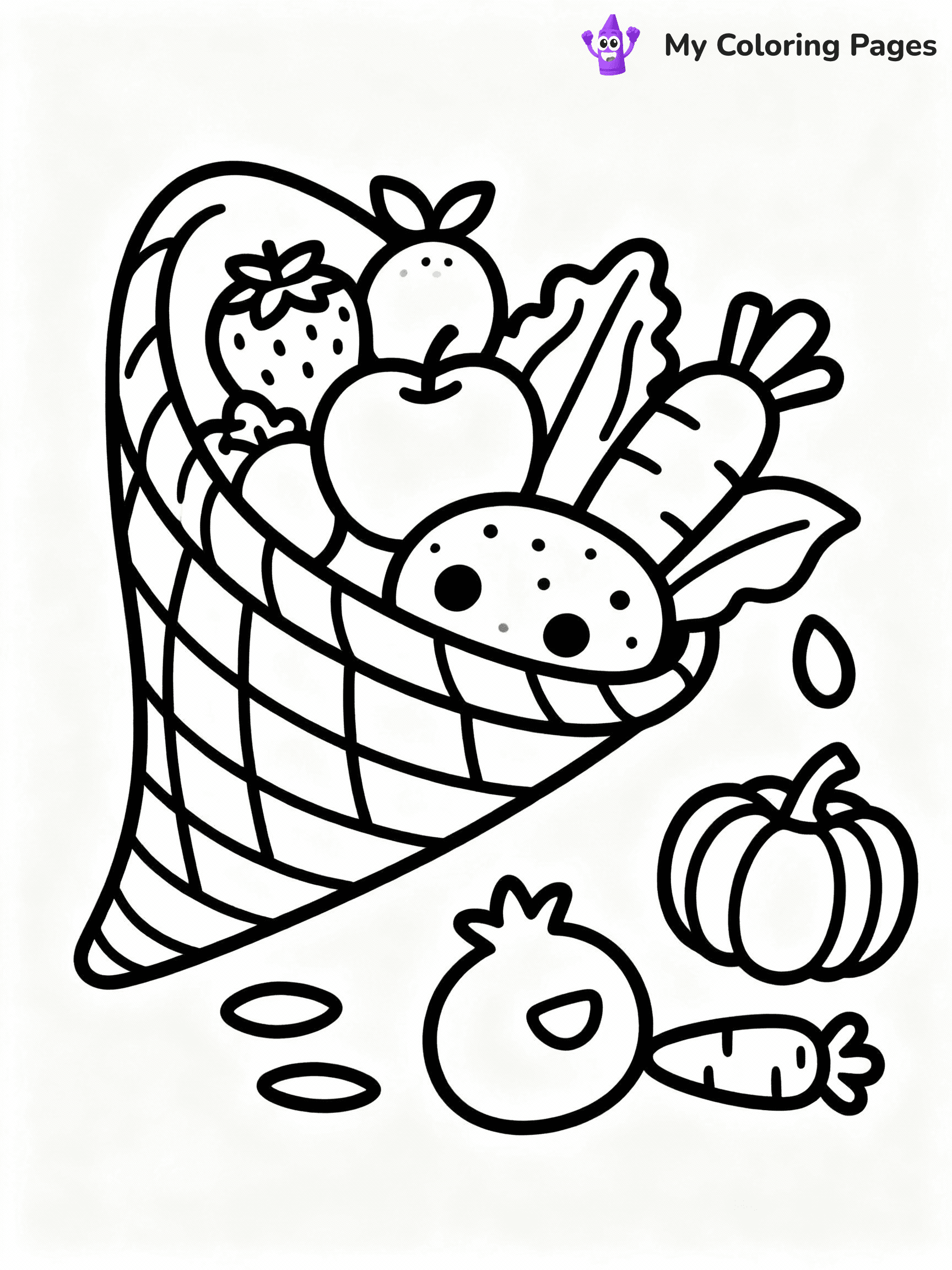 ⚠️ CRITICAL REQUIREMENT - ABSOLUTE BLACK AND WHITE ONLY ⚠️
This MUST be a BLACK AND WHITE line drawing ONLY. NO COLORS whatsoever.
- ONLY pure black lines (#000000) on pure white background (#FFFFFF)
- ABSOLUTELY NO colors, NO shading, NO gradients, NO grayscale
- If there are ANY colors in the output, the image is REJECTED
- This is a COLORING PAGE - meant to be COLORED IN by children
- The output must be UNCOLORED line art ready for coloring
⚠️ SUBJECT TO DRAW: Cornucopia filled with fruits, vegetables spilling, basket weave texture.
(REMEMBER: Output must be BLACK AND WHITE line art only, NOT colored!)
# COLORING PAGE: BLACK OUTLINES ONLY - WHITE BACKGROUND MANDATORY
Create a **coloring book page** using EXACTLY two values: black lines, white space.
## NON-NEGOTIABLE BINARY RULES
- **ONLY #000000 (black) and #FFFFFF (white)** - NO other values exist
- **EVERY PIXEL = BLACK OR WHITE** - no gray/shading/antialiasing
- **WHITE BACKGROUND MANDATORY** - entire canvas stays white
- **ALL SHAPES HOLLOW** - everything is empty outlines waiting to be colored
- **FORBIDDEN:** fills, shading, gradients, patterns, textures, colors
- **NO SOLID REGIONS** - if it's not a thin line, it's wrong
## Universal Line Standards
- Black outlines ONLY - thin, uniform weight
- Every shape completely empty inside
- Closed contours suitable for coloring
- Simple flat illustration - zero depth/3D/realism
- **Style:** Whimsical Doodle Art Alley - rounded, friendly outlines (unless specified)
## Everything = Outline Only
- Characters/animals: hollow shapes
- Objects/clothing: empty contours
- Backgrounds/scenery: line work only
- Natural elements: outlined forms
- Dark/night areas: don't exist (use outlined symbols)
- Textures/patterns: convert to simple lines
## The Test
Can a child color EVERY white space with crayons? If any area is pre-filled/shaded/gray, it FAILS. Every shape must be waiting to receive color.
**FINAL OUTPUT**: Binary coloring page. Black lines define shapes. White spaces ready for coloring. Nothing else exists. No exceptions. Print-ready.
⚠️ FINAL REMINDER: Draw the subject "Cornucopia filled with fruits, vegetables spilling, basket weave texture." as BLACK AND WHITE line art. Zero colors in output.