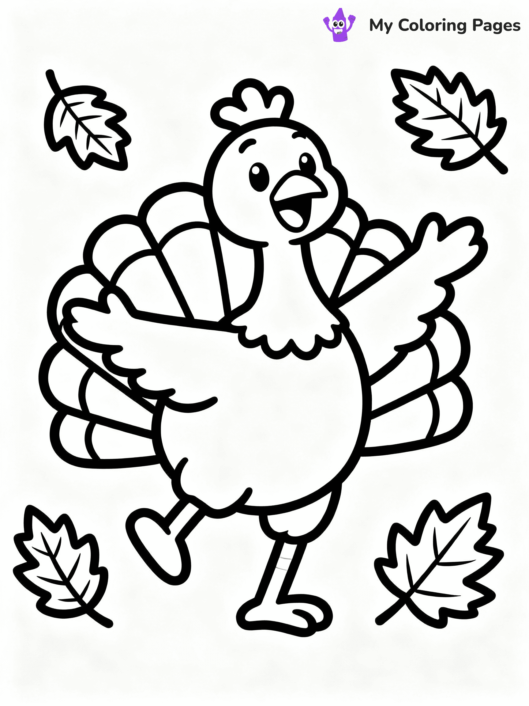 ⚠️ CRITICAL REQUIREMENT - ABSOLUTE BLACK AND WHITE ONLY ⚠️
This MUST be a BLACK AND WHITE line drawing ONLY. NO COLORS whatsoever.
- ONLY pure black lines (#000000) on pure white background (#FFFFFF)
- ABSOLUTELY NO colors, NO shading, NO gradients, NO grayscale
- If there are ANY colors in the output, the image is REJECTED
- This is a COLORING PAGE - meant to be COLORED IN by children
- The output must be UNCOLORED line art ready for coloring
⚠️ SUBJECT TO DRAW: Cartoon turkey dancing with autumn leaves, joyful pose, arms outstretched.
(REMEMBER: Output must be BLACK AND WHITE line art only, NOT colored!)
# COLORING PAGE: BLACK OUTLINES ONLY - WHITE BACKGROUND MANDATORY
Create a **coloring book page** using EXACTLY two values: black lines, white space.
## NON-NEGOTIABLE BINARY RULES
- **ONLY #000000 (black) and #FFFFFF (white)** - NO other values exist
- **EVERY PIXEL = BLACK OR WHITE** - no gray/shading/antialiasing
- **WHITE BACKGROUND MANDATORY** - entire canvas stays white
- **ALL SHAPES HOLLOW** - everything is empty outlines waiting to be colored
- **FORBIDDEN:** fills, shading, gradients, patterns, textures, colors
- **NO SOLID REGIONS** - if it's not a thin line, it's wrong
## Universal Line Standards
- Black outlines ONLY - thin, uniform weight
- Every shape completely empty inside
- Closed contours suitable for coloring
- Simple flat illustration - zero depth/3D/realism
- **Style:** Whimsical Doodle Art Alley - rounded, friendly outlines (unless specified)
## Everything = Outline Only
- Characters/animals: hollow shapes
- Objects/clothing: empty contours
- Backgrounds/scenery: line work only
- Natural elements: outlined forms
- Dark/night areas: don't exist (use outlined symbols)
- Textures/patterns: convert to simple lines
## The Test
Can a child color EVERY white space with crayons? If any area is pre-filled/shaded/gray, it FAILS. Every shape must be waiting to receive color.
**FINAL OUTPUT**: Binary coloring page. Black lines define shapes. White spaces ready for coloring. Nothing else exists. No exceptions. Print-ready.
⚠️ FINAL REMINDER: Draw the subject "Cartoon turkey dancing with autumn leaves, joyful pose, arms outstretched." as BLACK AND WHITE line art. Zero colors in output.