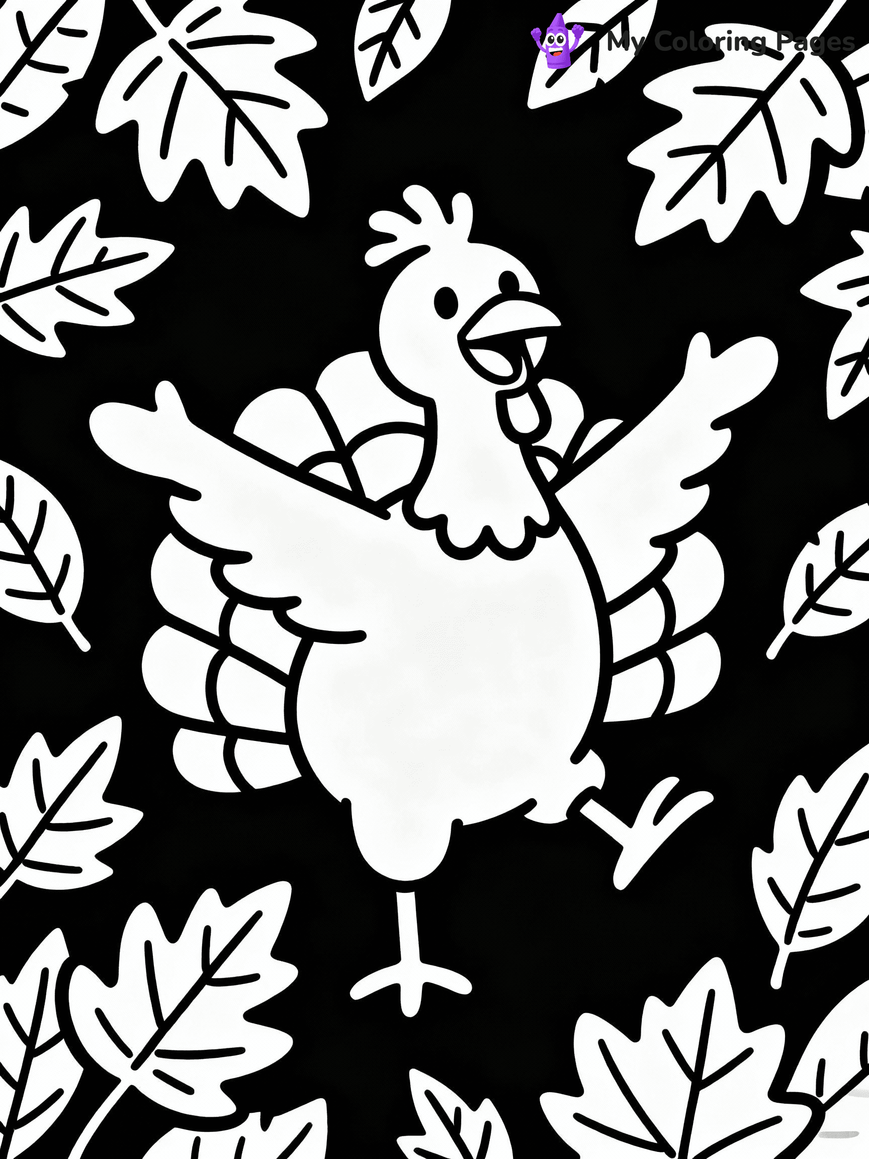 ⚠️ CRITICAL REQUIREMENT - ABSOLUTE BLACK AND WHITE ONLY ⚠️
This MUST be a BLACK AND WHITE line drawing ONLY. NO COLORS whatsoever.
- ONLY pure black lines (#000000) on pure white background (#FFFFFF)
- ABSOLUTELY NO colors, NO shading, NO gradients, NO grayscale
- If there are ANY colors in the output, the image is REJECTED
- This is a COLORING PAGE - meant to be COLORED IN by children
- The output must be UNCOLORED line art ready for coloring
⚠️ SUBJECT TO DRAW: Cartoon turkey dancing with autumn leaves, joyful pose, arms outstretched.
(REMEMBER: Output must be BLACK AND WHITE line art only, NOT colored!)
# COLORING PAGE: BLACK OUTLINES ONLY - WHITE BACKGROUND MANDATORY
Create a **coloring book page** using EXACTLY two values: black lines, white space.
## NON-NEGOTIABLE BINARY RULES
- **ONLY #000000 (black) and #FFFFFF (white)** - NO other values exist
- **EVERY PIXEL = BLACK OR WHITE** - no gray/shading/antialiasing
- **WHITE BACKGROUND MANDATORY** - entire canvas stays white
- **ALL SHAPES HOLLOW** - everything is empty outlines waiting to be colored
- **FORBIDDEN:** fills, shading, gradients, patterns, textures, colors
- **NO SOLID REGIONS** - if it's not a thin line, it's wrong
## Universal Line Standards
- Black outlines ONLY - thin, uniform weight
- Every shape completely empty inside
- Closed contours suitable for coloring
- Simple flat illustration - zero depth/3D/realism
- **Style:** Whimsical Doodle Art Alley - rounded, friendly outlines (unless specified)
## Everything = Outline Only
- Characters/animals: hollow shapes
- Objects/clothing: empty contours
- Backgrounds/scenery: line work only
- Natural elements: outlined forms
- Dark/night areas: don't exist (use outlined symbols)
- Textures/patterns: convert to simple lines
## The Test
Can a child color EVERY white space with crayons? If any area is pre-filled/shaded/gray, it FAILS. Every shape must be waiting to receive color.
**FINAL OUTPUT**: Binary coloring page. Black lines define shapes. White spaces ready for coloring. Nothing else exists. No exceptions. Print-ready.
⚠️ FINAL REMINDER: Draw the subject "Cartoon turkey dancing with autumn leaves, joyful pose, arms outstretched." as BLACK AND WHITE line art. Zero colors in output.