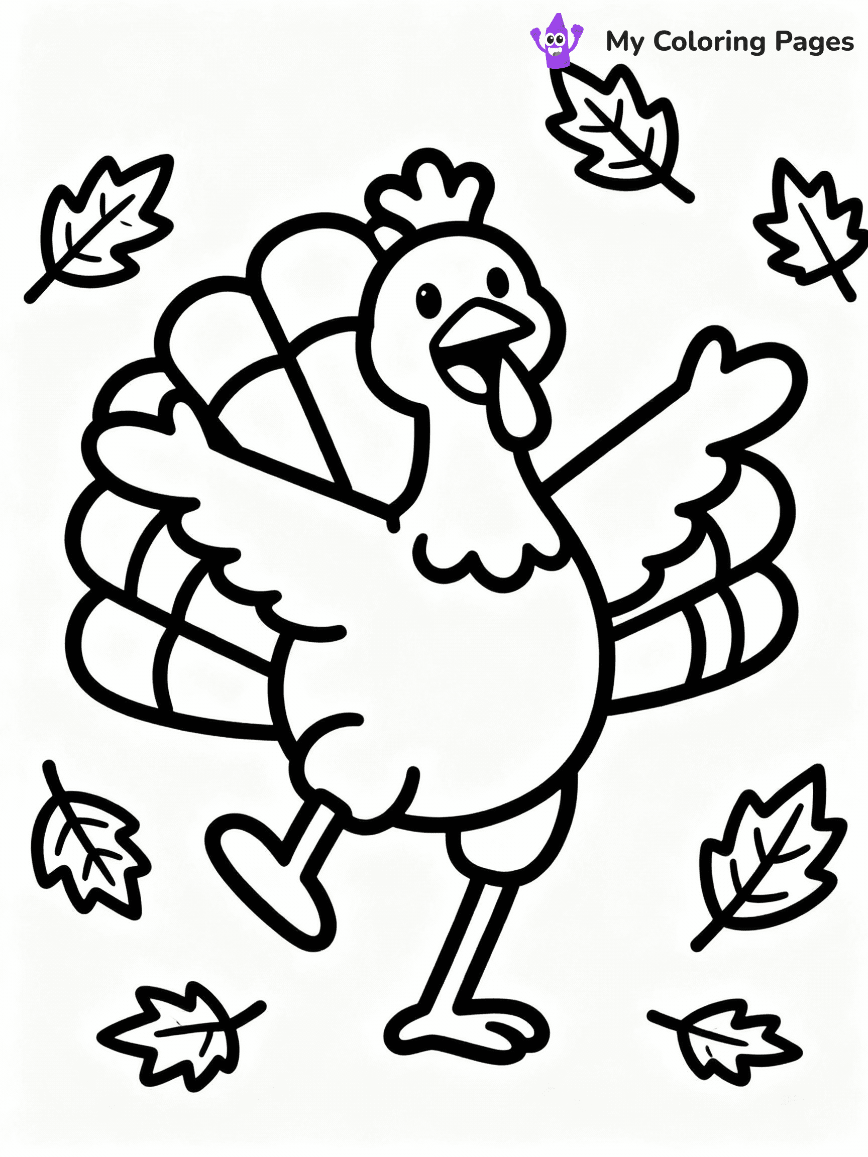 ⚠️ CRITICAL REQUIREMENT - ABSOLUTE BLACK AND WHITE ONLY ⚠️
This MUST be a BLACK AND WHITE line drawing ONLY. NO COLORS whatsoever.
- ONLY pure black lines (#000000) on pure white background (#FFFFFF)
- ABSOLUTELY NO colors, NO shading, NO gradients, NO grayscale
- If there are ANY colors in the output, the image is REJECTED
- This is a COLORING PAGE - meant to be COLORED IN by children
- The output must be UNCOLORED line art ready for coloring
⚠️ SUBJECT TO DRAW: Cartoon turkey dancing with autumn leaves, joyful pose, arms outstretched.
(REMEMBER: Output must be BLACK AND WHITE line art only, NOT colored!)
# COLORING PAGE: BLACK OUTLINES ONLY - WHITE BACKGROUND MANDATORY
Create a **coloring book page** using EXACTLY two values: black lines, white space.
## NON-NEGOTIABLE BINARY RULES
- **ONLY #000000 (black) and #FFFFFF (white)** - NO other values exist
- **EVERY PIXEL = BLACK OR WHITE** - no gray/shading/antialiasing
- **WHITE BACKGROUND MANDATORY** - entire canvas stays white
- **ALL SHAPES HOLLOW** - everything is empty outlines waiting to be colored
- **FORBIDDEN:** fills, shading, gradients, patterns, textures, colors
- **NO SOLID REGIONS** - if it's not a thin line, it's wrong
## Universal Line Standards
- Black outlines ONLY - thin, uniform weight
- Every shape completely empty inside
- Closed contours suitable for coloring
- Simple flat illustration - zero depth/3D/realism
- **Style:** Whimsical Doodle Art Alley - rounded, friendly outlines (unless specified)
## Everything = Outline Only
- Characters/animals: hollow shapes
- Objects/clothing: empty contours
- Backgrounds/scenery: line work only
- Natural elements: outlined forms
- Dark/night areas: don't exist (use outlined symbols)
- Textures/patterns: convert to simple lines
## The Test
Can a child color EVERY white space with crayons? If any area is pre-filled/shaded/gray, it FAILS. Every shape must be waiting to receive color.
**FINAL OUTPUT**: Binary coloring page. Black lines define shapes. White spaces ready for coloring. Nothing else exists. No exceptions. Print-ready.
⚠️ FINAL REMINDER: Draw the subject "Cartoon turkey dancing with autumn leaves, joyful pose, arms outstretched." as BLACK AND WHITE line art. Zero colors in output.