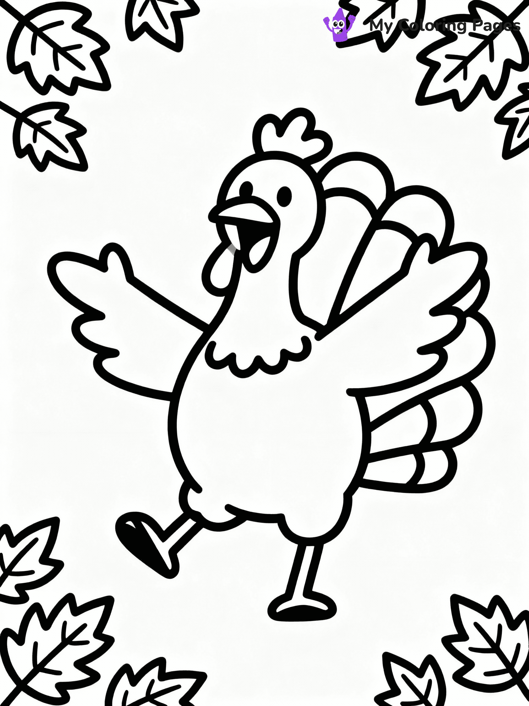 ⚠️ CRITICAL REQUIREMENT - ABSOLUTE BLACK AND WHITE ONLY ⚠️
This MUST be a BLACK AND WHITE line drawing ONLY. NO COLORS whatsoever.
- ONLY pure black lines (#000000) on pure white background (#FFFFFF)
- ABSOLUTELY NO colors, NO shading, NO gradients, NO grayscale
- If there are ANY colors in the output, the image is REJECTED
- This is a COLORING PAGE - meant to be COLORED IN by children
- The output must be UNCOLORED line art ready for coloring
⚠️ SUBJECT TO DRAW: Cartoon turkey dancing with autumn leaves, joyful pose, arms outstretched.
(REMEMBER: Output must be BLACK AND WHITE line art only, NOT colored!)
# COLORING PAGE: BLACK OUTLINES ONLY - WHITE BACKGROUND MANDATORY
Create a **coloring book page** using EXACTLY two values: black lines, white space.
## NON-NEGOTIABLE BINARY RULES
- **ONLY #000000 (black) and #FFFFFF (white)** - NO other values exist
- **EVERY PIXEL = BLACK OR WHITE** - no gray/shading/antialiasing
- **WHITE BACKGROUND MANDATORY** - entire canvas stays white
- **ALL SHAPES HOLLOW** - everything is empty outlines waiting to be colored
- **FORBIDDEN:** fills, shading, gradients, patterns, textures, colors
- **NO SOLID REGIONS** - if it's not a thin line, it's wrong
## Universal Line Standards
- Black outlines ONLY - thin, uniform weight
- Every shape completely empty inside
- Closed contours suitable for coloring
- Simple flat illustration - zero depth/3D/realism
- **Style:** Whimsical Doodle Art Alley - rounded, friendly outlines (unless specified)
## Everything = Outline Only
- Characters/animals: hollow shapes
- Objects/clothing: empty contours
- Backgrounds/scenery: line work only
- Natural elements: outlined forms
- Dark/night areas: don't exist (use outlined symbols)
- Textures/patterns: convert to simple lines
## The Test
Can a child color EVERY white space with crayons? If any area is pre-filled/shaded/gray, it FAILS. Every shape must be waiting to receive color.
**FINAL OUTPUT**: Binary coloring page. Black lines define shapes. White spaces ready for coloring. Nothing else exists. No exceptions. Print-ready.
⚠️ FINAL REMINDER: Draw the subject "Cartoon turkey dancing with autumn leaves, joyful pose, arms outstretched." as BLACK AND WHITE line art. Zero colors in output.