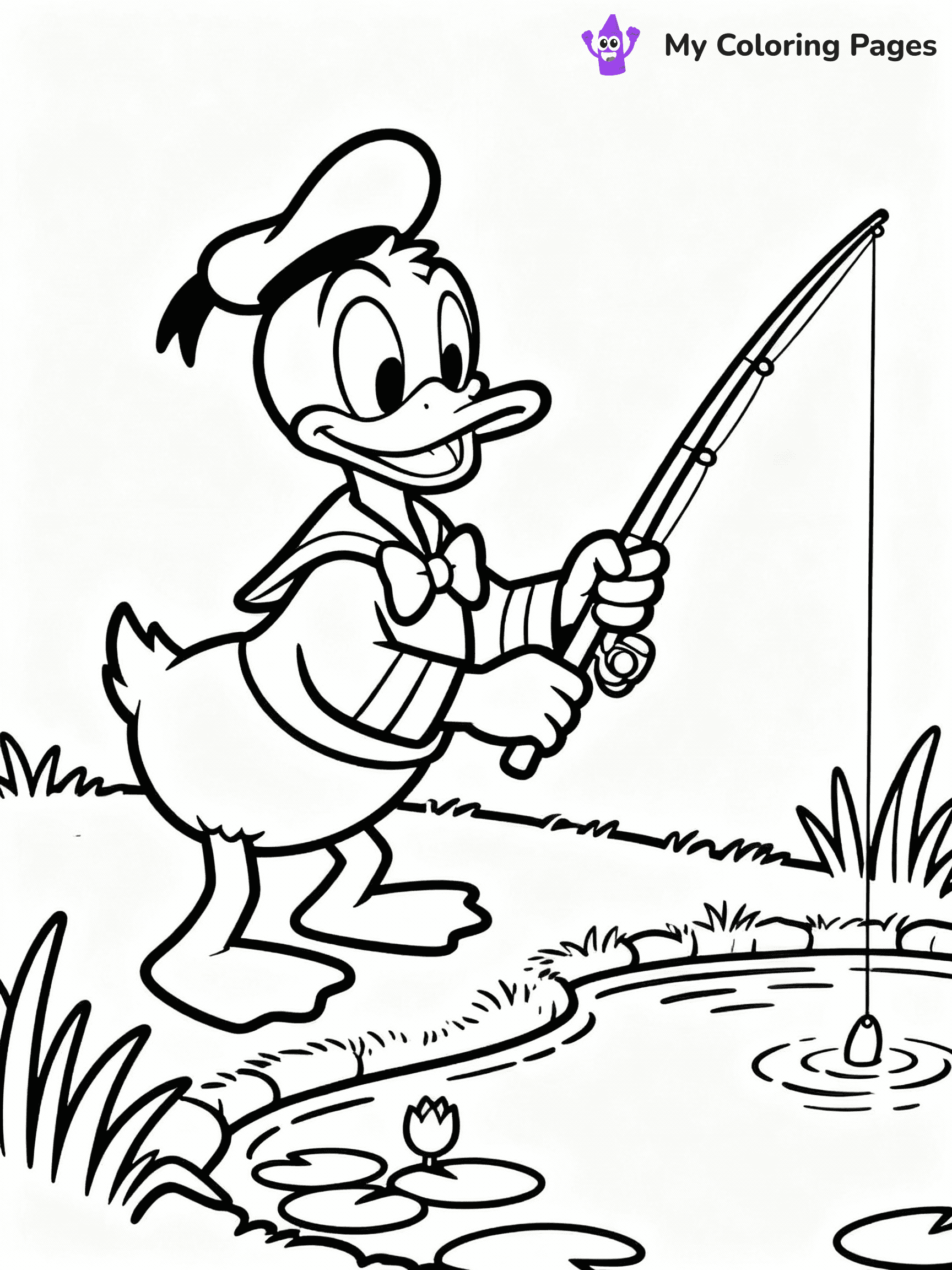 ⚠️ CRITICAL REQUIREMENT - ABSOLUTE BLACK AND WHITE ONLY ⚠️
This MUST be a BLACK AND WHITE line drawing ONLY. NO COLORS whatsoever.
- ONLY pure black lines (#000000) on pure white background (#FFFFFF)
- ABSOLUTELY NO colors, NO shading, NO gradients, NO grayscale
- If there are ANY colors in the output, the image is REJECTED
- This is a COLORING PAGE - meant to be COLORED IN by children
- The output must be UNCOLORED line art ready for coloring
⚠️ SUBJECT TO DRAW: Donald Duck in Disney animation style, fishing by a pond, holding fishing rod
(REMEMBER: Output must be BLACK AND WHITE line art only, NOT colored!)
# COLORING PAGE: BLACK OUTLINES ONLY - WHITE BACKGROUND MANDATORY
Create a **coloring book page** using EXACTLY two values: black lines, white space.
## NON-NEGOTIABLE BINARY RULES
- **ONLY #000000 (black) and #FFFFFF (white)** - NO other values exist
- **EVERY PIXEL = BLACK OR WHITE** - no gray/shading/antialiasing
- **WHITE BACKGROUND MANDATORY** - entire canvas stays white
- **ALL SHAPES HOLLOW** - everything is empty outlines waiting to be colored
- **FORBIDDEN:** fills, shading, gradients, patterns, textures, colors
- **NO SOLID REGIONS** - if it's not a thin line, it's wrong
## Universal Line Standards
- Black outlines ONLY - thin, uniform weight
- Every shape completely empty inside
- Closed contours suitable for coloring
- Simple flat illustration - zero depth/3D/realism
- **Style:** Whimsical Doodle Art Alley - rounded, friendly outlines (unless specified)
## Everything = Outline Only
- Characters/animals: hollow shapes
- Objects/clothing: empty contours
- Backgrounds/scenery: line work only
- Natural elements: outlined forms
- Dark/night areas: don't exist (use outlined symbols)
- Textures/patterns: convert to simple lines
## The Test
Can a child color EVERY white space with crayons? If any area is pre-filled/shaded/gray or colored in, it FAILS. Every shape must be waiting to receive color.
**FINAL OUTPUT**: Binary coloring page. Black lines define shapes. White spaces ready for coloring. Nothing else exists. No exceptions. Print-ready.
⚠️ FINAL REMINDER: Draw the subject "Donald Duck in Disney animation style, fishing by a pond, holding fishing rod" as BLACK AND WHITE line art. Zero colors in output.