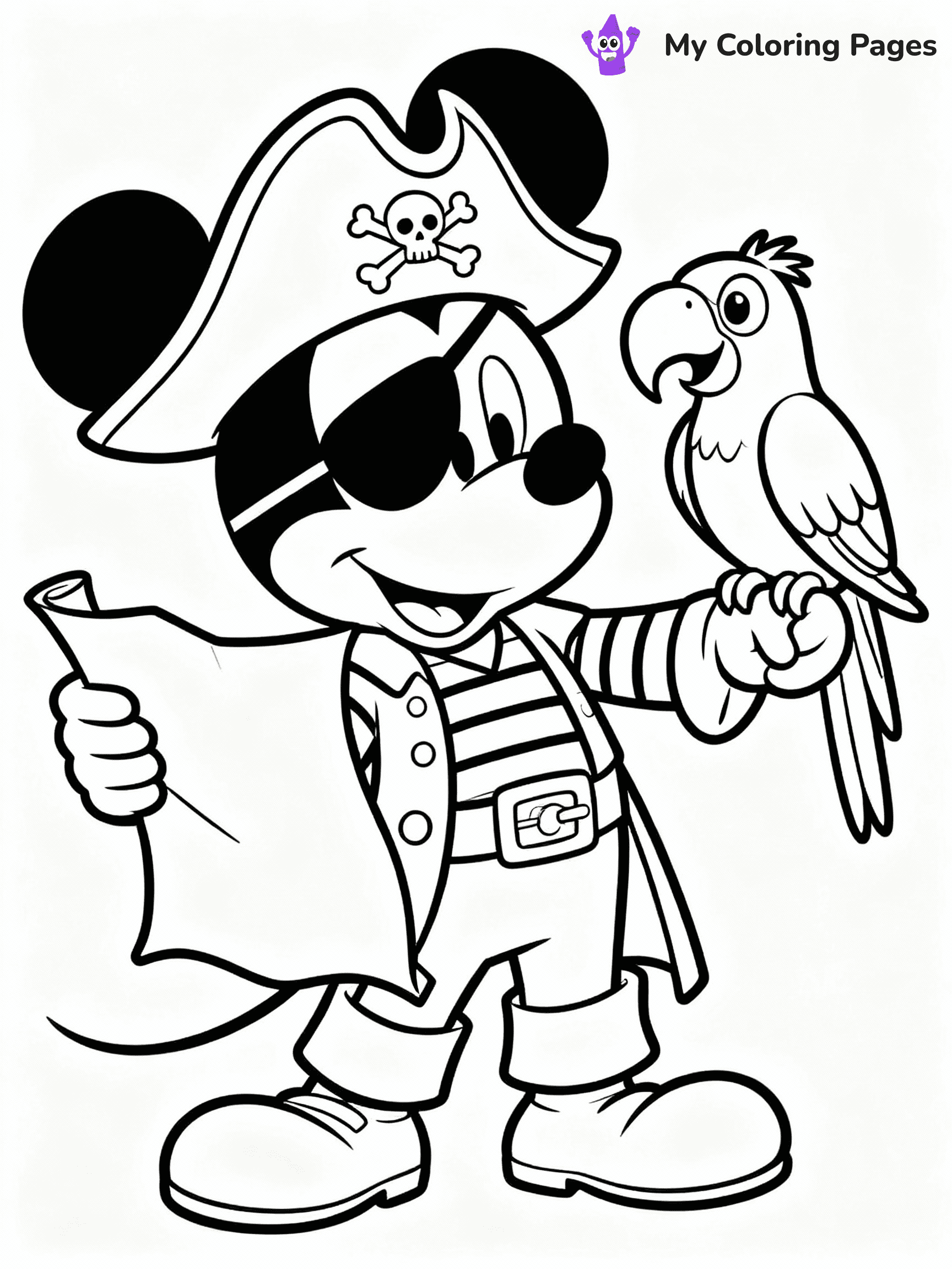 ⚠️ CRITICAL REQUIREMENT - ABSOLUTE BLACK AND WHITE ONLY ⚠️
This MUST be a BLACK AND WHITE line drawing ONLY. NO COLORS whatsoever.
- ONLY pure black lines (#000000) on pure white background (#FFFFFF)
- ABSOLUTELY NO colors, NO shading, NO gradients, NO grayscale
- If there are ANY colors in the output, the image is REJECTED
- This is a COLORING PAGE - meant to be COLORED IN by children
- The output must be UNCOLORED line art ready for coloring
⚠️ SUBJECT TO DRAW: Mickey Mouse in Disney animation style, dressed as a pirate, holding a treasure map, parrot on shoulder
(REMEMBER: Output must be BLACK AND WHITE line art only, NOT colored!)
# COLORING PAGE: BLACK OUTLINES ONLY - WHITE BACKGROUND MANDATORY
Create a **coloring book page** using EXACTLY two values: black lines, white space.
## NON-NEGOTIABLE BINARY RULES
- **ONLY #000000 (black) and #FFFFFF (white)** - NO other values exist
- **EVERY PIXEL = BLACK OR WHITE** - no gray/shading/antialiasing
- **WHITE BACKGROUND MANDATORY** - entire canvas stays white
- **ALL SHAPES HOLLOW** - everything is empty outlines waiting to be colored
- **FORBIDDEN:** fills, shading, gradients, patterns, textures, colors
- **NO SOLID REGIONS** - if it's not a thin line, it's wrong
## Universal Line Standards
- Black outlines ONLY - thin, uniform weight
- Every shape completely empty inside
- Closed contours suitable for coloring
- Simple flat illustration - zero depth/3D/realism
- **Style:** Whimsical Doodle Art Alley - rounded, friendly outlines (unless specified)
## Everything = Outline Only
- Characters/animals: hollow shapes
- Objects/clothing: empty contours
- Backgrounds/scenery: line work only
- Natural elements: outlined forms
- Dark/night areas: don't exist (use outlined symbols)
- Textures/patterns: convert to simple lines
## The Test
Can a child color EVERY white space with crayons? If any area is pre-filled/shaded/gray or colored in, it FAILS. Every shape must be waiting to receive color.
**FINAL OUTPUT**: Binary coloring page. Black lines define shapes. White spaces ready for coloring. Nothing else exists. No exceptions. Print-ready.
⚠️ FINAL REMINDER: Draw the subject "Mickey Mouse in Disney animation style, dressed as a pirate, holding a treasure map, parrot on shoulder" as BLACK AND WHITE line art. Zero colors in output.