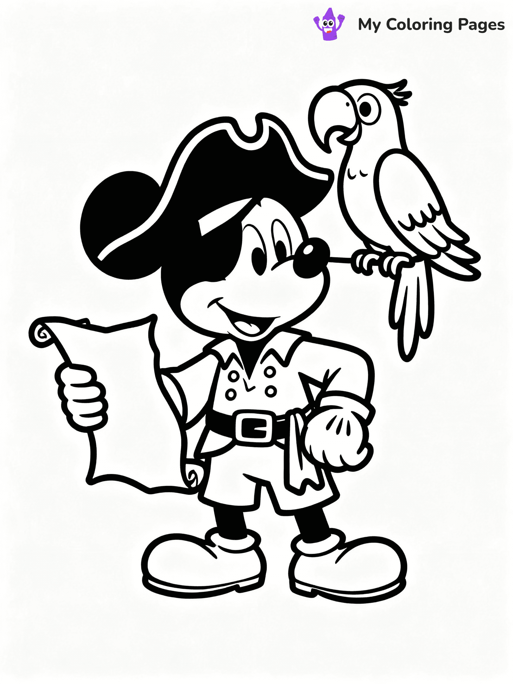 ⚠️ CRITICAL REQUIREMENT - ABSOLUTE BLACK AND WHITE ONLY ⚠️
This MUST be a BLACK AND WHITE line drawing ONLY. NO COLORS whatsoever.
- ONLY pure black lines (#000000) on pure white background (#FFFFFF)
- ABSOLUTELY NO colors, NO shading, NO gradients, NO grayscale
- If there are ANY colors in the output, the image is REJECTED
- This is a COLORING PAGE - meant to be COLORED IN by children
- The output must be UNCOLORED line art ready for coloring
⚠️ SUBJECT TO DRAW: Mickey Mouse in Disney animation style, dressed as a pirate, holding a treasure map, parrot on shoulder
(REMEMBER: Output must be BLACK AND WHITE line art only, NOT colored!)
# COLORING PAGE: BLACK OUTLINES ONLY - WHITE BACKGROUND MANDATORY
Create a **coloring book page** using EXACTLY two values: black lines, white space.
## NON-NEGOTIABLE BINARY RULES
- **ONLY #000000 (black) and #FFFFFF (white)** - NO other values exist
- **EVERY PIXEL = BLACK OR WHITE** - no gray/shading/antialiasing
- **WHITE BACKGROUND MANDATORY** - entire canvas stays white
- **ALL SHAPES HOLLOW** - everything is empty outlines waiting to be colored
- **FORBIDDEN:** fills, shading, gradients, patterns, textures, colors
- **NO SOLID REGIONS** - if it's not a thin line, it's wrong
## Universal Line Standards
- Black outlines ONLY - thin, uniform weight
- Every shape completely empty inside
- Closed contours suitable for coloring
- Simple flat illustration - zero depth/3D/realism
- **Style:** Whimsical Doodle Art Alley - rounded, friendly outlines (unless specified)
## Everything = Outline Only
- Characters/animals: hollow shapes
- Objects/clothing: empty contours
- Backgrounds/scenery: line work only
- Natural elements: outlined forms
- Dark/night areas: don't exist (use outlined symbols)
- Textures/patterns: convert to simple lines
## The Test
Can a child color EVERY white space with crayons? If any area is pre-filled/shaded/gray or colored in, it FAILS. Every shape must be waiting to receive color.
**FINAL OUTPUT**: Binary coloring page. Black lines define shapes. White spaces ready for coloring. Nothing else exists. No exceptions. Print-ready.
⚠️ FINAL REMINDER: Draw the subject "Mickey Mouse in Disney animation style, dressed as a pirate, holding a treasure map, parrot on shoulder" as BLACK AND WHITE line art. Zero colors in output.