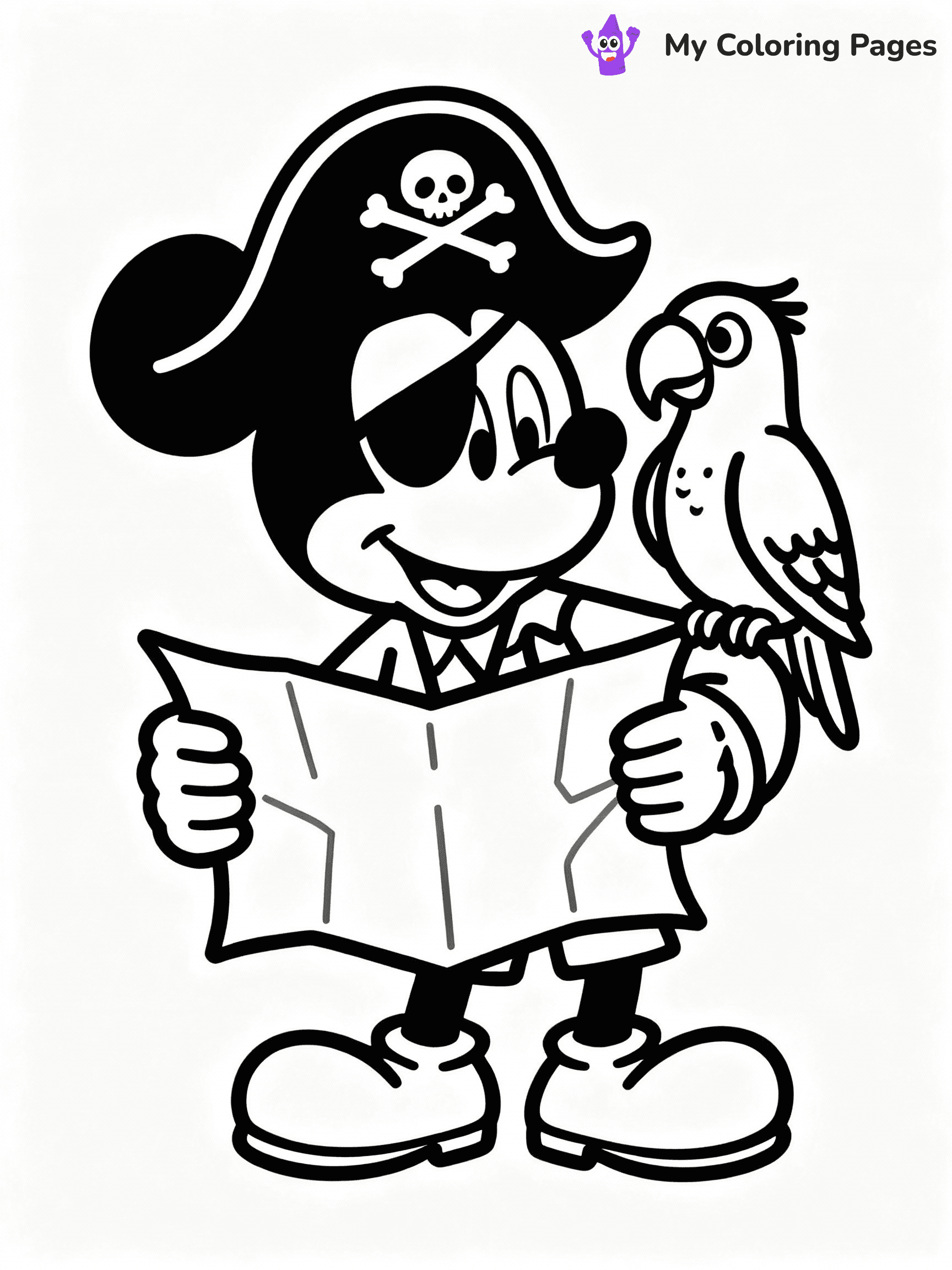 ⚠️ CRITICAL REQUIREMENT - ABSOLUTE BLACK AND WHITE ONLY ⚠️
This MUST be a BLACK AND WHITE line drawing ONLY. NO COLORS whatsoever.
- ONLY pure black lines (#000000) on pure white background (#FFFFFF)
- ABSOLUTELY NO colors, NO shading, NO gradients, NO grayscale
- If there are ANY colors in the output, the image is REJECTED
- This is a COLORING PAGE - meant to be COLORED IN by children
- The output must be UNCOLORED line art ready for coloring
⚠️ SUBJECT TO DRAW: Mickey Mouse in Disney animation style, dressed as a pirate, holding a treasure map, parrot on shoulder
(REMEMBER: Output must be BLACK AND WHITE line art only, NOT colored!)
# COLORING PAGE: BLACK OUTLINES ONLY - WHITE BACKGROUND MANDATORY
Create a **coloring book page** using EXACTLY two values: black lines, white space.
## NON-NEGOTIABLE BINARY RULES
- **ONLY #000000 (black) and #FFFFFF (white)** - NO other values exist
- **EVERY PIXEL = BLACK OR WHITE** - no gray/shading/antialiasing
- **WHITE BACKGROUND MANDATORY** - entire canvas stays white
- **ALL SHAPES HOLLOW** - everything is empty outlines waiting to be colored
- **FORBIDDEN:** fills, shading, gradients, patterns, textures, colors
- **NO SOLID REGIONS** - if it's not a thin line, it's wrong
## Universal Line Standards
- Black outlines ONLY - thin, uniform weight
- Every shape completely empty inside
- Closed contours suitable for coloring
- Simple flat illustration - zero depth/3D/realism
- **Style:** Whimsical Doodle Art Alley - rounded, friendly outlines (unless specified)
## Everything = Outline Only
- Characters/animals: hollow shapes
- Objects/clothing: empty contours
- Backgrounds/scenery: line work only
- Natural elements: outlined forms
- Dark/night areas: don't exist (use outlined symbols)
- Textures/patterns: convert to simple lines
## The Test
Can a child color EVERY white space with crayons? If any area is pre-filled/shaded/gray or colored in, it FAILS. Every shape must be waiting to receive color.
**FINAL OUTPUT**: Binary coloring page. Black lines define shapes. White spaces ready for coloring. Nothing else exists. No exceptions. Print-ready.
⚠️ FINAL REMINDER: Draw the subject "Mickey Mouse in Disney animation style, dressed as a pirate, holding a treasure map, parrot on shoulder" as BLACK AND WHITE line art. Zero colors in output.