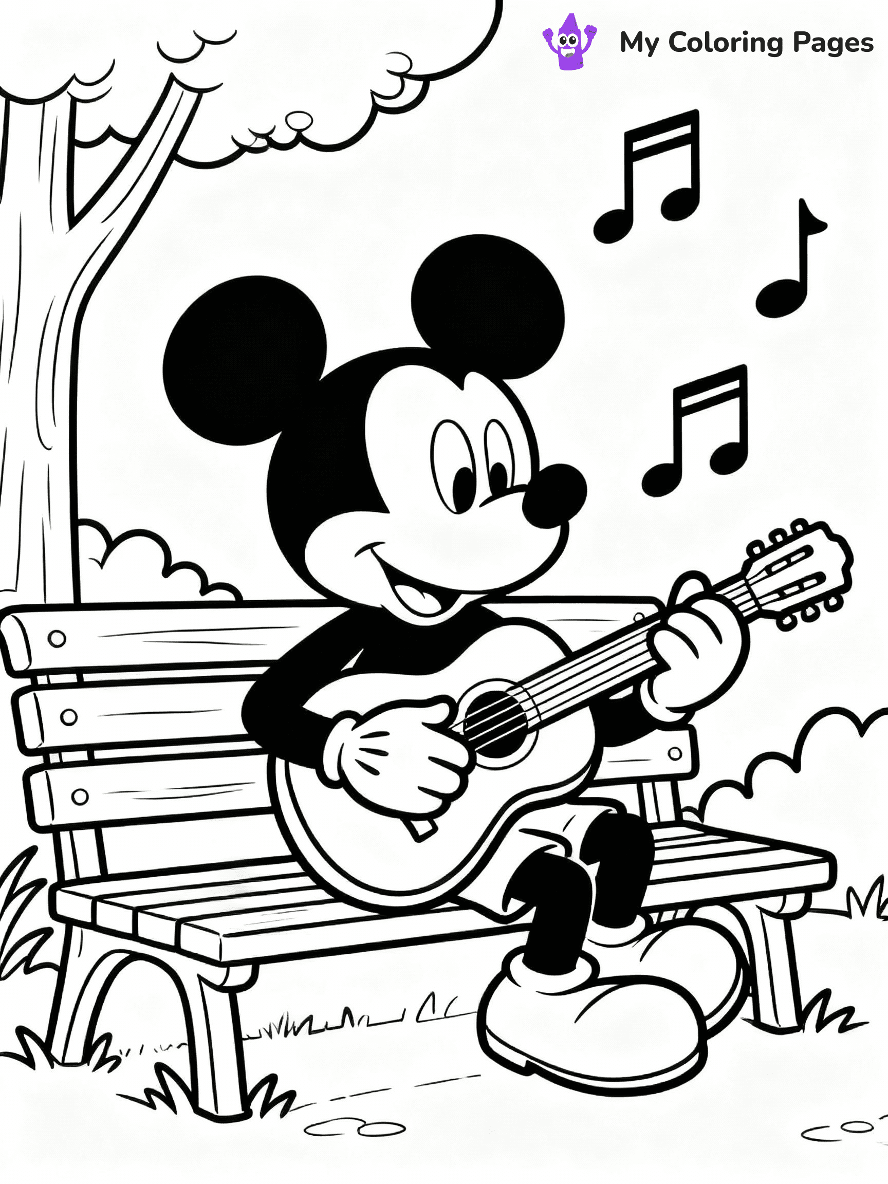 ⚠️ CRITICAL REQUIREMENT - ABSOLUTE BLACK AND WHITE ONLY ⚠️
This MUST be a BLACK AND WHITE line drawing ONLY. NO COLORS whatsoever.
- ONLY pure black lines (#000000) on pure white background (#FFFFFF)
- ABSOLUTELY NO colors, NO shading, NO gradients, NO grayscale
- If there are ANY colors in the output, the image is REJECTED
- This is a COLORING PAGE - meant to be COLORED IN by children
- The output must be UNCOLORED line art ready for coloring
⚠️ SUBJECT TO DRAW: Mickey Mouse in Disney animation style, playing guitar, sitting on a park bench, musical notes around
(REMEMBER: Output must be BLACK AND WHITE line art only, NOT colored!)
# COLORING PAGE: BLACK OUTLINES ONLY - WHITE BACKGROUND MANDATORY
Create a **coloring book page** using EXACTLY two values: black lines, white space.
## NON-NEGOTIABLE BINARY RULES
- **ONLY #000000 (black) and #FFFFFF (white)** - NO other values exist
- **EVERY PIXEL = BLACK OR WHITE** - no gray/shading/antialiasing
- **WHITE BACKGROUND MANDATORY** - entire canvas stays white
- **ALL SHAPES HOLLOW** - everything is empty outlines waiting to be colored
- **FORBIDDEN:** fills, shading, gradients, patterns, textures, colors
- **NO SOLID REGIONS** - if it's not a thin line, it's wrong
## Universal Line Standards
- Black outlines ONLY - thin, uniform weight
- Every shape completely empty inside
- Closed contours suitable for coloring
- Simple flat illustration - zero depth/3D/realism
- **Style:** Whimsical Doodle Art Alley - rounded, friendly outlines (unless specified)
## Everything = Outline Only
- Characters/animals: hollow shapes
- Objects/clothing: empty contours
- Backgrounds/scenery: line work only
- Natural elements: outlined forms
- Dark/night areas: don't exist (use outlined symbols)
- Textures/patterns: convert to simple lines
## The Test
Can a child color EVERY white space with crayons? If any area is pre-filled/shaded/gray or colored in, it FAILS. Every shape must be waiting to receive color.
**FINAL OUTPUT**: Binary coloring page. Black lines define shapes. White spaces ready for coloring. Nothing else exists. No exceptions. Print-ready.
⚠️ FINAL REMINDER: Draw the subject "Mickey Mouse in Disney animation style, playing guitar, sitting on a park bench, musical notes around" as BLACK AND WHITE line art. Zero colors in output.