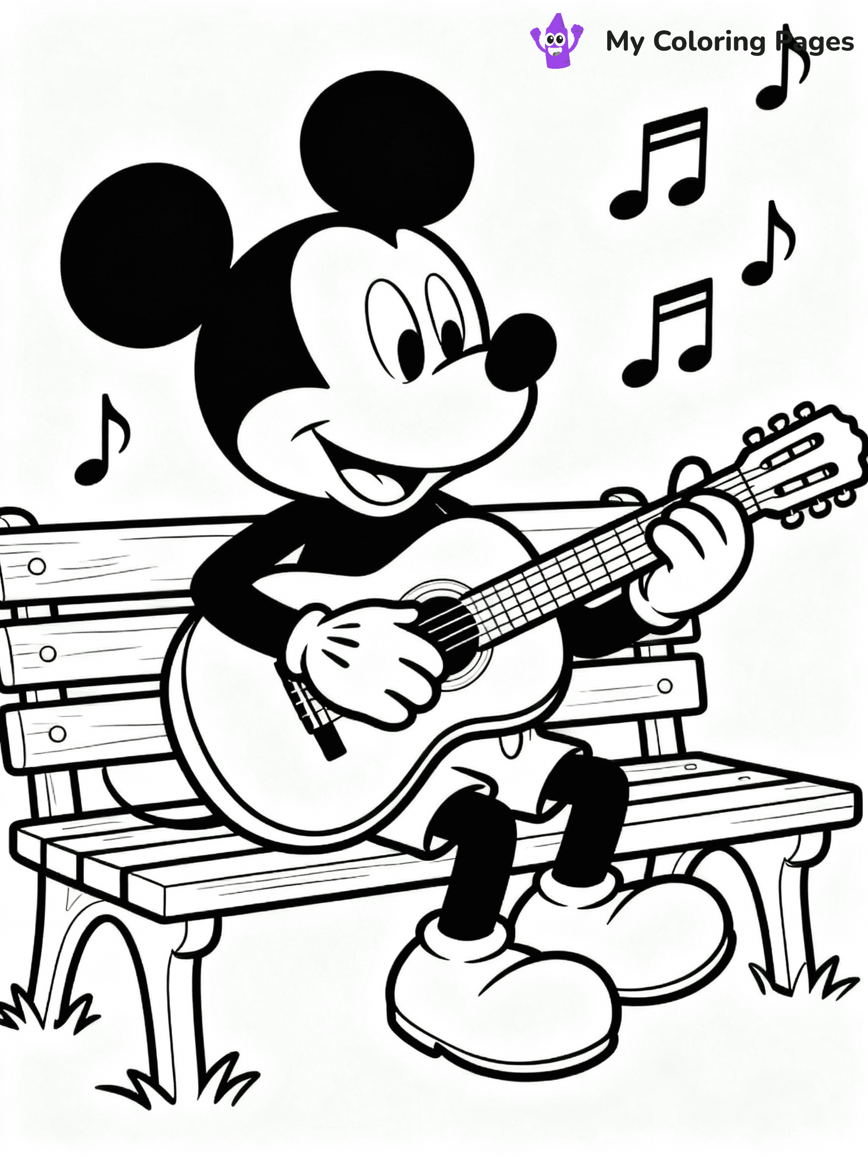 ⚠️ CRITICAL REQUIREMENT - ABSOLUTE BLACK AND WHITE ONLY ⚠️
This MUST be a BLACK AND WHITE line drawing ONLY. NO COLORS whatsoever.
- ONLY pure black lines (#000000) on pure white background (#FFFFFF)
- ABSOLUTELY NO colors, NO shading, NO gradients, NO grayscale
- If there are ANY colors in the output, the image is REJECTED
- This is a COLORING PAGE - meant to be COLORED IN by children
- The output must be UNCOLORED line art ready for coloring
⚠️ SUBJECT TO DRAW: Mickey Mouse in Disney animation style, playing guitar, sitting on a park bench, musical notes around
(REMEMBER: Output must be BLACK AND WHITE line art only, NOT colored!)
# COLORING PAGE: BLACK OUTLINES ONLY - WHITE BACKGROUND MANDATORY
Create a **coloring book page** using EXACTLY two values: black lines, white space.
## NON-NEGOTIABLE BINARY RULES
- **ONLY #000000 (black) and #FFFFFF (white)** - NO other values exist
- **EVERY PIXEL = BLACK OR WHITE** - no gray/shading/antialiasing
- **WHITE BACKGROUND MANDATORY** - entire canvas stays white
- **ALL SHAPES HOLLOW** - everything is empty outlines waiting to be colored
- **FORBIDDEN:** fills, shading, gradients, patterns, textures, colors
- **NO SOLID REGIONS** - if it's not a thin line, it's wrong
## Universal Line Standards
- Black outlines ONLY - thin, uniform weight
- Every shape completely empty inside
- Closed contours suitable for coloring
- Simple flat illustration - zero depth/3D/realism
- **Style:** Whimsical Doodle Art Alley - rounded, friendly outlines (unless specified)
## Everything = Outline Only
- Characters/animals: hollow shapes
- Objects/clothing: empty contours
- Backgrounds/scenery: line work only
- Natural elements: outlined forms
- Dark/night areas: don't exist (use outlined symbols)
- Textures/patterns: convert to simple lines
## The Test
Can a child color EVERY white space with crayons? If any area is pre-filled/shaded/gray or colored in, it FAILS. Every shape must be waiting to receive color.
**FINAL OUTPUT**: Binary coloring page. Black lines define shapes. White spaces ready for coloring. Nothing else exists. No exceptions. Print-ready.
⚠️ FINAL REMINDER: Draw the subject "Mickey Mouse in Disney animation style, playing guitar, sitting on a park bench, musical notes around" as BLACK AND WHITE line art. Zero colors in output.