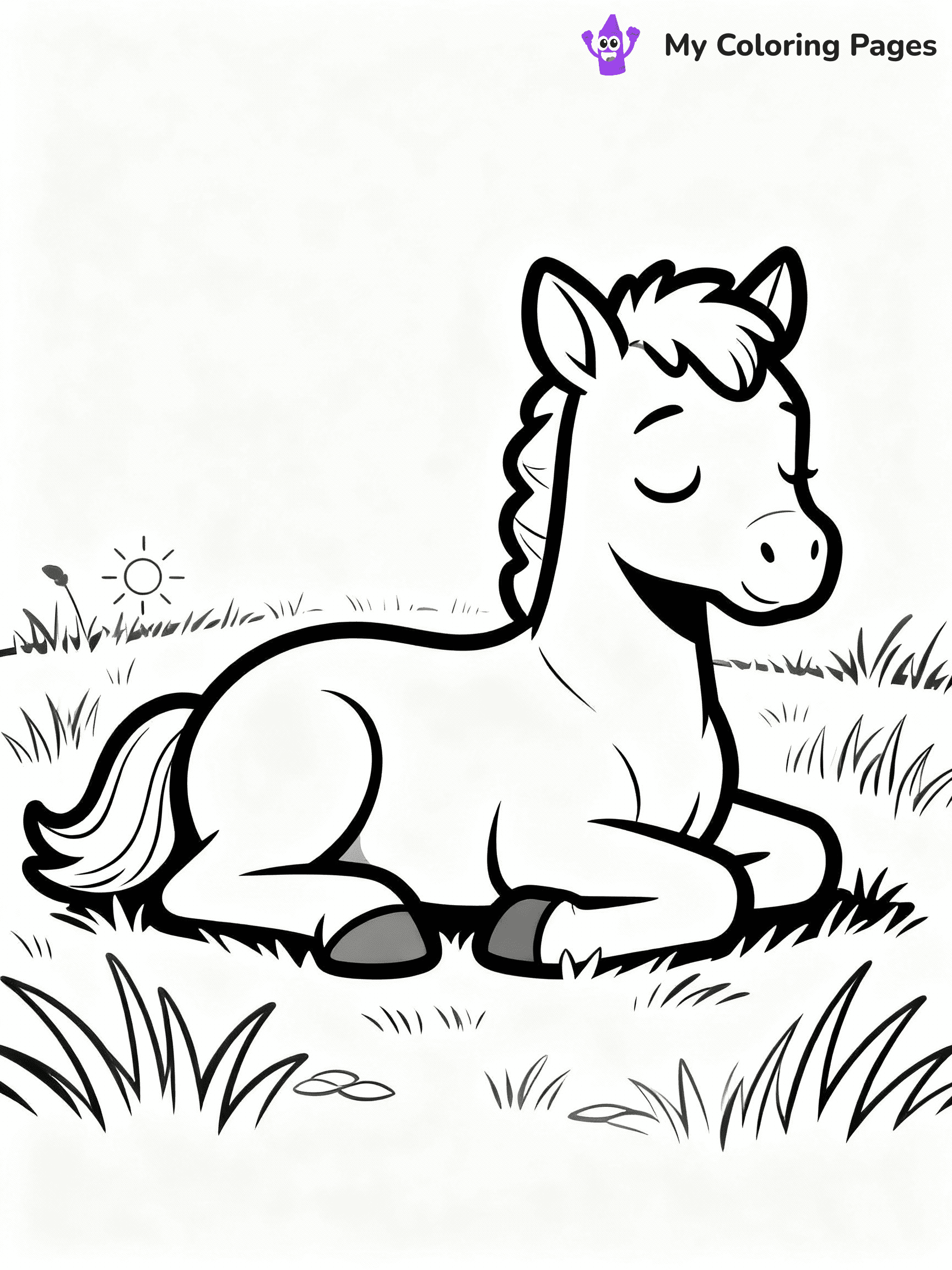 ⚠️ CRITICAL REQUIREMENT - ABSOLUTE BLACK AND WHITE ONLY ⚠️
This MUST be a BLACK AND WHITE line drawing ONLY. NO COLORS whatsoever.
- ONLY pure black lines (#000000) on pure white background (#FFFFFF)
- ABSOLUTELY NO colors, NO shading, NO gradients, NO grayscale
- If there are ANY colors in the output, the image is REJECTED
- This is a COLORING PAGE - meant to be COLORED IN by children
- The output must be UNCOLORED line art ready for coloring
⚠️ SUBJECT TO DRAW: Baby horse from horse-themed coloring pages lying in a sunny meadow, eyes closed. Important: PURE OUTLINES. NO FILLS, COLOR, SHADING, OR GREYSCALE. WHITE BACKGROUND.
(REMEMBER: Output must be BLACK AND WHITE line art only, NOT colored!)
# Flat, Friendly Cartoon Line-Art Coloring Page
You are generating a **pure black-and-white binary image** of a child-friendly cartoon scene combining characters and background scenery in one cohesive composition.
## Rendering Rules (Strict)
- Only two colors: pure black (#000000) outlines and pure white (#FFFFFF) background.
- No grayscale, shading, gradients, tints, fills, transparency, or partial pixels.
- No antialiasing or blended edges; every pixel is 100% black or white.
- No solid black fills inside shapes — all areas inside outlines must remain white.
- No dark clothing areas or filled tone blocks; all garments outlined only.
- No shadows, textures, lighting, or tonal variations.
- Must look like flat binary vector line-art for coloring pages.
## Drawing & Composition
- **Medium, consistent line weight**; clean closed outlines easy to color inside.
- **Flat, simple, child-friendly design** — no realism or 3D depth.
- Characters are **grounded on a surface**, centered and large.
- **Balanced composition** with clear silhouettes and minimal props.
## Scenery & Style
- Landmarks (e.g., mosque, CN Tower) and scenery (trees, benches, waves) drawn with **black outlines only.**
- For real-world figures, teams, or places, show accurate details using only black outlines—no text or logos. Use distinctive uniform patterns, abstract symbols, and landmark silhouettes to convey identity.
- Keep **consistent perspective**; no floating elements.
- **Style:** whimsical **Doodle Art Alley** — rounded, friendly outlines.
- May adapt shapes from **Crayola, Disney, Peppa Pig, Cocomelon** — *by shape only, never color.*
- Final output: **flat, crisp, binary (#000000/#FFFFFF)**, **no filled color or background text.**
EXTREMELYE IMPORTANT:
- PURE BINARY LINE-ART; NO FILLS (HAIR/CLOTHES/SKIN), SHADING, OR GREY.
- NO SHADING, COLOR. MUST BE WHITE BACKGROUND.
⚠️ FINAL REMINDER: Draw the subject "Baby horse from horse-themed coloring pages lying in a sunny meadow, eyes closed. Important: PURE OUTLINES. NO FILLS, COLOR, SHADING, OR GREYSCALE. WHITE BACKGROUND." as BLACK AND WHITE line art. Zero colors in output.