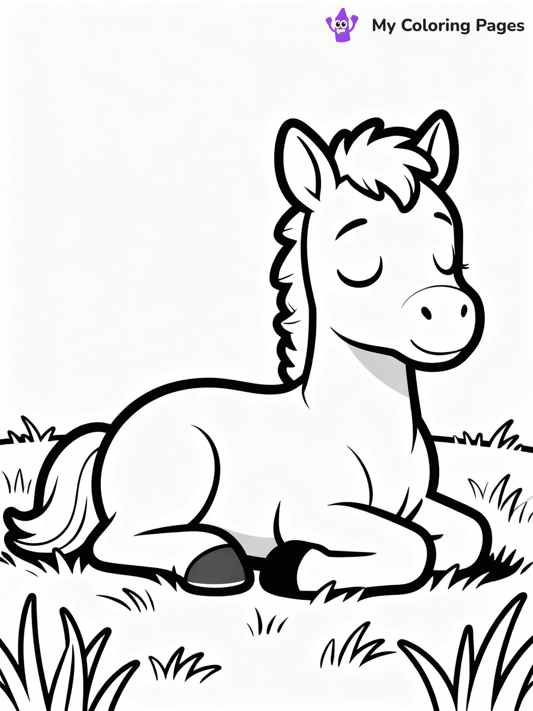 ⚠️ CRITICAL REQUIREMENT - ABSOLUTE BLACK AND WHITE ONLY ⚠️
This MUST be a BLACK AND WHITE line drawing ONLY. NO COLORS whatsoever.
- ONLY pure black lines (#000000) on pure white background (#FFFFFF)
- ABSOLUTELY NO colors, NO shading, NO gradients, NO grayscale
- If there are ANY colors in the output, the image is REJECTED
- This is a COLORING PAGE - meant to be COLORED IN by children
- The output must be UNCOLORED line art ready for coloring
⚠️ SUBJECT TO DRAW: Baby horse from horse-themed coloring pages lying in a sunny meadow, eyes closed. Important: PURE OUTLINES. NO FILLS, COLOR, SHADING, OR GREYSCALE. WHITE BACKGROUND.
(REMEMBER: Output must be BLACK AND WHITE line art only, NOT colored!)
# Flat, Friendly Cartoon Line-Art Coloring Page
You are generating a **pure black-and-white binary image** of a child-friendly cartoon scene combining characters and background scenery in one cohesive composition.
## Rendering Rules (Strict)
- Only two colors: pure black (#000000) outlines and pure white (#FFFFFF) background.
- No grayscale, shading, gradients, tints, fills, transparency, or partial pixels.
- No antialiasing or blended edges; every pixel is 100% black or white.
- No solid black fills inside shapes — all areas inside outlines must remain white.
- No dark clothing areas or filled tone blocks; all garments outlined only.
- No shadows, textures, lighting, or tonal variations.
- Must look like flat binary vector line-art for coloring pages.
## Drawing & Composition
- **Medium, consistent line weight**; clean closed outlines easy to color inside.
- **Flat, simple, child-friendly design** — no realism or 3D depth.
- Characters are **grounded on a surface**, centered and large.
- **Balanced composition** with clear silhouettes and minimal props.
## Scenery & Style
- Landmarks (e.g., mosque, CN Tower) and scenery (trees, benches, waves) drawn with **black outlines only.**
- For real-world figures, teams, or places, show accurate details using only black outlines—no text or logos. Use distinctive uniform patterns, abstract symbols, and landmark silhouettes to convey identity.
- Keep **consistent perspective**; no floating elements.
- **Style:** whimsical **Doodle Art Alley** — rounded, friendly outlines.
- May adapt shapes from **Crayola, Disney, Peppa Pig, Cocomelon** — *by shape only, never color.*
- Final output: **flat, crisp, binary (#000000/#FFFFFF)**, **no filled color or background text.**
EXTREMELYE IMPORTANT:
- PURE BINARY LINE-ART; NO FILLS (HAIR/CLOTHES/SKIN), SHADING, OR GREY.
- NO SHADING, COLOR. MUST BE WHITE BACKGROUND.
⚠️ FINAL REMINDER: Draw the subject "Baby horse from horse-themed coloring pages lying in a sunny meadow, eyes closed. Important: PURE OUTLINES. NO FILLS, COLOR, SHADING, OR GREYSCALE. WHITE BACKGROUND." as BLACK AND WHITE line art. Zero colors in output.