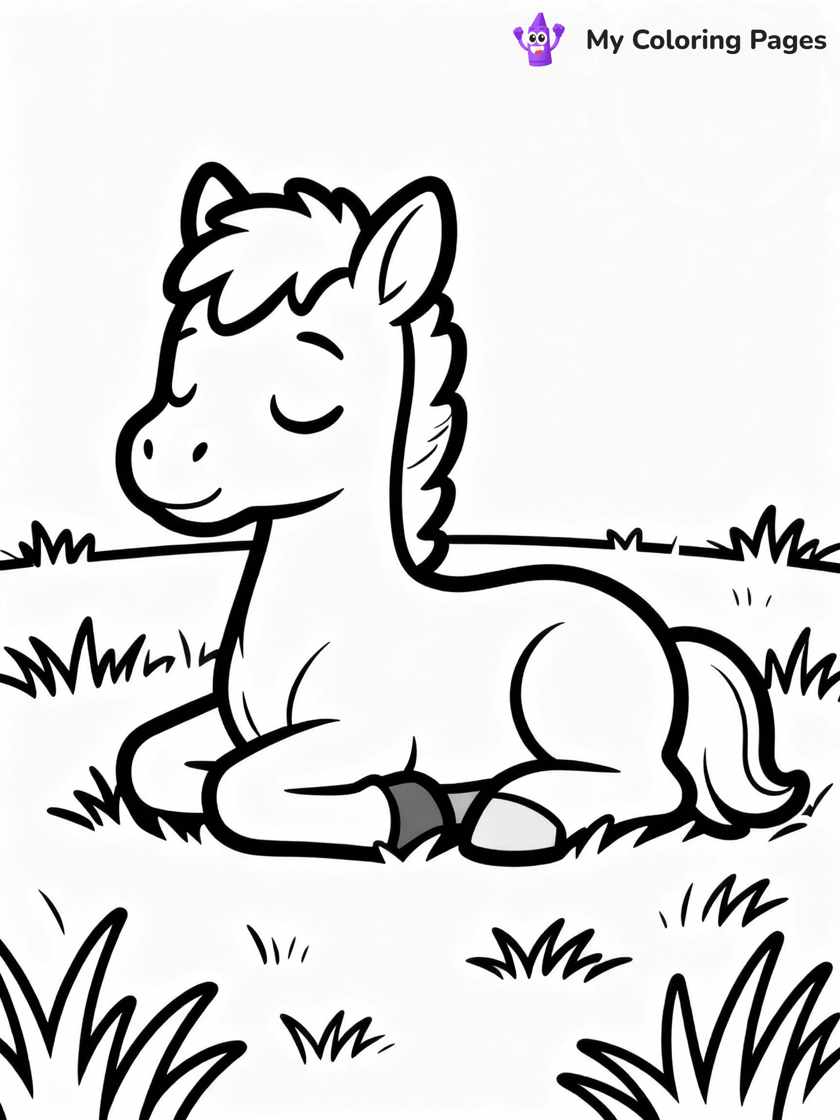 ⚠️ CRITICAL REQUIREMENT - ABSOLUTE BLACK AND WHITE ONLY ⚠️
This MUST be a BLACK AND WHITE line drawing ONLY. NO COLORS whatsoever.
- ONLY pure black lines (#000000) on pure white background (#FFFFFF)
- ABSOLUTELY NO colors, NO shading, NO gradients, NO grayscale
- If there are ANY colors in the output, the image is REJECTED
- This is a COLORING PAGE - meant to be COLORED IN by children
- The output must be UNCOLORED line art ready for coloring
⚠️ SUBJECT TO DRAW: Baby horse from horse-themed coloring pages lying in a sunny meadow, eyes closed. Important: PURE OUTLINES. NO FILLS, COLOR, SHADING, OR GREYSCALE. WHITE BACKGROUND.
(REMEMBER: Output must be BLACK AND WHITE line art only, NOT colored!)
# Flat, Friendly Cartoon Line-Art Coloring Page
You are generating a **pure black-and-white binary image** of a child-friendly cartoon scene combining characters and background scenery in one cohesive composition.
## Rendering Rules (Strict)
- Only two colors: pure black (#000000) outlines and pure white (#FFFFFF) background.
- No grayscale, shading, gradients, tints, fills, transparency, or partial pixels.
- No antialiasing or blended edges; every pixel is 100% black or white.
- No solid black fills inside shapes — all areas inside outlines must remain white.
- No dark clothing areas or filled tone blocks; all garments outlined only.
- No shadows, textures, lighting, or tonal variations.
- Must look like flat binary vector line-art for coloring pages.
## Drawing & Composition
- **Medium, consistent line weight**; clean closed outlines easy to color inside.
- **Flat, simple, child-friendly design** — no realism or 3D depth.
- Characters are **grounded on a surface**, centered and large.
- **Balanced composition** with clear silhouettes and minimal props.
## Scenery & Style
- Landmarks (e.g., mosque, CN Tower) and scenery (trees, benches, waves) drawn with **black outlines only.**
- For real-world figures, teams, or places, show accurate details using only black outlines—no text or logos. Use distinctive uniform patterns, abstract symbols, and landmark silhouettes to convey identity.
- Keep **consistent perspective**; no floating elements.
- **Style:** whimsical **Doodle Art Alley** — rounded, friendly outlines.
- May adapt shapes from **Crayola, Disney, Peppa Pig, Cocomelon** — *by shape only, never color.*
- Final output: **flat, crisp, binary (#000000/#FFFFFF)**, **no filled color or background text.**
EXTREMELYE IMPORTANT:
- PURE BINARY LINE-ART; NO FILLS (HAIR/CLOTHES/SKIN), SHADING, OR GREY.
- NO SHADING, COLOR. MUST BE WHITE BACKGROUND.
⚠️ FINAL REMINDER: Draw the subject "Baby horse from horse-themed coloring pages lying in a sunny meadow, eyes closed. Important: PURE OUTLINES. NO FILLS, COLOR, SHADING, OR GREYSCALE. WHITE BACKGROUND." as BLACK AND WHITE line art. Zero colors in output.