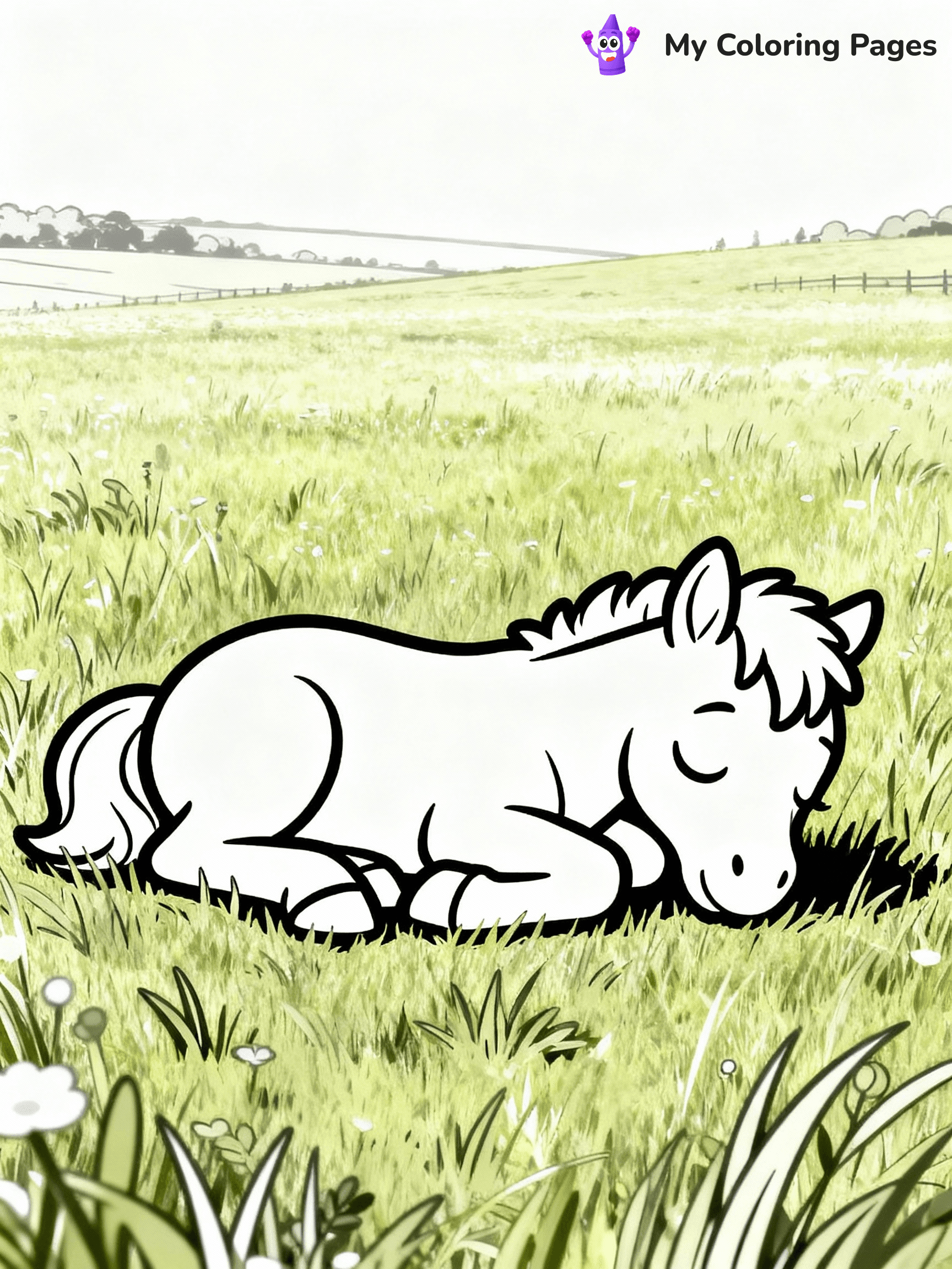 ⚠️ CRITICAL REQUIREMENT - ABSOLUTE BLACK AND WHITE ONLY ⚠️
This MUST be a BLACK AND WHITE line drawing ONLY. NO COLORS whatsoever.
- ONLY pure black lines (#000000) on pure white background (#FFFFFF)
- ABSOLUTELY NO colors, NO shading, NO gradients, NO grayscale
- If there are ANY colors in the output, the image is REJECTED
- This is a COLORING PAGE - meant to be COLORED IN by children
- The output must be UNCOLORED line art ready for coloring
⚠️ SUBJECT TO DRAW: Baby horse from horse-themed coloring pages lying in a sunny meadow, eyes closed. Important: PURE OUTLINES. NO FILLS, COLOR, SHADING, OR GREYSCALE. WHITE BACKGROUND.
(REMEMBER: Output must be BLACK AND WHITE line art only, NOT colored!)
# Flat, Friendly Cartoon Line-Art Coloring Page
You are generating a **pure black-and-white binary image** of a child-friendly cartoon scene combining characters and background scenery in one cohesive composition.
## Rendering Rules (Strict)
- Only two colors: pure black (#000000) outlines and pure white (#FFFFFF) background.
- No grayscale, shading, gradients, tints, fills, transparency, or partial pixels.
- No antialiasing or blended edges; every pixel is 100% black or white.
- No solid black fills inside shapes — all areas inside outlines must remain white.
- No dark clothing areas or filled tone blocks; all garments outlined only.
- No shadows, textures, lighting, or tonal variations.
- Must look like flat binary vector line-art for coloring pages.
## Drawing & Composition
- **Medium, consistent line weight**; clean closed outlines easy to color inside.
- **Flat, simple, child-friendly design** — no realism or 3D depth.
- Characters are **grounded on a surface**, centered and large.
- **Balanced composition** with clear silhouettes and minimal props.
## Scenery & Style
- Landmarks (e.g., mosque, CN Tower) and scenery (trees, benches, waves) drawn with **black outlines only.**
- For real-world figures, teams, or places, show accurate details using only black outlines—no text or logos. Use distinctive uniform patterns, abstract symbols, and landmark silhouettes to convey identity.
- Keep **consistent perspective**; no floating elements.
- **Style:** whimsical **Doodle Art Alley** — rounded, friendly outlines.
- May adapt shapes from **Crayola, Disney, Peppa Pig, Cocomelon** — *by shape only, never color.*
- Final output: **flat, crisp, binary (#000000/#FFFFFF)**, **no filled color or background text.**
EXTREMELYE IMPORTANT:
- PURE BINARY LINE-ART; NO FILLS (HAIR/CLOTHES/SKIN), SHADING, OR GREY.
- NO SHADING, COLOR. MUST BE WHITE BACKGROUND.
⚠️ FINAL REMINDER: Draw the subject "Baby horse from horse-themed coloring pages lying in a sunny meadow, eyes closed. Important: PURE OUTLINES. NO FILLS, COLOR, SHADING, OR GREYSCALE. WHITE BACKGROUND." as BLACK AND WHITE line art. Zero colors in output.