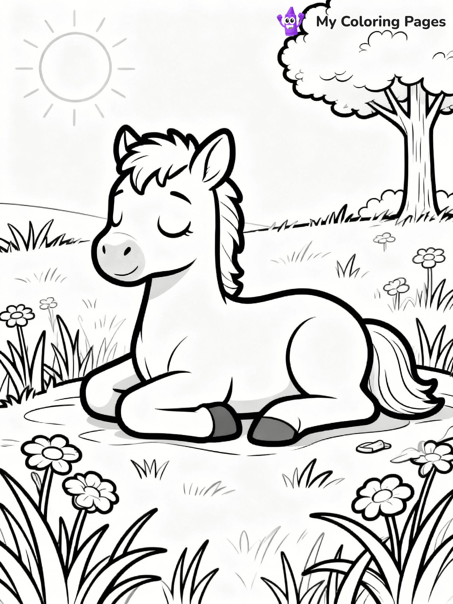 ⚠️ CRITICAL REQUIREMENT - ABSOLUTE BLACK AND WHITE ONLY ⚠️
This MUST be a BLACK AND WHITE line drawing ONLY. NO COLORS whatsoever.
- ONLY pure black lines (#000000) on pure white background (#FFFFFF)
- ABSOLUTELY NO colors, NO shading, NO gradients, NO grayscale
- If there are ANY colors in the output, the image is REJECTED
- This is a COLORING PAGE - meant to be COLORED IN by children
- The output must be UNCOLORED line art ready for coloring
⚠️ SUBJECT TO DRAW: Baby horse from horse-themed coloring pages lying in a sunny meadow, eyes closed. Important: PURE OUTLINES. NO FILLS, COLOR, SHADING, OR GREYSCALE. WHITE BACKGROUND.
(REMEMBER: Output must be BLACK AND WHITE line art only, NOT colored!)
# Flat, Friendly Cartoon Line-Art Coloring Page
You are generating a **pure black-and-white binary image** of a child-friendly cartoon scene combining characters and background scenery in one cohesive composition.
## Rendering Rules (Strict)
- Only two colors: pure black (#000000) outlines and pure white (#FFFFFF) background.
- No grayscale, shading, gradients, tints, fills, transparency, or partial pixels.
- No antialiasing or blended edges; every pixel is 100% black or white.
- No solid black fills inside shapes — all areas inside outlines must remain white.
- No dark clothing areas or filled tone blocks; all garments outlined only.
- No shadows, textures, lighting, or tonal variations.
- Must look like flat binary vector line-art for coloring pages.
## Drawing & Composition
- **Medium, consistent line weight**; clean closed outlines easy to color inside.
- **Flat, simple, child-friendly design** — no realism or 3D depth.
- Characters are **grounded on a surface**, centered and large.
- **Balanced composition** with clear silhouettes and minimal props.
## Scenery & Style
- Landmarks (e.g., mosque, CN Tower) and scenery (trees, benches, waves) drawn with **black outlines only.**
- For real-world figures, teams, or places, show accurate details using only black outlines—no text or logos. Use distinctive uniform patterns, abstract symbols, and landmark silhouettes to convey identity.
- Keep **consistent perspective**; no floating elements.
- **Style:** whimsical **Doodle Art Alley** — rounded, friendly outlines.
- May adapt shapes from **Crayola, Disney, Peppa Pig, Cocomelon** — *by shape only, never color.*
- Final output: **flat, crisp, binary (#000000/#FFFFFF)**, **no filled color or background text.**
EXTREMELYE IMPORTANT:
- PURE BINARY LINE-ART; NO FILLS (HAIR/CLOTHES/SKIN), SHADING, OR GREY.
- NO SHADING, COLOR. MUST BE WHITE BACKGROUND.
⚠️ FINAL REMINDER: Draw the subject "Baby horse from horse-themed coloring pages lying in a sunny meadow, eyes closed. Important: PURE OUTLINES. NO FILLS, COLOR, SHADING, OR GREYSCALE. WHITE BACKGROUND." as BLACK AND WHITE line art. Zero colors in output.