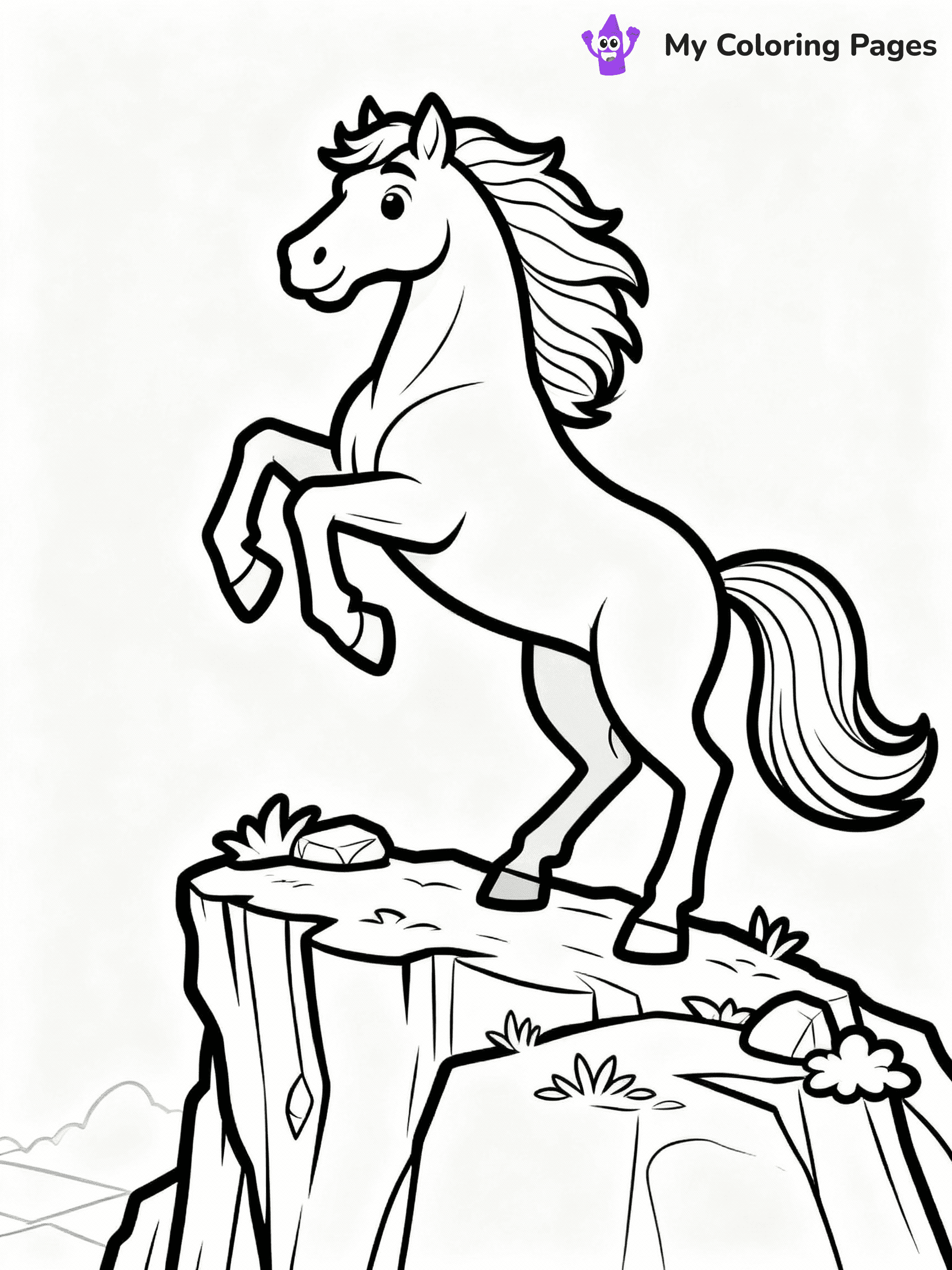 ⚠️ CRITICAL REQUIREMENT - ABSOLUTE BLACK AND WHITE ONLY ⚠️
This MUST be a BLACK AND WHITE line drawing ONLY. NO COLORS whatsoever.
- ONLY pure black lines (#000000) on pure white background (#FFFFFF)
- ABSOLUTELY NO colors, NO shading, NO gradients, NO grayscale
- If there are ANY colors in the output, the image is REJECTED
- This is a COLORING PAGE - meant to be COLORED IN by children
- The output must be UNCOLORED line art ready for coloring
⚠️ SUBJECT TO DRAW: Majestic stallion from horse-themed coloring pages rearing up on a cliff, mane flowing. Important: PURE OUTLINES. NO FILLS, COLOR, SHADING, OR GREYSCALE. WHITE BACKGROUND.
(REMEMBER: Output must be BLACK AND WHITE line art only, NOT colored!)
# Flat, Friendly Cartoon Line-Art Coloring Page
You are generating a **pure black-and-white binary image** of a child-friendly cartoon scene combining characters and background scenery in one cohesive composition.
## Rendering Rules (Strict)
- Only two colors: pure black (#000000) outlines and pure white (#FFFFFF) background.
- No grayscale, shading, gradients, tints, fills, transparency, or partial pixels.
- No antialiasing or blended edges; every pixel is 100% black or white.
- No solid black fills inside shapes — all areas inside outlines must remain white.
- No dark clothing areas or filled tone blocks; all garments outlined only.
- No shadows, textures, lighting, or tonal variations.
- Must look like flat binary vector line-art for coloring pages.
## Drawing & Composition
- **Medium, consistent line weight**; clean closed outlines easy to color inside.
- **Flat, simple, child-friendly design** — no realism or 3D depth.
- Characters are **grounded on a surface**, centered and large.
- **Balanced composition** with clear silhouettes and minimal props.
## Scenery & Style
- Landmarks (e.g., mosque, CN Tower) and scenery (trees, benches, waves) drawn with **black outlines only.**
- For real-world figures, teams, or places, show accurate details using only black outlines—no text or logos. Use distinctive uniform patterns, abstract symbols, and landmark silhouettes to convey identity.
- Keep **consistent perspective**; no floating elements.
- **Style:** whimsical **Doodle Art Alley** — rounded, friendly outlines.
- May adapt shapes from **Crayola, Disney, Peppa Pig, Cocomelon** — *by shape only, never color.*
- Final output: **flat, crisp, binary (#000000/#FFFFFF)**, **no filled color or background text.**
EXTREMELYE IMPORTANT:
- PURE BINARY LINE-ART; NO FILLS (HAIR/CLOTHES/SKIN), SHADING, OR GREY.
- NO SHADING, COLOR. MUST BE WHITE BACKGROUND.
⚠️ FINAL REMINDER: Draw the subject "Majestic stallion from horse-themed coloring pages rearing up on a cliff, mane flowing. Important: PURE OUTLINES. NO FILLS, COLOR, SHADING, OR GREYSCALE. WHITE BACKGROUND." as BLACK AND WHITE line art. Zero colors in output.